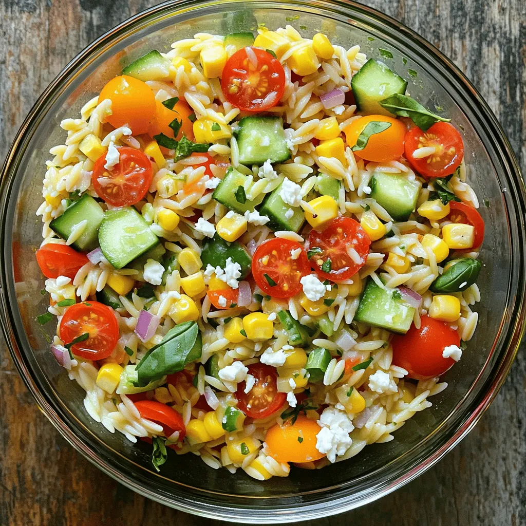 To make a vibrant rainbow orzo salad, gather these key ingredients: - 1 cup orzo pasta - 1 cup cherry tomatoes, halved - 1 cup cucumber, diced - 1 bell pepper (any color), diced - 1 cup cooked corn (fresh or canned) - 1/2 red onion, finely chopped - 1/2 cup feta cheese, crumbled These ingredients bring colors and textures to your plate. The orzo serves as a hearty base, while the veggies add crunch and freshness. Get creative with optional add-ins that enhance the salad: - Avocado, diced - Black olives, sliced - Fresh herbs like parsley or dill - Chickpeas for added protein These add-ins let you customize your salad. They can also boost flavor and nutrition. A simple dressing ties everything together. For the dressing, you need: - 2 tablespoons olive oil - 1 tablespoon lemon juice - 1 teaspoon dried oregano - Salt and pepper to taste This dressing is light and fresh. It highlights the salad's bright flavors without overpowering them. For the full recipe, check the [Full Recipe]. First, boil water in a large pot. Add salt for flavor. Once the water boils, add 1 cup of orzo pasta. Cook it for about 8 to 10 minutes. You want it to be al dente, which means firm to the bite. After cooking, drain the pasta and rinse it under cold water. This stops the cooking process and cools it down. While the orzo cooks, you can chop the fresh veggies. Start with the cucumber. Dice it into small pieces. Next, take a bell pepper and dice it as well. Any color works great! Then, halve the cherry tomatoes. If you are using fresh corn, now is the time to cook it briefly in boiling water. Cool it down after cooking so it mixes well. In a large mixing bowl, add the cooled orzo. Toss in the halved cherry tomatoes, diced cucumber, and bell pepper. Add the cooked corn and finely chopped red onion. Mix these ingredients gently. The colors and textures should look bright and inviting. Now, let’s make the dressing. In a small bowl, whisk together 2 tablespoons of olive oil, 1 tablespoon of lemon juice, and 1 teaspoon of dried oregano. Season with salt and pepper to taste. Pour this dressing over the salad mix. Stir well to coat everything evenly. For the full recipe, don't forget to check the detailed instructions. Enjoy your vibrant Rainbow Orzo Salad! To cook orzo, bring a large pot of salted water to a boil. Add the orzo pasta and cook it for about 8 to 10 minutes. You want it to be al dente, which means it should be firm but not hard. Once cooked, drain the pasta and rinse it under cold water. This stops the cooking process and cools it down quickly. Serve your rainbow orzo salad chilled for the best taste. You can add fresh herbs like basil or parsley to enhance the flavor. If you want a bit more zing, try squeezing some lemon juice over the top. Pair this salad with grilled chicken or fish for a full meal. It also makes a great side dish for barbecues. A clear glass bowl works best for serving this salad. It shows off the bright colors of the veggies. To make it even more appealing, drizzle a little extra olive oil before serving. Add a few whole basil leaves on top for a pop of green. This not only looks great but also adds fresh flavor. For the full recipe, check out the complete instructions. {{image_2}} You can make this salad purely vegetarian by skipping the feta cheese. Instead, try using avocado for creaminess. You can also add more veggies like spinach or kale for extra nutrients. Roasted chickpeas are another great way to add texture and flavor. They are crunchy and will give your salad a nice bite. If you want to make your salad more filling, add some protein. Grilled chicken or shrimp works well here. You can also use canned beans like black beans or chickpeas. They add protein and fiber, making the salad even healthier. Tofu is another option, and it soaks up flavors nicely. Feel free to swap ingredients based on what’s in season. In spring, add peas or asparagus for freshness. In summer, try adding zucchini or bell peppers for crunch. In fall, diced apples or roasted sweet potatoes can add sweetness. Winter months call for roasted Brussels sprouts or beets for a hearty touch. Each season brings new flavors to explore in your rainbow orzo salad. For the full recipe, check out the details above. To store leftover Rainbow Orzo Salad, place it in an airtight container. Make sure the lid seals tightly. This keeps the salad fresh and tasty. You can keep it in the fridge for up to three days. If you see any liquid in the container, drain it before serving again. The flavors will meld, making the salad even better. When you make this salad, keep the ingredients separate until serving. Store the orzo, veggies, and dressing in different containers. This way, the salad stays crisp. Fresh veggies taste best, so try to use them within a couple of days. If you have leftover feta, store it in its liquid to keep it moist. You can enjoy Rainbow Orzo Salad cold or at room temperature. If you prefer it warm, heat the orzo gently in a pot. Avoid overheating as it can make the salad mushy. Once warmed, add the fresh ingredients and dressing. Mix well before serving. This salad shines with its colors and flavors, making it a delightful dish. For the full recipe, check out the details above. Rainbow Orzo Salad can last about 3 to 5 days in the fridge. Store it in an airtight container. Keep it cool to maintain its fresh taste. If you spot any changes in color or smell, toss it out. Yes, you can use regular pasta instead of orzo. Choose a small shape like fusilli or shells. Cook it according to package instructions. The salad will still taste great. You can try many dressings with this salad. A balsamic vinaigrette adds a sweet touch. A yogurt-based dressing gives a creamy feel. Experiment to find what you love best! Yes, Rainbow Orzo Salad is great for meal prep. Make a batch at the start of the week. It stays tasty and fresh, making it a perfect lunch option. Just keep the dressing separate until you're ready to eat. Check out the Full Recipe for more tips! Rainbow Orzo Salad is a great dish full of flavor and color. We covered key ingredients, from the main orzo to tasty add-ins. The step-by-step instructions help you create it with ease. Tips on cooking orzo and presentation add extra joy. You can also personalize the salad with various options. Storing it right keeps leftovers fresh and tasty. With all these ideas, you now have the perfect recipe for any occasion. Enjoy your cooking journey and share your creations!