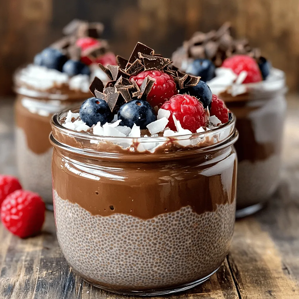 Chia seeds are tiny, black seeds. They come from the Salvia hispanica plant. These seeds are full of good stuff. They have fiber, protein, and omega-3 fatty acids. When you soak them, they swell and turn gel-like. This makes them great for puddings. They help add a fun texture to our chocolate chia pudding. For a rich taste, we use simple, quality ingredients. Here are the main ones: - Chia seeds: They provide the base. - Almond milk: This gives creaminess. You can use any milk you like. - Cocoa powder: This adds deep, chocolate flavor. Use unsweetened for best results. - Maple syrup: It sweetens the pudding. Honey works too if you prefer. - Vanilla extract: This brings warmth to the dish. - Salt: Just a pinch enhances all the flavors. Mixing these ingredients creates a smooth and creamy delight. Each bite is a tasty treat! Toppings make the pudding even better. Here are a few fun ideas: - Fresh berries: Strawberries, blueberries, or raspberries add color and flavor. - Shredded coconut: This gives a tropical touch. - Dark chocolate shavings: If you love chocolate, this is a must! Feel free to play around with toppings. They can change the look and taste. Enjoy customizing your chocolate chia pudding! For the full recipe, see above. To start, grab a mixing bowl. Add 1/2 cup of chia seeds. Pour in 2 cups of almond milk. You can use any milk you like. Next, add 1/4 cup of unsweetened cocoa powder. This gives the pudding its rich chocolate flavor. Then, add 1/4 cup of maple syrup or honey for sweetness. Don’t forget 1 teaspoon of vanilla extract and a pinch of salt. Whisk all the ingredients together for about 1-2 minutes. Make sure everything blends well. This step is key to avoid clumps. After mixing, let the bowl sit for about 5 minutes. This allows the chia seeds to absorb the liquid. Then, whisk the mixture again. This helps to keep the seeds from settling at the bottom. Cover the bowl with plastic wrap or transfer it to jars. Place it in the refrigerator. Chill for at least 2 hours, but overnight is best. This time lets the pudding thicken properly. When you're ready to serve, stir the pudding well. This breaks up any lumps that may form. Spoon the pudding into bowls or cups. Top it with fresh berries for a fruity touch. You can also add shredded coconut for texture. If you're feeling fancy, sprinkle on some dark chocolate shavings. This adds a rich finish to your treat. Enjoy your delightful chocolate chia pudding! For the complete recipe, see the Full Recipe. To get that creamy texture, start with the right mix. Combine your chia seeds with almond milk and cocoa powder well. I whisk it for about 1-2 minutes. This ensures the seeds and cocoa blend thoroughly. After mixing, let it rest for 5 minutes. Then, whisk again to keep the seeds from sinking. Chill it for at least 2 hours. Overnight is best for a thick, creamy pudding. Sweetness is key. I like to use maple syrup, but honey works too. Start with 1/4 cup, then taste it. If you want it sweeter, add more syrup little by little. You can also use a sugar substitute if you prefer. Just remember, taste as you go! Clumping is common, but easy to avoid. When you mix your ingredients, whisk vigorously. This helps break up any clumps. Letting it sit for 5 minutes and whisking again also helps. If you do see lumps after chilling, just stir it well before serving. Enjoy your creamy delight with no worries! {{image_2}} You can add different flavors to your chocolate chia pudding. For a twist, mix in some espresso powder. This will give it a rich coffee flavor. You can also try adding peppermint extract for a minty taste. Just a few drops can make a big change. Want a fruit twist? Blend in some banana or orange zest. Each flavor brings its own joy to this creamy delight. If you want a dairy-free version, use plant-based milk. Almond milk works well, but you can try coconut or oat milk too. Each will give a unique taste. You can also substitute maple syrup with agave nectar or brown rice syrup. This way, you keep the pudding rich and creamy without dairy. Turn your chia pudding into a layered parfait. Start with a layer of chocolate chia pudding. Then, add a layer of yogurt or whipped coconut cream. Top with fresh berries for color and taste. Repeat the layers until your cup is full. This makes a fun and pretty dessert. Kids love it, and it looks great on a table. For the full recipe, check out the detailed steps above! To keep your chocolate chia pudding fresh, store it in the fridge. Use airtight containers or jars. This prevents air from spoiling the pudding. Make sure to cover it well. You can eat it straight from the jar too! Just give it a good stir before serving. You can freeze chocolate chia pudding for later use. Pour the pudding into ice cube trays or small containers. This way, you can take out just what you need. When ready to eat, thaw it in the fridge overnight. Stir it well before enjoying it again. When stored properly, chocolate chia pudding lasts about 5 days in the fridge. After that, it may lose its creamy texture and taste. If you freeze it, it can last up to 3 months. Always check for any off smells or changes in texture before eating. Chia seeds are tiny but mighty. They are packed with fiber, which helps digestion. These seeds also contain protein, which supports muscle growth. Omega-3 fatty acids in chia seeds can help heart health. They are rich in antioxidants, which fight damage from harmful substances. Eating chia seeds may help you feel full, which can aid weight loss. They are also gluten-free, making them great for many diets. Yes, you can use any milk you like! Almond milk, soy milk, and oat milk all work well. Each type of milk brings its own flavor and texture. If you want a creamier pudding, try coconut milk. You can even mix different milks for a unique taste. Just remember to adjust the recipe to keep the same amount of liquid. Chocolate chia pudding lasts about 4 to 5 days in the fridge. Store it in an airtight container to keep it fresh. If you notice any change in smell or texture, it's best to toss it out. You can enjoy this pudding for breakfast or as a snack. It’s a quick and easy treat! For the full recipe, check out the details above. In this post, we explored the world of chocolate chia pudding. We covered ingredients, step-by-step instructions, and tips for the perfect texture. You also learned about delicious variations and storage methods. Chocolate chia pudding is easy to make and full of nutrients. Feel free to experiment with flavors and toppings. Enjoy making this tasty treat that fits your needs!