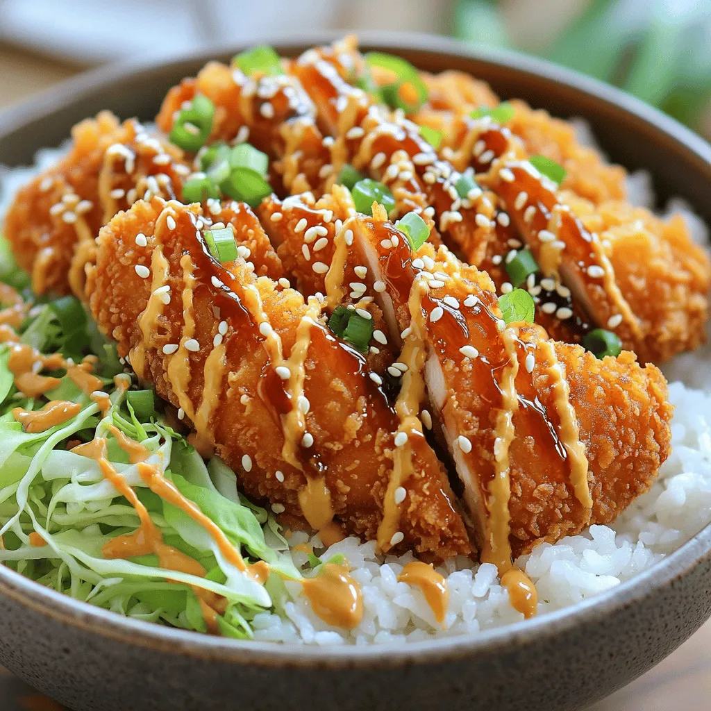 - 2 boneless chicken breasts - 1 cup panko breadcrumbs - 1/2 cup all-purpose flour To create a great katsu bowl, start with boneless chicken breasts. These cook evenly and stay juicy. Panko breadcrumbs add a nice crunch. They are lighter than regular breadcrumbs. All-purpose flour helps the coating stick well. - 1 teaspoon garlic powder - 1 teaspoon onion powder - 1/2 cup tonkatsu sauce - 2 cups cooked jasmine rice - 1/2 cup shredded cabbage - 1/4 cup sliced green onions Seasonings make the chicken flavorful. Garlic powder and onion powder give it a tasty kick. Tonkatsu sauce is a must-have for serving. It adds a sweet and savory touch. Serve the chicken over jasmine rice for a filling meal. Fresh vegetables like cabbage and green onions add crunch and color. - Sesame seeds for garnish - Variations of protein (pork, tofu) You can add sesame seeds for extra flavor and a nice look. If you want to try something different, use pork or tofu instead of chicken. This keeps the dish exciting and allows for more options. For the full recipe, check out the details above. To make great chicken katsu, start with the chicken. Place the chicken breasts between two sheets of plastic wrap. Use a meat mallet to pound them to about half an inch thick. This helps the chicken cook evenly. If the pieces are too thick, the outside may burn before the inside cooks. Pounding also helps tenderize the meat, making it juicier. Next, set up your breading station. You will need three shallow dishes. In the first dish, mix flour with salt, pepper, garlic powder, and onion powder. In the second dish, beat two eggs. Put panko breadcrumbs in the third dish. This is a three-step process: flour, egg, and breadcrumbs. Keep everything organized to avoid a mess. You can use one hand for wet ingredients and the other for dry ones. This helps keep your hands clean. Now it’s time to fry the chicken. Heat about half an inch of vegetable oil in a large skillet over medium-high heat. You want the oil to reach about 350°F, or 175°C. To check if it’s ready, drop a small piece of bread in. If it sizzles, the oil is hot enough. Carefully add the breaded chicken breasts. Fry each side for about four to five minutes. They should turn golden brown when done. To check if they are cooked through, slice into the thickest part. Juices should run clear, and the meat should be white. Remove the chicken and place it on a paper towel-lined plate to drain excess oil. Follow these steps for a tasty katsu that you can later use in your delicious katsu bowls. For the full recipe, check the details above. To get crispy katsu, follow these steps: - Use panko breadcrumbs for crunch. - Coat the chicken well with flour. - Dip it in beaten egg before the breadcrumbs. - Press the breadcrumbs on firmly. - Fry in hot oil, around 350°F (175°C). If your katsu turns out soggy, check the oil temperature. Too low oil makes katsu absorb oil. Fry in batches to avoid crowding. Let the fried katsu rest on paper towels to drain oil. Serve katsu over jasmine rice. The fluffy rice complements the crispy chicken. You can also add shredded cabbage for crunch. Don't forget the tonkatsu sauce; it adds rich flavor. Consider garnishing with sliced green onions or sesame seeds for a pop of taste. Prep can save time. Pound chicken breasts ahead and store in the fridge. You can also mix the flour and seasonings in advance. Cook rice early and keep it warm. When you’re ready, fry the chicken and assemble your bowls. Timing is key; fry the katsu last to keep it hot and crispy. For the full recipe, check out the link above. {{image_2}} You can switch up the protein in your katsu bowl. Pork katsu is a tasty choice. It has a rich flavor that pairs well with the toppings. If you want a vegetarian option, try tofu. Just use firm tofu and bread it like chicken. You can customize your meal based on your diet. Sauces can change the flavor of your katsu bowl. Besides tonkatsu sauce, try curry sauce for a twist. This adds warmth and spice. You can also explore regional toppings. Some people add pickles or eggs. These small changes can make your bowl unique and exciting. Jasmine rice is the classic base for katsu bowls. However, you can swap it out for quinoa. Quinoa adds protein and a nutty taste. Other grains like brown rice or barley are great too. This way, you can enjoy a healthy twist on the traditional dish. For the full recipe, please refer to the previous section. Store leftover katsu bowls in the fridge. Use an airtight container to keep them fresh. They stay good for about 2-3 days. Make sure the katsu is cool before sealing the container. This helps prevent sogginess. To reheat katsu, keep it crispy. The oven works best for this. Preheat the oven to 350°F (175°C). Place the katsu on a baking sheet and heat for about 10 minutes. This helps restore the crunch. If you use a microwave, the katsu may become soggy. If you must use the microwave, heat in short bursts. You can freeze katsu bowls for later use. First, let the katsu cool completely. Wrap each piece in foil or plastic wrap. Then, place them in a freezer-safe bag or container. When you're ready to eat, thaw them in the fridge overnight. Reheat in the oven to keep the crispiness. This method helps retain the flavor. For best results, eat frozen katsu within 2 months. Katsu has deep roots in Japanese cuisine. It started as a Western dish called "cutlet." In the late 19th century, Japanese chefs adapted it, creating the katsu we know today. This dish became popular for its crispy texture and rich flavor. Katsu holds cultural significance in Japan. It symbolizes comfort food and is often enjoyed during celebrations and special occasions. Yes, you can easily make katsu bowls gluten-free. For the flour, try using rice flour or chickpea flour. These options work well for the breading. For breadcrumbs, use gluten-free panko made from rice or corn. Check sauces too; many tonkatsu sauces contain gluten. Look for gluten-free versions or make your own using soy sauce alternatives. You can create tasty vegetarian katsu bowls with ease. Instead of chicken, use eggplant, zucchini, or tofu as your protein. For eggplant or zucchini, slice them thin and bread them just like you would with chicken. Firm tofu also works great; just press it to remove excess water before coating. This way, you can still enjoy a crunchy and satisfying meal. In this article, we explored the key ingredients for Japanese katsu bowls, including chicken, panko, and sauces. I shared tips for preparing, cooking, and serving the perfect katsu. You learned about variations, storage options, and how to adapt recipes for dietary needs. Katsu bowls are versatile and delicious. With the right techniques and ingredients, you can create a dish that fits any taste. Now it's time for you to try it and make it your own!