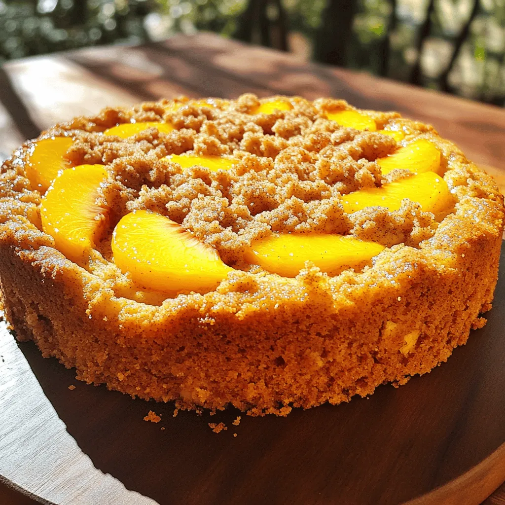 - 2 ripe peaches, peeled and sliced - 1 cup all-purpose flour - 1/2 cup granulated sugar - 1/2 teaspoon baking powder - 1/4 teaspoon baking soda - 1/4 teaspoon salt - 1/2 cup unsalted butter, softened - 2 large eggs - 1 teaspoon vanilla extract - 1/2 cup brown sugar - 1/2 teaspoon ground cinnamon - 1/4 teaspoon nutmeg - 1/2 cup rolled oats I love using fresh peaches for this cake. They bring sweet, juicy flavor. If you can’t find fresh peaches, you can use canned peaches. Just drain them well before adding. - For gluten-free flour, try almond or coconut flour. They work well. - If you don’t have fresh peaches, use pears or plums for a twist. - You can use coconut oil or vegan butter for a dairy-free option. These swaps keep the spirit of the cake while catering to different diets. Don't hesitate to experiment! You can find the complete recipe in the [Full Recipe]. - Preheat the oven to 350°F (175°C). - Grease the baking pan with butter or cooking spray. - In a large bowl, whisk together the flour, sugar, baking powder, baking soda, and salt. This mix is the base. - In another bowl, cream the softened butter until fluffy. Add the eggs one by one, mixing well after each. Then, stir in the vanilla extract. This step adds great flavor. - Gradually add the dry mix to the butter mix. Stir until just combined. Be careful not to overmix. - Gently fold in the sliced peaches. This gives the cake its sweet and juicy taste. - Pour the batter into the prepared pan. Spread it evenly with a spatula. - To make the crumb topping, mix the brown sugar, cinnamon, nutmeg, oats, and a pinch of salt in a bowl. - Sprinkle this crumb mix over the peach batter evenly. This will create a nice texture. - Bake in the preheated oven for 35-40 minutes. Check if done by inserting a toothpick in the center. It should come out clean. - Let the cake cool in the pan for at least 15 minutes before slicing. This makes serving easier. Follow these steps for a delicious Easy Italian Peach Crumb Cake. For the complete recipe, check out the [Full Recipe]. To ensure even baking, use room temperature ingredients. Cold butter or eggs can lead to uneven results. Mix the batter just until blended. This helps keep the cake soft. For the perfect crumb topping texture, use cold butter. Cut it into the dry mix until it looks like coarse crumbs. This will create a nice crunch on top. This cake pairs well with vanilla ice cream or whipped cream. The cool creaminess balances the warm, sweet cake. Serve it as a dessert after dinner or at brunch. It shines best when fresh, but it also tastes great the next day. One common mistake is overmixing the batter. This can make your cake tough. Mix just until you combine the ingredients. Another mistake is not preparing the pan correctly. Grease it well to prevent sticking. Line it with parchment paper for easy removal. {{image_2}} You can change this cake's taste in fun ways. - Adding nuts for crunch: Chopped nuts like walnuts or almonds can add a nice crunch. Mix them into the batter or sprinkle them on top. - Using different fruits besides peaches: Try apples, berries, or plums instead of peaches. Each fruit will change the flavor. - Incorporating spices for added warmth: Adding spices like ginger or allspice can give the cake a cozy flavor. Just a pinch can make a big difference. If you want a healthier cake, you can make a few swaps. - Reducing sugar: You can cut the sugar in half. The cake will still taste great with less sweetness. - Using whole grain flour: Swap all-purpose flour for whole grain flour. This adds fiber and nutrients to your cake. Get creative when serving this cake. - Transforming into mini cakes or muffins: You can bake the batter in a muffin tin for mini cakes. They are great for snacks or parties. - Serving as breakfast or snack: This cake works well for breakfast or as a snack. Pair it with yogurt or fruit for a balanced meal. If you want to see the full recipe, check out the Easy Italian Peach Crumb Cake . To keep your Easy Italian Peach Crumb Cake fresh, you should store it in the refrigerator. Place the cake in an airtight container. This will help lock in moisture and keep it soft. If you don’t have a container, cover it tightly with plastic wrap. Either method works well. To freeze the cake, let it cool completely first. Cut it into squares for easy portions. Wrap each piece in plastic wrap, then place them in a freezer bag. This helps to prevent freezer burn. When you're ready to enjoy it, take a piece out and let it thaw in the fridge overnight. This method keeps the cake's texture nice and moist. You can reheat your cake in two ways: the microwave or the oven. If you opt for the microwave, heat a piece for about 20 seconds. Check to see if it’s warm enough. For the oven, preheat it to 350°F (175°C) and place the cake on a baking sheet. Heat it for about 10 minutes. This method helps maintain the crumb texture better than the microwave. You want that crumb topping to stay crisp! Easy Italian Peach Crumb Cake stays fresh for about 3 to 4 days. Store it in an airtight container. If you keep it in the fridge, it may last a bit longer. You can also freeze it for about 2 months, but flavor may change. Yes, you can use many fruits in this recipe. Try berries, apples, or plums as great options. Each fruit will add a unique taste. Just remember to adjust the sugar based on the fruit's sweetness. The best way to check is by inserting a toothpick in the center. If it comes out clean or with a few crumbs, your cake is done. You can also gently press the top. If it springs back, it’s ready! Absolutely! You can make the cake a day ahead. Just cover it tightly and keep it in the fridge. This will help the flavors blend and improve the taste. Warm it up before serving for a fresh feel. Crumb cake has a thick crumb topping and is often sweeter. Coffee cake may not have a crumb topping and often has a lighter texture. Both are great with coffee, but they have their own unique styles. This blog post covered how to make a delicious Easy Italian Peach Crumb Cake. You learned about the key ingredients needed and possible substitutions. The step-by-step instructions simplify the baking process. I shared tips for even baking and how to serve this treat well. Remember to avoid common mistakes for the best results. Whether you stick to peaches or try other fruits, this cake offers tasty options. Enjoy baking and sharing this delightful dessert!
