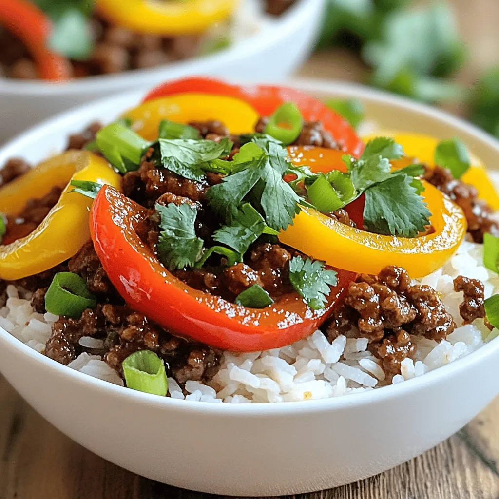 - 1 lb ground beef - 1 red bell pepper, sliced - 1 yellow bell pepper, sliced - 1 green bell pepper, sliced - 1 medium onion, sliced - 3 cloves garlic, minced The main ingredients make this dish hearty and flavorful. Ground beef gives protein, while bell peppers add sweetness. The onion and garlic bring depth to every bite. - 1 teaspoon ground cumin - 1 teaspoon smoked paprika - 1/2 teaspoon cayenne pepper (adjust based on heat preference) - 2 tablespoons soy sauce - 1 tablespoon olive oil - Salt and pepper to taste Seasonings are key to flavor. Cumin adds warmth, while smoked paprika gives a nice smokiness. Cayenne pepper brings heat, and soy sauce adds umami. Salt and pepper enhance all these flavors. - Fresh cilantro or green onions for garnish - Recommended sides: steamed broccoli, or a fresh salad For garnishes, I love using cilantro or green onions. They add brightness and freshness. Pair these bowls with steamed broccoli or a salad for a balanced meal. You can find the full recipe for these delicious Beef and Pepper Rice Bowls online. To cook jasmine rice perfectly, first rinse it in cold water. This removes excess starch. Use a pot with a lid. Add one cup of rice and one and a half cups of water. Bring it to a boil over high heat. Once boiling, cover and reduce the heat to low. Let it simmer for about 15 minutes. Remove from heat and let it sit for 5 minutes. Fluff it gently with a fork before serving. For fluffy rice, use the right water-to-rice ratio and avoid stirring while it cooks. Heat a large skillet over medium-high heat. Add two tablespoons of olive oil. Once hot, add the sliced onion and minced garlic. Sauté for about two minutes. You want them soft and fragrant. Next, toss in the sliced bell peppers. Cook these for 5 to 7 minutes. Stir them often to keep them tender but still crisp. In the same skillet, add one pound of ground beef. Break it up with a spatula as it cooks. Season it with salt, pepper, cumin, smoked paprika, and cayenne pepper. Make sure to mix well. Cook for about 8 to 10 minutes, or until it’s browned and fully cooked. This way, you get evenly cooked meat with great flavor. Once the beef is cooked, reduce the heat to low. Add the sautéed vegetables back into the skillet. Pour in two tablespoons of soy sauce and stir everything together. Make sure all the flavors mix well. Heat it through for a couple of minutes. This ensures even flavor distribution throughout the dish. Grab some serving bowls. Start by adding a generous scoop of jasmine rice at the bottom. Then, top it with the spicy beef and pepper mixture. For a fresh touch, add chopped cilantro or green onions on top. This not only looks great but adds a burst of flavor! When cooking beef and pepper rice bowls, choosing the right heat is key. I prefer using medium-high heat for sautéing. This heat helps cook the beef quickly. It also makes sure the peppers stay crisp. If you use high heat, watch closely. You can burn the beef or overcook the peppers. To keep bell peppers crisp, add them later in the cooking process. Sauté the onions and garlic first. Then, add the peppers and cook until tender but still bright. This keeps their crunch and color. To spice up your dish, try adding chili flakes or hot sauce. These can give your meal an extra kick. If you want a milder flavor, use less cayenne pepper. You can also mix in a splash of lime juice for brightness. Balancing flavors is important. If your dish is too salty, add a bit of sugar. This will help even out the taste. You can also add fresh herbs like cilantro for a fresh flavor. Preparing ingredients in advance saves time. Chop your peppers and onions the night before. Store them in the fridge. You can also cook the rice ahead of time. Just reheat it before serving. For meal prep, make larger batches of the beef mix. Divide it into containers for easy lunches. This makes it simple to enjoy your beef and pepper rice bowls all week. You can find the full recipe in the earlier sections. {{image_2}} You can swap beef for chicken, turkey, or plant-based proteins. Each option brings unique flavors. For chicken or turkey, use ground meat or diced pieces. Cook chicken for about 6-8 minutes. For ground turkey, the timing is similar to beef, around 8-10 minutes. Plant-based proteins, like lentils or tofu, can also work great. Just ensure they are cooked until warm and flavorful. To make a vegan version, try using a plant-based beef substitute. Options include lentils, chickpeas, or store-bought meat alternatives. You can mix in a variety of vegetables for texture. Consider adding mushrooms, zucchini, or carrots. They add flavor and make the dish heartier. These veggies can be sautéed along with the peppers for a colorful meal. Different sauces can change the dish’s flavor profile. Try teriyaki or sriracha for a sweet or spicy kick. Both pair nicely with the beef and peppers. You can also make a homemade sauce by mixing soy sauce, honey, and garlic. This simple sauce adds a personal touch. Mixing sauces can create exciting flavors and make the meal unique. For more ideas, check the Full Recipe. To keep your beef and pepper rice bowls fresh, store them in airtight containers. Refrigerate them within two hours of cooking. This keeps bacteria at bay. You can enjoy leftovers for up to three days in the fridge. For longer storage, freeze the bowls. Just make sure you cool them first before sealing. Use freezer-safe containers or bags. Properly stored, they last up to three months. For reheating, you can use the microwave or stovetop. If using the microwave, heat on medium power for about 2-3 minutes. Stir halfway through to ensure even heating. If you prefer the stovetop, add a splash of water to a skillet and heat over low. Stir gently until warmed through. This keeps the flavors intact. Aim for a temperature of 165°F when reheating. You can keep leftover portions for three days in the fridge. Look for signs of spoilage like an off smell or discoloration. If you see any mold, discard the leftovers. When frozen, they remain safe for three months, but best quality is within one to two months. After this time, the flavor may fade. Yes, you can use other rice types for this recipe. Options include brown rice, basmati rice, or even quinoa. Each rice has its own flavor and texture. Brown rice adds a nutty taste and is more filling. Basmati rice is aromatic and fluffy. Quinoa is a great protein boost. When using different rice, adjust the cooking time. Brown rice takes longer to cook, about 40-45 minutes. Basmati rice cooks faster, around 15 minutes. Quinoa cooks in about 12-15 minutes. Always follow the package instructions for best results. If you don’t have jasmine rice, don’t worry! You can use long-grain white rice, basmati, or any rice you like. Each option brings a unique flavor. For example, basmati rice has a lovely aroma that pairs well with beef. When cooking, keep in mind the water-to-rice ratio for each type. Jasmine rice usually requires a 1:1.5 ratio, while basmati needs a 1:1.75 ratio. Adjust your cooking time based on the rice type for the best results. Absolutely! You can make these beef and pepper rice bowls in advance. Prepare the beef and veggies, then store them in the fridge. Cook the rice fresh or reheat it later. For meal planning, consider making a large batch. Portion it into containers for easy meals. This saves time on busy days. You can enjoy tasty, home-cooked meals without extra effort. To make this dish less spicy, reduce the cayenne pepper or skip it. You can still enjoy great flavor without the heat. Consider adding ingredients like sweet bell peppers or a bit of brown sugar. These add taste without spice. For more flavor, try adding extra garlic or fresh herbs. Fresh cilantro or parsley can brighten the dish. You get a delicious meal with less heat, perfect for everyone! This blog post covered how to create tasty beef and pepper rice bowls. We explored main ingredients, cooking techniques, and serving suggestions. You learned tips for better flavor and how to store leftovers. In the end, cooking should be fun and simple. With these steps, you can enjoy a delicious meal anytime. I hope these tips inspire you to make your own gourmet rice bowls. Enjoy every bite!