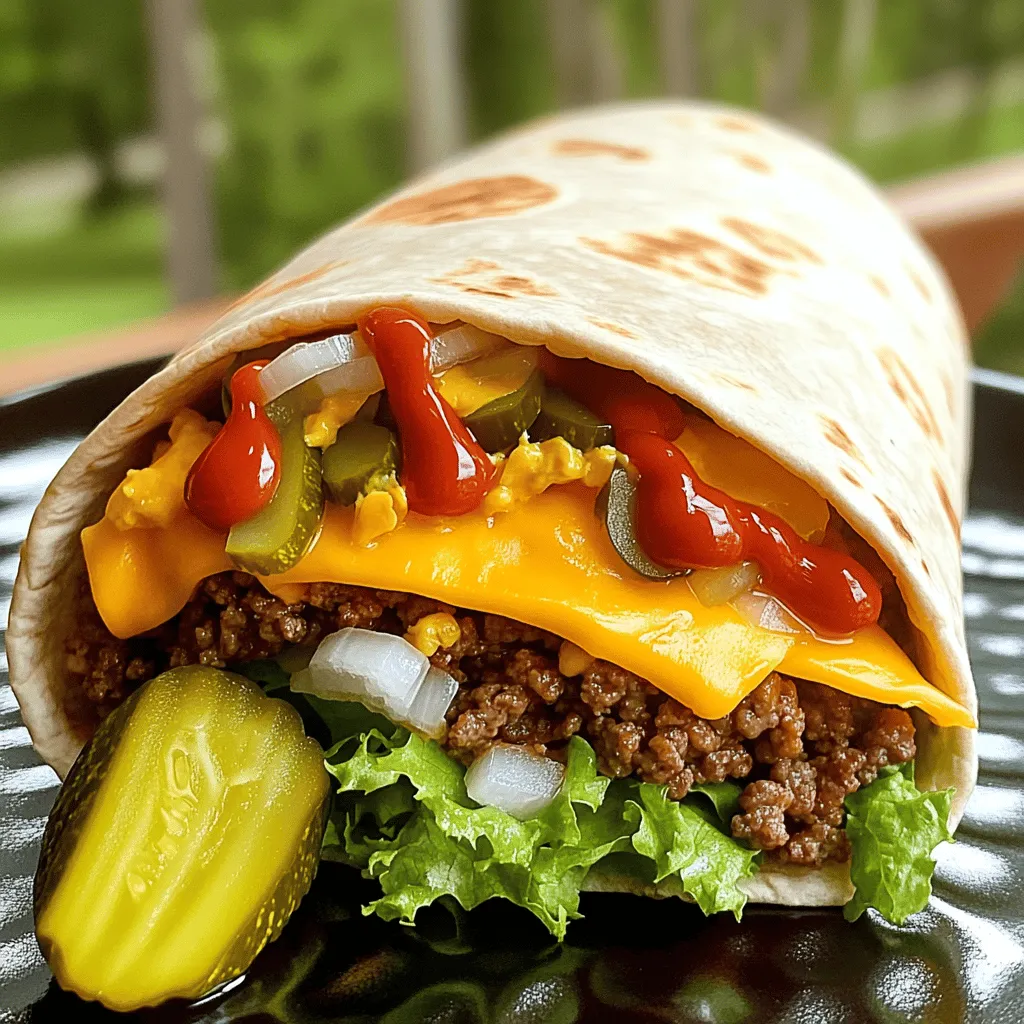 To make a tasty cheeseburger wrap, you will need: - 1 large tortilla wrap - 1/2 pound ground beef - 1/4 cup chopped onions - 1/4 cup diced pickles - 1/2 cup shredded cheddar cheese - 1 tablespoon ketchup - 1 tablespoon mustard - 1 tablespoon mayonnaise - Lettuce leaves (for freshness) - Salt and pepper to taste - Optional: sliced tomatoes and additional toppings (like jalapeños or avocado) You can easily swap some ingredients for a personal touch. Here are a few ideas: - Ground beef: Try ground turkey, chicken, or plant-based meat. - Tortilla wrap: Use whole wheat, spinach, or gluten-free wraps. - Cheddar cheese: Switch to mozzarella, pepper jack, or vegan cheese. - Ketchup, mustard, and mayonnaise: Experiment with BBQ sauce, ranch, or a spicy aioli for new flavors. - Lettuce: Romaine, spinach, or arugula can add different tastes and textures. To make your cheeseburger wrap even better, consider these toppings: - Sliced tomatoes: Fresh and juicy, they add flavor. - Avocado: Creamy and rich, it pairs well with the wrap. - Jalapeños: For a spicy kick, slice them and add to your wrap. - Pickled onions: They offer a tangy crunch. - Sides: Pair your wrap with chips, a salad, or fresh fruit for a complete meal. Each ingredient and topping adds to the delightful flavor of this cheeseburger wrap. For the full recipe, follow the steps to create your perfect meal. First, grab a skillet and heat it over medium. Add the ground beef and cook it until it turns brown. Use a spatula to break the meat into smaller pieces as it cooks. Season it with salt and pepper. This step adds flavor to your beef. Next, toss in the chopped onions and cook for about 3-4 minutes. You want them soft and sweet. Once the onions are soft, take the skillet off the heat. Mix in the chopped pickles, ketchup, mustard, and mayonnaise. Stir everything together until it is well combined. This mixture is the heart of your cheeseburger wrap. Now, let’s make the wrap! Lay the large tortilla flat on a clean surface. Place a few lettuce leaves in the center. This adds a nice crunch and freshness. Then, spoon your cheeseburger mixture right on top of the lettuce. Be careful not to overfill; you want to wrap it easily. Sprinkle the shredded cheddar cheese over the beef mixture. If you love toppings, add sliced tomatoes or any extras like jalapeños or avocado. This is where you can get creative! To make it extra tasty, fold the sides of the wrap inwards. Then, start rolling it tightly from the bottom up. This keeps all the fillings snug inside. If you want a crispy texture, heat the skillet again. Place the wrap in the skillet for 1-2 minutes on each side. Cook until it is golden brown and crispy. Once done, slice the wrap in half diagonally. Serve it warm with a pickle on the side for that classic touch. Enjoy your amazing cheeseburger wrap! For the full recipe, check it out. To make your beef tasty, season it well. Start with salt and pepper. Use about a teaspoon of each for half a pound of beef. You can also add garlic powder for a kick. Mix the seasoning into the raw beef before cooking. This helps the flavors blend well. Cook your beef over medium heat. Brown it until it’s fully cooked. This adds great flavor and texture. To keep your wrap fresh, use fresh ingredients. Always select crisp lettuce and ripe tomatoes. Place the lettuce in the center of the wrap. This keeps moisture away from the tortilla. If you want extra crunch, add some diced pickles. Keep the wrap covered until you are ready to eat. This prevents it from drying out. You can even wrap it in foil for a fun touch. Avoid overfilling your wrap. Too much filling makes it hard to roll. Stick to a spoonful of the cheeseburger mix. Also, don’t skip toasting your wrap. Toasting adds a nice crunch and warmth. If you plan to store leftovers, wrap them tightly. This helps keep the flavors intact. Lastly, watch the cooking time. Overcooked beef can become dry. For the full recipe, check the details above. {{image_2}} You can easily swap the ground beef for plant-based meat. Use lentils or black beans for a hearty filling. These options still pack a punch of flavor. For cheese, try using vegan cheese. You can also skip the cheese and add extra veggies. Avocado, bell peppers, or even mushrooms add great taste. Add some heat to your wrap with spicy ingredients. Try jalapeños for a nice kick. You can also use hot sauce in your mixture. For extra zest, mix in some pepper jack cheese. This gives the wrap a spicy flavor that many love. Don't forget to top with spicy mayo for a creamy finish. Cheese makes everything better. While cheddar is a classic, try using Swiss or blue cheese. Each cheese adds unique flavors. For sauces, mix it up! Instead of ketchup and mustard, try barbecue sauce or ranch dressing. This will give your wrap a fresh twist. Experimenting with different combos keeps each meal exciting. For the complete recipe, check the [Full Recipe]. If you have extra cheeseburger wraps, store them smartly. Wrap each one in plastic wrap. This keeps them fresh. Place the wrapped wraps in an airtight container. Store them in the fridge. They last for about three days. Make sure to label the container with the date. This helps you keep track. To reheat your wraps, first unwrap them from plastic. You can use a microwave or a skillet. If using a microwave, place the wrap on a plate. Heat it for about 30 seconds to 1 minute. Check if it’s warm enough. If you prefer a crispy wrap, use a skillet. Heat it over medium heat for 2-3 minutes, flipping it once. This gives it a nice crunch. Freezing wraps is a great way to save time. Wrap each cheeseburger wrap in plastic wrap. Then, place them inside a freezer bag. Squeeze out the air before sealing. They can last for up to three months in the freezer. When you're ready to eat, thaw them in the fridge overnight. Reheat using the methods above. Enjoy your delicious wraps even later! For the full recipe, check out the previous sections. The best tortilla for a cheeseburger wrap is a large flour tortilla. Flour tortillas are soft and flexible, making them easy to roll. They hold the filling well without tearing. You can also use whole wheat tortillas for added fiber. If you want a gluten-free option, try corn tortillas. Just make sure they are large enough to fit the filling. Yes, you can make this recipe ahead of time. You can cook the beef and mix in the sauces earlier in the day. Store the mixture in the fridge until you are ready to assemble the wraps. You can also prepare the wraps and keep them in an airtight container. Just be sure to eat them within a day or two for the best taste. To make a cheeseburger wrap healthier, choose lean ground beef or turkey. You can also add more veggies, like spinach or peppers, for added nutrients. Use less cheese or substitute with a lower-fat option. Instead of mayonnaise, try Greek yogurt for creaminess. Whole wheat tortillas add fiber, making the wrap more filling and nutritious. In this blog post, we covered how to make a tasty cheeseburger wrap. You learned about the best ingredients, simple cooking steps, and safe storage. I shared tips to boost flavor and avoid common mistakes. You found variations for vegetarian options and spicy twists. Remember, your wrap can be simple or unique. Experiment with different toppings or cheeses. Enjoy creating your perfect cheeseburger wrap!