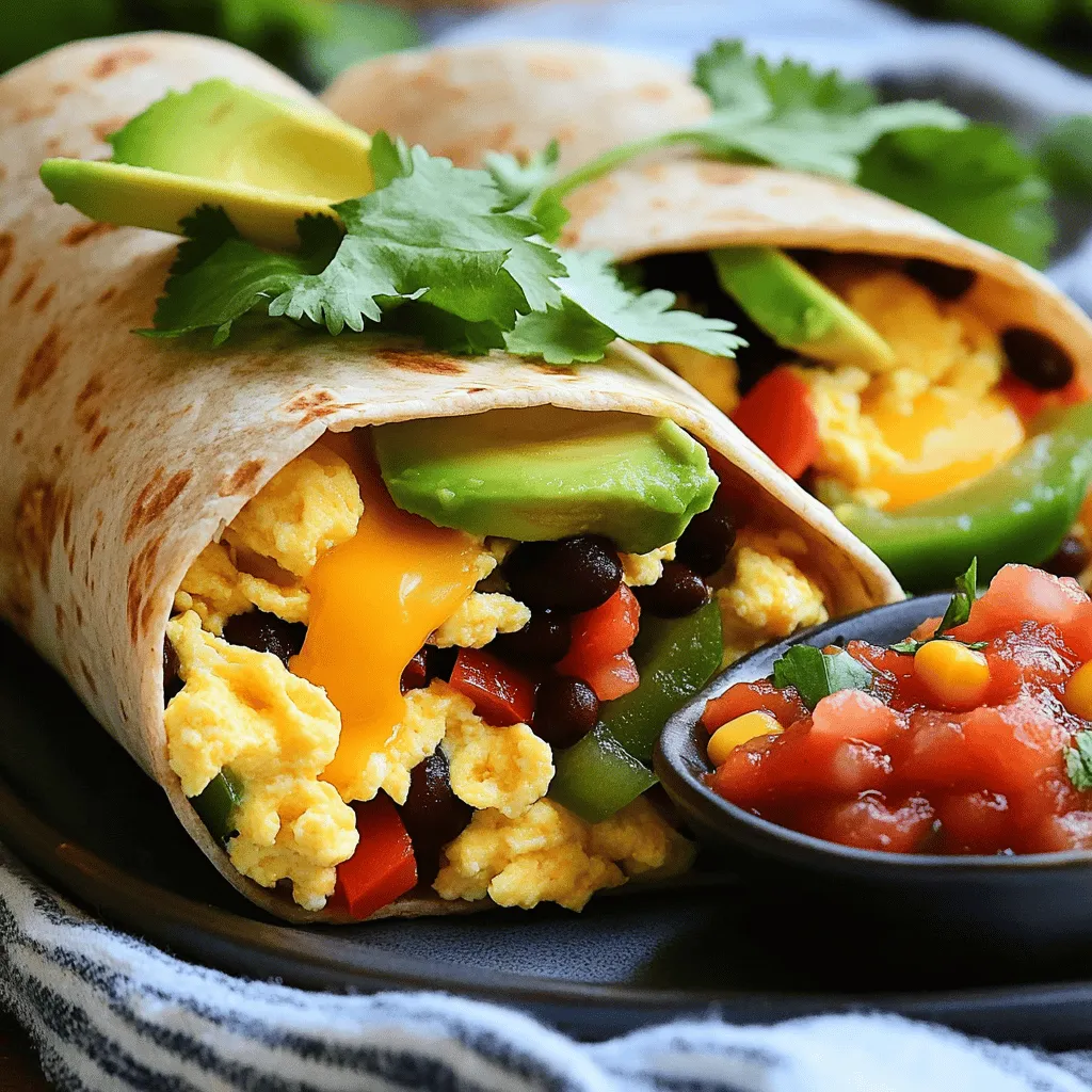 - 4 large eggs - 1/4 cup milk - 1 cup black beans, rinsed and drained - 1 small red bell pepper, diced - 1 small green bell pepper, diced - 1/2 cup corn kernels (fresh or frozen) - 1/2 teaspoon cumin - 1/4 teaspoon paprika - Salt and pepper to taste - 4 large whole wheat tortillas - 1 cup shredded cheddar cheese - 1 avocado, sliced - Salsa for serving - Fresh cilantro for garnish (optional) These ingredients bring color, flavor, and nutrition to your breakfast. The eggs add protein, while beans boost fiber. Bell peppers and corn give crunch and sweetness. The spices, cumin and paprika, add warmth and depth. Whole wheat tortillas make this meal hearty and satisfying. Use fresh ingredients for the best taste. I love adding sliced avocado for creaminess. Salsa gives it a zesty kick. You can find the Full Recipe to get started on this delicious dish. - Whisking eggs and milk: Start by cracking 4 large eggs into a bowl. Add 1/4 cup of milk. Whisk until smooth. This mix will make the eggs fluffy. - Chopping vegetables: Next, dice 1 small red bell pepper and 1 small green bell pepper. Aim for small pieces. This helps them cook evenly. - Rinsing and draining black beans: Take 1 cup of black beans. Rinse them under cold water in a strainer. Drain well. This removes extra sodium and makes them tasty. - Sautéing bell peppers: Heat a non-stick skillet over medium heat. Add the diced bell peppers. Sauté for 3-4 minutes, until they soften and get bright colors. - Adding black beans and corn: Toss in the rinsed black beans and 1/2 cup of corn. Sprinkle in 1/2 teaspoon of cumin and 1/4 teaspoon of paprika. Stir to mix well. Cook for 2 minutes until heated through. - Cooking the egg mixture: Pour the egg mixture into the skillet. Gently stir as it cooks. Cook for 3-5 minutes until the eggs are fluffy but not dry. - Warming tortillas: Take 4 large whole wheat tortillas. Warm them in a dry skillet or microwave for a few seconds. This makes them soft and easy to roll. - Filling and rolling the burritos: Place the egg mixture in the center of each tortilla. Add 1 cup of shredded cheddar cheese and a few slices of avocado on top. Roll the tortilla tightly, tucking in the sides. - Serving suggestions: Serve the burritos warm. Add salsa on the side for dipping. Garnish with fresh cilantro if you like. For more details, check the Full Recipe. - Choosing the right tortillas: Use large whole wheat tortillas. They hold more filling and add fiber. - Tips for fluffy scrambled eggs: Mix eggs and milk well. Cook on low heat to avoid dryness. Stir gently for fluffy texture. - Customizing the spice level: Adjust spices to your taste. Add more cumin for warmth or a pinch of chili powder for heat. - Garnishing with fresh cilantro: Sprinkle chopped cilantro on top. It adds a fresh taste and bright color. - Accompaniments that pair well: Serve with salsa for a tangy kick. Avocado slices add creaminess and balance. - Using colorful plates for a vibrant look: Choose plates that contrast with the burritos. Bright colors make the meal more appealing. For the full recipe, check the Sunrise Breakfast Burritos section. {{image_2}} You can change the protein in your breakfast burritos easily. Adding cooked sausage or bacon brings a hearty touch. Just cook them first, then mix them into your egg filling. If you prefer a vegetarian dish, try tofu. Scramble some firm tofu with spices for a tasty protein boost. To elevate your burrito's taste, use different spices. Chili powder and garlic powder can add a nice kick. You can also mix in sautéed vegetables. Spinach and mushrooms work well for added nutrition and flavor. Try different combinations to find your favorite mix. Cheese makes breakfast burritos creamy and rich. You can experiment with various types of cheese. Pepper jack adds heat, while feta gives a tangy taste. If you need dairy-free options, look for plant-based cheeses. These alternatives can keep your burrito delicious while meeting dietary needs. For the full recipe and more ideas, check the Full Recipe section. To keep leftover burritos fresh, you should refrigerate them right away. Place them in an airtight container. They stay good for up to 3 days in the fridge. For long-term storage, freezing is a great option. Wrap each burrito tightly in plastic wrap, then put them in a freezer bag. This way, they can last for up to 3 months. Make sure to label the bag with the date, so you know when to enjoy them. When it's time to eat your burritos, reheating is easy. The microwave is the fastest method. Just place the burrito on a microwave-safe plate. Cover it with a damp paper towel to keep it moist. Heat on high for about 1 to 2 minutes or until hot throughout. If you want a crispy tortilla, use the oven. Preheat the oven to 350°F (175°C). Wrap the burrito in foil and place it on a baking sheet. Heat for about 15-20 minutes. This method keeps the tortilla crunchy and adds a nice texture. To make breakfast burritos ahead of time, you can prepare the filling first. Cook the eggs, veggies, and beans as per the recipe. After cooking, let the mixture cool. Then, spoon it into tortillas and roll them up. Wrap each burrito in plastic wrap or foil. Store them in the fridge for up to three days. For longer storage, place them in the freezer. When ready to eat, just reheat them. Yes, breakfast burritos can be frozen. Wrap each burrito in plastic wrap tightly. Then, place them in a freezer bag. This helps prevent freezer burn. They can last for up to three months in the freezer. To thaw, place them in the fridge overnight or microwave them for a few minutes. This will keep them moist and tasty. If you want to avoid eggs, you can use tofu. Silken tofu works well and gives a nice texture. You can also use chickpea flour mixed with water. This creates a fluffy and egg-like filling. Another option is to try scrambled vegan eggs found in stores. These are easy to use and taste great. To make healthier breakfast burritos, use whole wheat tortillas. Swap regular cheese for reduced-fat cheese or skip it altogether. Add more veggies like spinach or zucchini to boost nutrition. You can also use egg whites instead of whole eggs. Finally, choose low-sodium black beans to cut down on salt. These swaps will keep your burritos tasty and nutritious. For more ideas, check out the Full Recipe! Making Sunrise Breakfast Burritos is fun and easy. You just need simple ingredients like eggs, black beans, and peppers. The step-by-step guide helps you whip them up quickly. Focus on tips to make them fluffier and tastier. Feel free to customize with your favorite spices and proteins. You can even freeze extras for later. These burritos are perfect for any meal. Enjoy your delicious creations and share with friends!