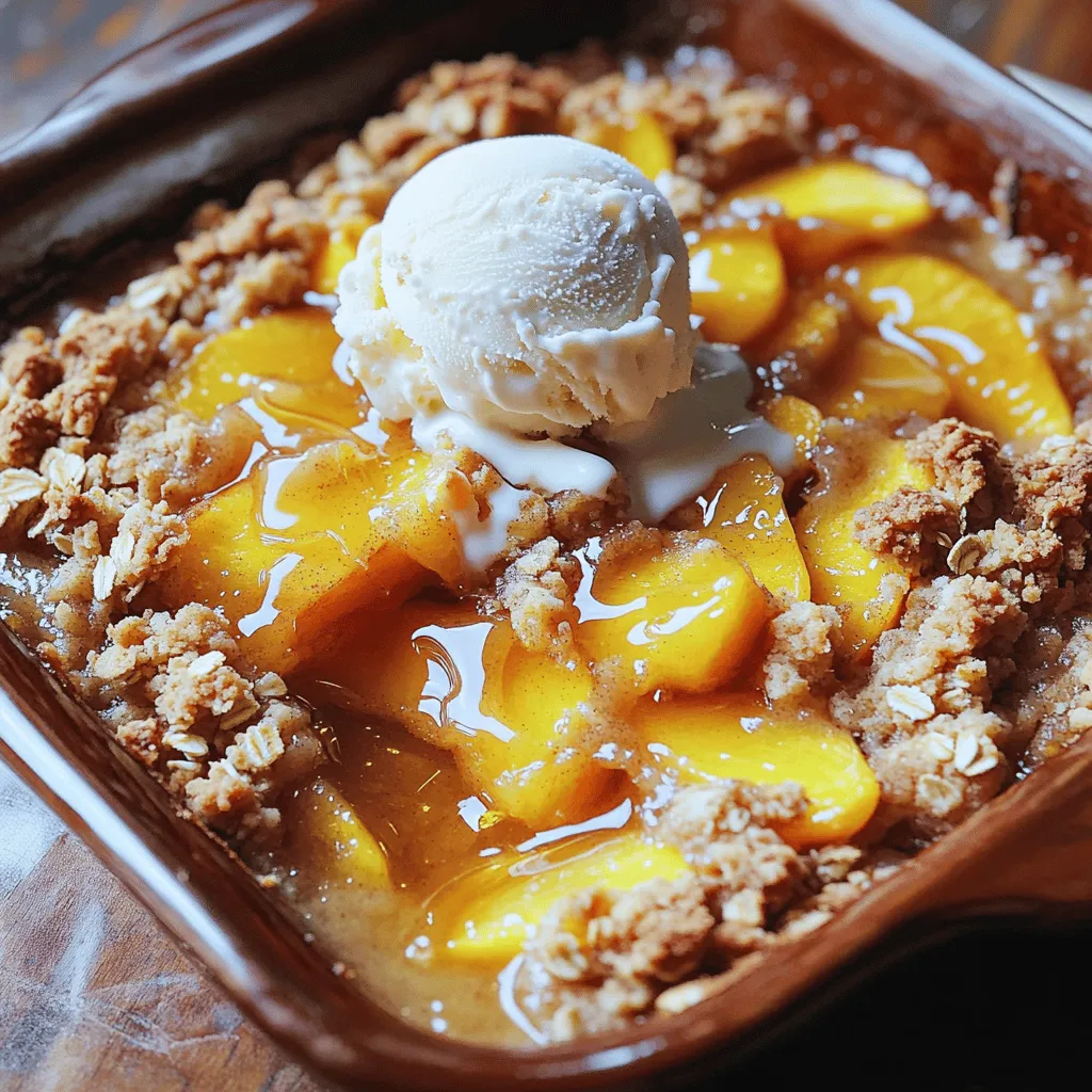 Choose ripe peaches for the best flavor. Look for peaches that are slightly soft to the touch. They should smell sweet and fruity. Avoid peaches with bruises or dark spots. Fresh, local peaches add great taste. If you pick peaches in summer, they will be juicy and sweet. Here are the key ingredients you'll need: - 4 ripe peaches, peeled and sliced - 1 tablespoon lemon juice - 1/4 cup brown sugar - 1 teaspoon vanilla extract - 1/2 teaspoon ground cinnamon - 1 cup rolled oats - 1/2 cup all-purpose flour - 1/4 cup granulated sugar - 1/3 cup unsalted butter, melted - Pinch of salt These basic items create the perfect peach crumble. The brown sugar and cinnamon bring out the peach flavor. The oats add a nice crunch on top. You can enhance your peach crumble with these add-ins: - Chopped nuts like almonds or pecans - A dash of nutmeg for warmth - A sprinkle of coconut for a tropical twist - A handful of berries for added color and taste Feel free to mix and match! These extras let you customize your dessert. They make your peach crumble even more special. For the full recipe, check the details above. First, set your oven to 350°F (175°C). This helps cook the crumble evenly. Then, grab an 8x8 inch baking dish and grease it lightly. This will keep your dessert from sticking. In a medium bowl, mix your sliced peaches with lemon juice, brown sugar, vanilla extract, and ground cinnamon. Stir well. Let this sit for about 10 minutes. This step makes the peaches juicy and flavorful. In another bowl, combine the rolled oats, all-purpose flour, granulated sugar, melted butter, and a pinch of salt. Mix it all together until it feels crumbly. This topping will add a nice crunch. Pour the marinated peach mixture into your greased baking dish. Spread it evenly. Next, sprinkle the crumble topping over the peaches. Bake in your preheated oven for 30 to 35 minutes. You want the topping to be golden brown and the peaches to bubble. When it’s ready, take it out and let it cool for a few minutes. Enjoy your Peach Crumble Delight! For the full recipe, check the earlier section. When picking peaches, look for a few key signs. Choose peaches that feel slightly soft when you gently press them. Ripe peaches also have a nice, sweet smell. Look for a golden hue and a slight blush. Avoid any peaches with bruises or dark spots. They will not taste good in your crumble. For the best crumble texture, mix your dry ingredients well. Use rolled oats and flour in equal parts. The butter should be melted but not too hot. This way, it blends smoothly without cooking the oats. When mixing, stop once the mixture looks crumbly. Overmixing can make it dense instead of light and airy. Serve your peach crumble warm from the oven. For a treat, add a scoop of vanilla ice cream on top. The cold ice cream balances the warm crumble. You can also drizzle honey or caramel sauce over the top for extra sweetness. Fresh mint leaves can add a nice touch of color and flavor. Enjoy this delightful dessert with friends and family! For the complete recipe, check out the Full Recipe section. {{image_2}} You can make peach crumble gluten-free by using special flour. Try using almond flour or oat flour instead of all-purpose flour. These flours work well with the oats. You can also use gluten-free oats to keep it safe for those with gluten issues. While peaches shine in this recipe, you can swap them out. Try using ripe plums, cherries, or berries instead. Each fruit adds a fresh taste and unique color. Mixing different fruits can also create a fun flavor combo. Just remember to adjust the sugar based on how sweet your fruit is. Add your favorite spices for a flavor boost! Nutmeg or ginger work great with peach. You can also add nuts like walnuts or pecans for crunch. For an extra sweet touch, drizzle honey or maple syrup on top before baking. This makes your crumble even more delicious. These little twists can elevate your dish. Check out the Full Recipe for more ideas! After enjoying your peach crumble, store any leftovers in an airtight container. Keep it in the fridge for up to three days. Make sure it cools down before sealing it. This helps keep the topping from getting soggy. To reheat, preheat your oven to 350°F (175°C). Place the crumble in an oven-safe dish. Cover it with foil to avoid burning the topping. Heat for about 10-15 minutes. You can also microwave individual portions for about 30 seconds. Just make sure to check that it’s warm all the way through. You can freeze peach crumble if you have extra. Allow it to cool completely. Wrap it tightly in plastic wrap, then in foil. This keeps it fresh for up to three months. When ready to eat, thaw it in the fridge overnight. Reheat as mentioned before. Enjoy your delicious peach crumble again! For the full recipe, visit the main article. Yes, you can use frozen peaches. Just thaw them first. Drain any extra liquid to avoid a soggy crumble. Frozen peaches may be softer, so adjust baking time slightly. You’ll know it’s done when the topping turns golden brown. The peaches should bubble around the edges. A nice aroma will fill your kitchen, too. Absolutely! To make it vegan, replace the butter with coconut oil or vegan butter. You can also use maple syrup instead of brown sugar for sweetness. Yes! Chopped nuts like pecans or almonds add crunch. They also bring extra flavor to your crumble. Just mix them in with the oats and flour. Serve it warm with vanilla ice cream or whipped cream. You can drizzle honey or caramel sauce on top for added sweetness. Fresh mint leaves make a nice garnish too. Peach crumble lasts about 3 to 4 days in the fridge. Keep it in an airtight container to keep it fresh. Yes, you can prepare the filling and topping ahead of time. Store them separately in the fridge. Assemble and bake when you’re ready to serve. Definitely! Apples, berries, or plums work great. Mix and match your favorite fruits for a fun twist. While lemon juice adds brightness, you can skip it. Just remember, it helps balance the sweetness. You can use a splash of orange juice instead if you want. Let it cool completely, then cover it with plastic wrap or foil. Store it in the fridge for up to four days. Enjoy it cold or warm it up in the oven. This blog post shared how to make a delicious peach crumble. We covered fresh peach selection, essential ingredients, and optional add-ins. You learned how to prep, marinate, and bake the dish. I shared tips for selecting ripe peaches and getting the best crumble texture. I also discussed variations, storage, and FAQs to help you. To enjoy a perfect dessert, focus on quality peaches and a great topping. Happy baking!