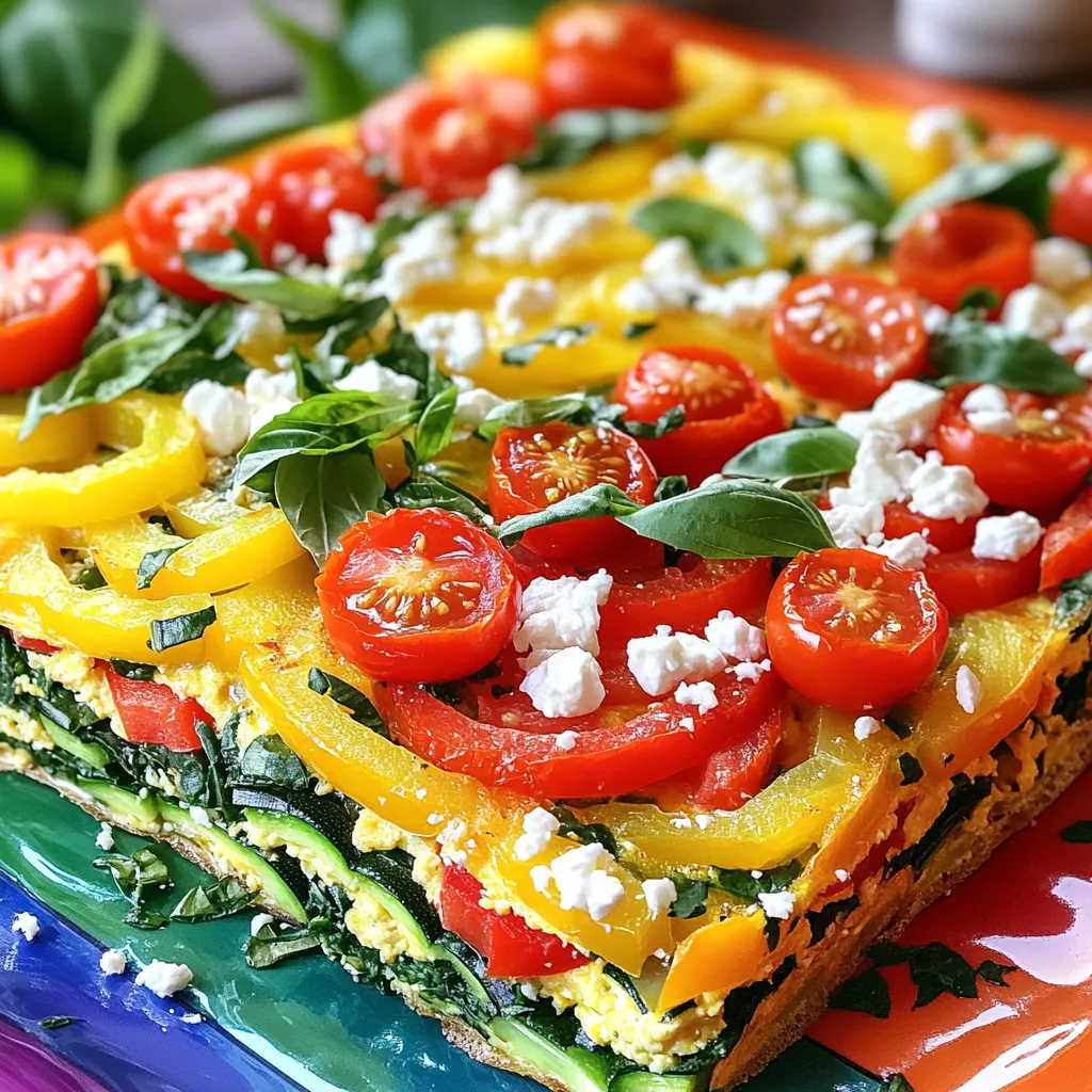 - 6 large eggs - 1 cup spinach, chopped - 1/2 cup bell peppers (red and yellow), diced - 1/2 cup zucchini, grated - 1/2 cup cherry tomatoes, halved - 1/4 cup red onion, finely chopped - 1/4 cup feta cheese, crumbled (optional) - 1 tablespoon olive oil - Salt and pepper to taste - Fresh basil for garnish (optional) When making a healthy vegetable frittata, choose fresh ingredients. Eggs are the base. They add protein and flavor. Spinach offers nutrients and a vibrant green color. Bell peppers add sweetness and crunch. Zucchini provides moisture and a mild taste. Cherry tomatoes give a burst of juiciness. Red onion brings a sharp flavor. Feta cheese adds a creamy touch, but it’s optional. Olive oil helps cook the veggies and adds richness. Finally, salt and pepper enhance all the flavors. - Calories per serving: Approximately 150 - Macronutrient breakdown: - Protein: 10g - Fat: 10g - Carbohydrates: 5g Each serving of this frittata is light yet filling. You get a good mix of protein, healthy fats, and carbs. This meal fits into many diets. You can enjoy it for breakfast, lunch, or dinner. - Seasonal recommendations: Choose veggies that are in season for the best taste. - Types of vegetables to use: Look for bright colors and firm textures. Fresh spinach, vibrant peppers, and crisp zucchini work well. Avoid any wilted or bruised produce. By picking fresh ingredients, you improve the flavor and nutrition of your frittata. Try this recipe for a quick, healthy meal. For the full recipe, check out the details above! First, set your oven to 375°F (190°C). This temperature helps the eggs cook evenly. Use an oven-safe skillet for great results. A cast-iron skillet works best, as it holds heat well. Next, let’s prepare the veggies. Start by heating olive oil in your skillet over medium heat. Add red onion and bell peppers first. Sauté them for about 3-4 minutes until they soften. This order is key. Cooking the onion first brings out its sweet flavor. Then, add grated zucchini and spinach. Cook them for 2-3 minutes until the spinach wilts. Finally, stir in halved cherry tomatoes and cook for just one more minute. This will keep their fresh taste. Now, pour your whisked eggs over the veggies. Fold gently to mix. If you want, sprinkle feta cheese on top. Transfer the skillet to your preheated oven. Bake for 20-25 minutes. Keep an eye on it. You know it’s done when the eggs are set and the top is slightly golden. Check doneness by gently shaking the skillet. If the eggs jiggle, it needs more time. Once baked, cool for a minute before slicing. Enjoy your colorful, tasty frittata! For the complete recipe, see the [Full Recipe]. To make a great frittata, avoid common mistakes. First, do not overcook your veggies. They should be tender but not mushy. Also, don't skip whisking the eggs well. This adds air and lightness. If you forget, your frittata can be dense and heavy. Adjust cooking times based on your oven. Every oven is different. Check your frittata a few minutes early. It should be firm in the center but still moist. Pair your frittata with a fresh salad. A simple green salad can add crunch and brightness. You can also serve it with roasted potatoes. Place your frittata slices on a colorful platter. Garnish with cherry tomatoes and fresh herbs. This makes it look more appealing. A vibrant presentation can make any dish pop! Making a dairy-free frittata is easy. Just skip the cheese or use a dairy-free alternative. You can also try silken tofu for creaminess. If you're vegan, replace the eggs with chickpea flour. Mix with water to create a batter. This gives a similar texture to eggs. The flavor will still be great with your chosen veggies. {{image_2}} You can easily change the vegetables in your frittata. Here are some ideas: - Broccoli florets - Mushrooms, sliced - Carrots, grated - Asparagus, chopped These swaps make the dish unique each time. You can also switch up the cheese. Instead of feta, try: - Cheddar - Goat cheese - Mozzarella To take your frittata to the next level, add some spices or herbs. Here are some options: - Oregano - Thyme - Paprika - Chili flakes Each will bring a new taste. You can also explore different cuisines. For a Mexican twist, add cumin and jalapeños. For Italian flair, use basil and sun-dried tomatoes. If you want smaller servings, consider mini frittatas. Use a muffin tin to bake them. This makes for easy portion sizes. Adjust your baking time to about 15-20 minutes. Check them with a toothpick. If it comes out clean, they are done! These mini versions are perfect for snacks or brunch. You can serve them warm or cold. For the full recipe, check out the Rainbow Veggie Frittata. To keep your frittata fresh, store it in the fridge. Place it in an airtight container. This helps keep it moist and prevents drying out. Make sure it cools to room temperature first. You can also cut it into slices for easy serving. For freezing, wrap individual slices tightly in plastic wrap. Then place them in a freezer-safe bag. This way, you can grab one whenever you want a quick meal. Just remember to label the bags with the date. When reheating, the oven works best for keeping the frittata's texture. Preheat your oven to 350°F (175°C). Place the frittata on a baking sheet and cover it with foil. Heat for about 10-15 minutes until warm. If you use a microwave, be careful. It can make the frittata rubbery. Heat on medium power for 1-2 minutes, checking every 30 seconds. This helps avoid overcooking. In the fridge, your frittata lasts about 3-4 days. Keep an eye on it, though. If you see any mold or off-smells, it’s time to toss it out. Signs of spoilage include a change in color or texture. If it looks dry or has a strange odor, don’t eat it. Always trust your senses when it comes to food safety. A frittata is an Italian egg dish. It is like an open-faced omelet. You mix eggs with vegetables, cheese, or meats. Then, you cook it slowly. It can be baked or cooked on the stove. The key features are its fluffy texture and colorful veggies. To make your frittata fluffy, you need to whisk your eggs well. Whisking adds air to the eggs. This air makes the frittata light. You can also bake it at a lower temperature. This helps it rise gently. Yes, you can make a frittata ahead of time. Cook it fully, then let it cool. Store it in the fridge for up to three days. You can also freeze it for longer storage. Just slice it before freezing. Some great vegetables for a frittata are: - Spinach - Bell peppers - Zucchini - Cherry tomatoes - Red onion These veggies add color and flavor. You can mix and match based on what you like. For more ideas, check the Full Recipe. In this post, I covered how to make a delicious frittata. We explored key ingredients, cooking steps, and tips for perfection. Fresh veggies enhance both taste and nutrition. I shared ways to customize your frittata and best storage practices. Remember, cooking is about experimenting and having fun. Try new flavors, learn from mistakes, and enjoy your tasty creations!
