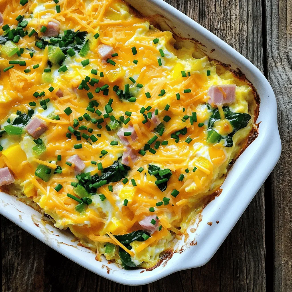 To make a tasty egg breakfast casserole, you need a few simple ingredients. Each one plays a vital role in creating a delicious meal. Here’s a breakdown of what you’ll need: - Eggs: 12 large eggs form the base of your casserole. They provide protein and hold everything together. - Dairy and cheese components: 1 cup of milk and 2 cups of shredded cheddar cheese add creaminess and flavor. - Vegetables: 1 cup of diced bell peppers and 1 cup of chopped fresh spinach bring color and nutrients. Feel free to mix in your favorites. - Meat options: 1 cup of diced cooked ham or turkey gives extra taste. You can skip the meat for a vegetarian dish. - Seasonings: Use 1 teaspoon of garlic powder, 1 teaspoon of onion powder, and salt and pepper to taste. These spices enhance the dish and add depth. With these ingredients, you can create a satisfying breakfast that everyone will love. Check the Full Recipe for detailed instructions and tips. 1. Preheating the oven Start by preheating your oven to 350°F (175°C). This step is key for even cooking. 2. Mixing eggs and milk In a large bowl, whisk together 12 large eggs and 1 cup of milk. Make sure they blend well. Add 1 teaspoon of garlic powder, 1 teaspoon of onion powder, and season with salt and pepper to taste. 1. Sautéing vegetables Heat 1 tablespoon of olive oil in a skillet over medium heat. Add 1 cup of diced bell peppers. Sauté these for about 3-4 minutes until they soften. Next, toss in 1 cup of chopped fresh spinach. Cook for another 2 minutes until it wilts. Remove the skillet from heat and let cool a bit. 2. Layering ingredients in the baking dish Grab a greased 9x13 inch baking dish. Spread the sautéed vegetables evenly on the bottom. Then, sprinkle 1 cup of diced cooked ham or turkey over the veggies. Add 2 cups of shredded cheddar cheese on top of the meat. 1. Baking time and temperature Now, pour the egg mixture over the layered ingredients. Make sure everything is coated well. Bake this in your preheated oven for about 30-35 minutes. 2. Checking for doneness Keep an eye on the casserole. It’s done when the eggs set and the top is slightly golden. Let it cool for about 5 minutes before slicing into squares. For the full recipe, refer to the ingredient list above. Enjoy your delicious egg breakfast casserole! To make your eggs fluffy, use fresh eggs. Whisk them with milk until light and airy. This helps create a soft texture. When layering your casserole, avoid over-mixing. Stir just enough to combine the layers. Too much mixing can lead to a dense dish. It’s best to keep those layers distinct for a great look and taste. For toppings, fresh chives add nice color and a mild onion flavor. You can also try diced tomatoes, avocado slices, or a dollop of salsa. They all make great additions. Serve the casserole warm, straight from the oven. Pair it with a fresh salad or crispy toast for a complete meal. To make this recipe gluten-free, skip any bread crumbs or gluten-containing ingredients. The casserole is naturally gluten-free with its base of eggs and veggies. If you want a vegetarian version, just leave out the ham or turkey. Add more veggies like mushrooms, zucchini, or even some cheese for extra flavor. This keeps it hearty and satisfying without meat. {{image_2}} You can easily change up the cheese in your casserole. Try using mozzarella, feta, or pepper jack. Each cheese brings a new flavor. It can also change the texture of your dish. For meats, you can swap cooked ham with turkey, bacon, or sausage. Each option will add its own taste. You can also skip the meat for a vegetarian dish. Just add more veggies to keep it hearty. Adding herbs and spices can take your casserole to the next level. Fresh herbs like basil or parsley can brighten the flavor. Dried spices like paprika or cumin can add warmth and depth. Experimenting with these can lead to new favorites. Incorporating unique vegetables will make your dish more colorful and healthy. Try adding zucchini, mushrooms, or kale. These veggies not only taste great but also add nutrients. They can also change the texture, making each bite interesting. For a Mexican-inspired casserole, mix in some salsa and black beans. You can also add jalapeños for a kick. Topping it with avocado or sour cream will enhance the flavors. If you want a Mediterranean style, use spinach, feta, and sun-dried tomatoes. This mix gives a bright and fresh taste. Adding olives can also introduce a salty, savory element that complements the eggs perfectly. These variations let you create a new dish every time. You can have fun mixing flavors from around the world. Check out the Full Recipe for more ideas! To store leftovers, let the casserole cool completely first. Then, cover it tightly with plastic wrap or foil. You can also place it in an airtight container. This helps keep it fresh. The casserole can last in the fridge for about 3 to 4 days. Make sure to check for any signs of spoilage before eating. You can freeze the cooked breakfast casserole. After it cools, cut it into portions. Wrap each piece tightly in plastic wrap, then place them in a freezer bag. This way, it stays fresh for up to 2 months. To reheat from frozen, simply take out a piece and let it thaw in the fridge overnight. Then, warm it in the oven at 350°F (175°C) for about 20 minutes or until heated through. Make-ahead tips are easy with this casserole. You can prepare it the night before. Just mix all the ingredients and store it in the fridge. Bake it in the morning for a hot breakfast. For portioning, consider cutting it into squares. This makes it easy to grab a piece for busy days. How long should I bake the casserole? Bake the egg breakfast casserole for 30 to 35 minutes at 350°F (175°C). You want the eggs to be set. Check if the top is golden and firm to the touch. Can I use egg substitutes? Yes, you can use egg substitutes like flaxseed meal or silken tofu. Adjust the amount based on what you use. Follow the package instructions for the right ratios. Can I make this without cheese? Absolutely! Just skip the cheese or use a dairy-free option. The casserole will still taste great with the eggs and veggies. How to adjust cooking time for different servings? If you make a larger casserole, increase the baking time. Check every 5 minutes after 35 minutes. For smaller portions, reduce the time slightly. Can I bake this in advance? Yes, you can prepare the casserole a day ahead. Just bake it, cool it, and store it in the fridge. Reheat it in the oven before serving. What sides pair well with egg breakfast casserole? Fresh fruit, toast, or a simple salad work well. You might also try serving it with avocado slices or salsa for extra flavor. This blog post covered how to make an egg breakfast casserole. We talked about ingredients like eggs, cheese, and vegetables. I shared easy steps, from preparing to baking your dish. You learned tips for fluffiness and good garnishes. We explored variations you can try, plus storage tips for leftovers. Remember, cooking should be fun and flexible. Experiment with flavors and enjoy your meals. A delicious casserole is just a few steps away!