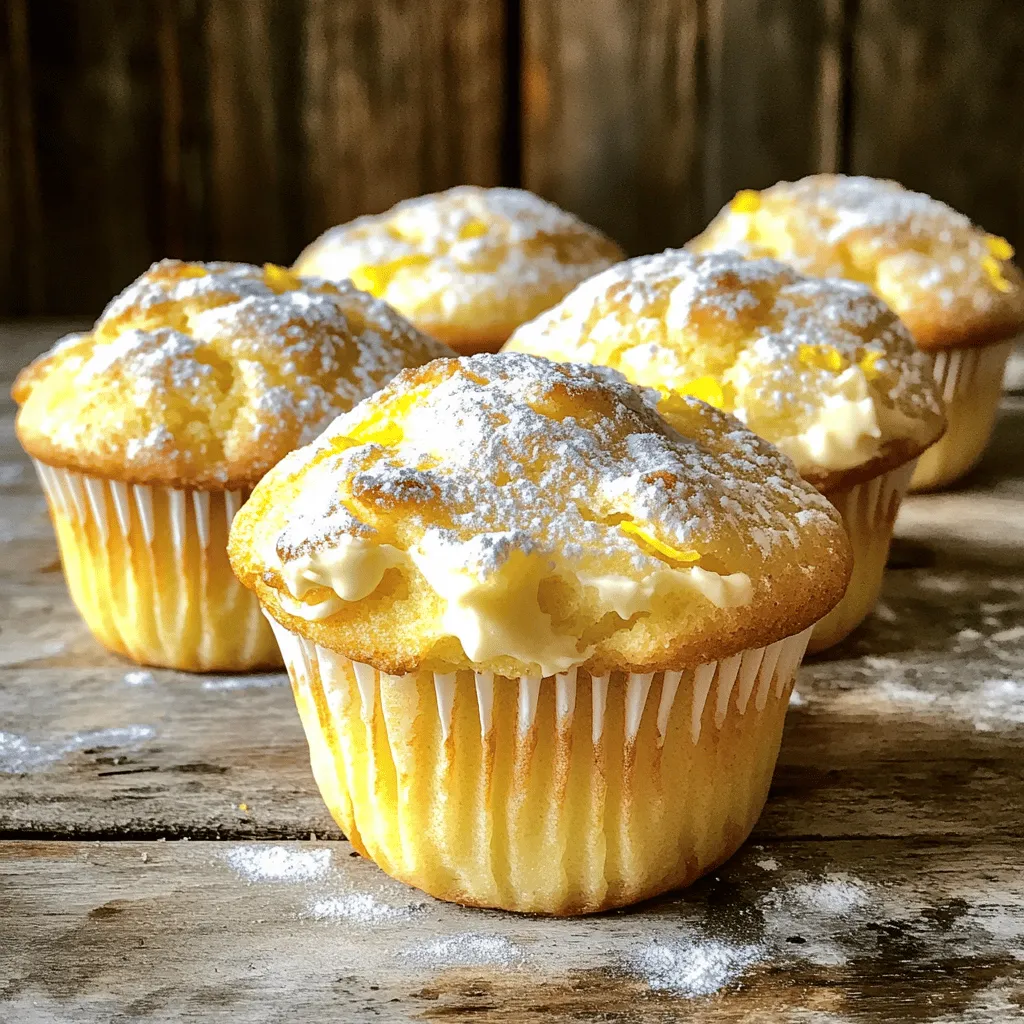 To make Lemon Cream Cheese Muffins, you will need simple ingredients. This recipe blends fresh lemon with creamy cheese. The result is a light and zesty muffin that’s perfect for breakfast or snacks. Here’s what you’ll need for the full recipe: - 1 cup all-purpose flour - 1/2 cup granulated sugar - 1/2 teaspoon baking powder - 1/4 teaspoon baking soda - 1/4 teaspoon salt - 1/2 cup cream cheese, softened - 1/4 cup unsalted butter, softened - 1 large egg - 1/4 cup milk - Zest of 1 lemon - 2 tablespoons fresh lemon juice - 1 teaspoon vanilla extract - Optional: powdered sugar for dusting Each ingredient plays a role. The flour gives structure, while the cream cheese adds richness. The lemon zest and juice give a bright flavor. If you don't have an ingredient, here are some easy swaps: - Flour: Use whole wheat flour for a nuttier taste. - Sugar: Swap granulated sugar for coconut sugar for a deeper flavor. - Cream Cheese: Try Greek yogurt or ricotta for a lighter option. - Butter: Use coconut oil for a dairy-free choice. - Milk: Almond milk or oat milk works well for a non-dairy version. Experiment with these substitutes to fit your taste or dietary needs. Each option can change the flavor or texture slightly, but they will still make a delicious muffin. Start by gathering your ingredients. You will need: - 1 cup all-purpose flour - 1/2 cup granulated sugar - 1/2 teaspoon baking powder - 1/4 teaspoon baking soda - 1/4 teaspoon salt - 1/2 cup cream cheese, softened - 1/4 cup unsalted butter, softened - 1 large egg - 1/4 cup milk - Zest of 1 lemon - 2 tablespoons fresh lemon juice - 1 teaspoon vanilla extract - Optional: powdered sugar for dusting Preheat your oven to 350°F (175°C). Line a muffin tin with paper liners or grease it. This step helps the muffins release easily after baking. In a large bowl, mix the dry ingredients. Combine the flour, sugar, baking powder, baking soda, and salt. Whisk them well. Next, take another bowl. Beat the softened cream cheese and butter until they are smooth. This should take about 2-3 minutes. Add the egg, milk, lemon zest, lemon juice, and vanilla extract. Mix until everything is combined. Gradually add the dry mix to the wet mix. Stir gently until just combined. Don’t worry if there are lumps; this is okay! Use a scoop or a large spoon to fill each muffin cup about three-quarters full. Place the muffin tin in the preheated oven. Bake for 18 to 20 minutes. To check if they are done, insert a toothpick in the center of a muffin. If it comes out clean, they are ready. If there is batter on the toothpick, bake them a few more minutes. Once they are done, take the tin out of the oven. Let the muffins cool in the tin for 5 minutes. Then, transfer them to a wire rack. This helps them cool evenly. If you like, dust the tops with powdered sugar before serving. This adds a sweet touch! To check for doneness, use a toothpick or a cake tester. Insert it into the center of a muffin. If it comes out clean or with a few crumbs, your muffins are ready. If it has wet batter, they need more time. Keep an eye on your muffins as they bake. Oven temperatures can vary, so checking early can help. If they are browning too fast, cover them loosely with foil. This prevents burning while they finish baking. Enjoy the sweet, tangy smell of these Lemon Cream Cheese Muffins as they bake! When making Lemon Cream Cheese Muffins, avoid overmixing the batter. Overmixing makes muffins dense and tough. Also, don’t skip the cream cheese. It adds a rich, moist texture. Make sure your ingredients are at room temperature. Cold cream cheese or eggs may lead to lumps. Lastly, always measure your flour correctly. Too much flour can dry out your muffins. To get the perfect texture, focus on mixing. Combine wet and dry ingredients gently. You want some lumps; they help create a light muffin. Let the batter rest for a few minutes before baking. This gives the flour time to hydrate. Use a scoop to fill muffin cups. This ensures even baking and nice shapes. You can boost the flavor of your muffins easily. Try adding poppy seeds for a nice crunch. Blueberries or raspberries can also add sweetness. For a zing, include a bit of grated ginger. If you like a richer taste, swap part of the butter for coconut oil. For more brightness, add more lemon zest or juice. These changes can make your muffins unique and exciting! For the complete recipe, check out the Full Recipe. {{image_2}} You can make these muffins gluten-free. Just swap the all-purpose flour for a gluten-free blend. Look for one that works well in baking. Most blends include rice flour and starches. This change keeps the muffins light and fluffy. Always check the label for other ingredients. Want to make your muffins special? You can add fun extras. Consider adding blueberries or raspberries for a fruity twist. Chopped nuts like walnuts or pecans give a nice crunch. You can also mix in white chocolate chips for a sweet touch. Just keep the total add-ins to 1 cup to maintain texture. Feeling adventurous? You can switch up the citrus. Lime gives a zesty kick. Use the same amount of lime juice and zest as lemon. Orange adds sweetness and a bright flavor. Again, keep the same amounts for juice and zest. These swaps keep your muffins exciting and fresh. For the complete recipe, check out the Full Recipe section. To enjoy your Lemon Cream Cheese Muffins longer, store them in an airtight container. This keeps them fresh and moist. Place a paper towel inside the container. It will absorb extra moisture. Store the muffins at room temperature for up to three days. If you want to keep them longer, consider freezing them. Freezing is a great way to save your muffins. First, let them cool completely. Wrap each muffin tightly in plastic wrap. Then, place them in a freezer-safe bag. Squeeze out as much air as possible before sealing. You can freeze them for up to three months. When ready to eat, just thaw them in the fridge overnight. To reheat your muffins, preheat your oven to 350°F (175°C). Place the muffins on a baking sheet. Heat them for about 5-10 minutes. You can also use a microwave. Heat each muffin for about 15-20 seconds. Enjoy your warm, tasty treat! For the full recipe, check the section above. Yes, you can make these muffins dairy-free. Swap cream cheese with a dairy-free cream cheese. Use coconut oil instead of butter. For milk, almond or oat milk works well. This way, you still get that creamy texture and lemon flavor. To check if the muffins are done, insert a toothpick into the center of one muffin. If it comes out clean or with a few crumbs, they are ready. Keep an eye on them. Baking takes about 18 to 20 minutes. Ovens can vary, so check early to avoid overbaking. Lemon Cream Cheese Muffins pair well with many treats. Try them with a cup of tea or coffee. They also taste great with fresh berries or a light fruit salad. A dollop of whipped cream can add extra fun. For an adult twist, serve with a splash of lemon-flavored liqueur. Enjoy these muffins at breakfast or as a snack. They are perfect for any time of the day! You learned how to make delicious Lemon Cream Cheese Muffins. We covered key ingredients and tips for baking. I shared step-by-step instructions and common mistakes to avoid. You found ways to store your muffins and even how to freeze them. Finally, we explored variations and answered some common questions. With these insights, you can bake muffins that are fluffy and full of flavor! Enjoy your baking journey!