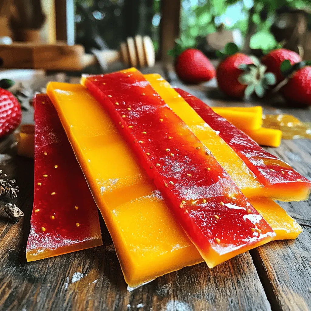 To make 3-Ingredient Fruit Leather, you need just a few key items. Here’s a simple list: - Fresh fruit options: You can use strawberries, mangoes, or any fruit you love. - Sweetener options: Honey or maple syrup work great to add sweetness. - Acidic component: Lemon juice helps brighten the flavor and keeps it fresh. These ingredients are easy to find. Choose ripe fruit for the best flavor. If your fruit is very sweet, you may not need much sweetener. Adjust based on your taste. The lemon juice is key. It balances sweetness and adds a nice zing. I love experimenting with different fruit combinations. Mixing strawberries with mango gives a great flavor twist. You can also try adding a bit of cinnamon for a warm taste. Remember, the Full Recipe is easy to follow. Get your ingredients ready, and let’s make a tasty snack! 1. Preheat your oven to the lowest setting, around 170°F or 75°C. Line a baking sheet with parchment paper. This makes removal easier later. 2. Wash and chop 2 cups of fresh fruit into small pieces. You can use strawberries, mangoes, or any fruit you like. 3. Place the chopped fruit in a blender. Add 2 tablespoons of honey or maple syrup and 1 tablespoon of lemon juice. Blend until the mix is smooth. Scrape down the sides if needed. 1. Pour the smooth fruit puree onto the prepared baking sheet. Spread it evenly to about 1/8-inch thick. This helps it dry evenly. 2. Put the baking sheet in the oven. Let the fruit leather dry for about 4 to 6 hours. Check it often. It is done when it feels dry to the touch but is slightly tacky. 1. Once dried, take the fruit leather out of the oven. Let it cool completely on the baking sheet. 2. Cut the cooled fruit leather into strips or shapes using scissors. You can sprinkle a bit of cornstarch on it to stop it from sticking together. 3. Store the fruit leather in an airtight container at room temperature. It will stay fresh for up to two weeks. Pick ripe fruits for the best flavor in your fruit leather. Strawberries, mangoes, and peaches work great. Ripe fruit has more sugar, giving your leather a sweet taste. If the fruit is too firm, it may need extra sweetener. Always check for bruises or blemishes as they can alter the taste. Aim for a thickness of about 1/8 inch when spreading the fruit puree. This ensures even drying. If the layer is too thick, it can take longer to dry. Adjust drying time based on the type of fruit. Softer fruits, like peaches, dry faster than firmer ones, like apples. Be careful not to over-dry your fruit leather. It should feel dry but still slightly tacky. If it’s too dry, it will crack. If it’s too moist, it can become sticky and spoil. Taste your puree before drying to balance flavors. You can add more sweetener or lemon juice for a better taste. {{image_2}} You can mix different fruit flavors to create fun combinations. For example, try strawberries and mangoes. This blend makes a sweet and tangy snack. Adding spices or herbs can also change the taste. A sprinkle of cinnamon gives a warm note. Fresh mint adds a refreshing touch. Experiment until you find your favorite mix! If you want a different sweetener, try agave syrup or stevia. These can replace honey or maple syrup. Adjust the amount based on the fruit you use. Some fruits are sweet on their own, while others need more help. Taste as you mix to find the right balance for your snack. You can use a dehydrator for easy fruit leather. Simply spread the puree on the dehydrator trays and set the temperature. It usually takes about 6-8 hours to dry. If you need a quick snack, try the microwave. Spread the puree on a microwave-safe plate. Heat it in 30-second intervals, checking until it is dry. This method is fast and fun! For full details and tips, check the Full Recipe. To keep your fruit leather fresh, use an airtight container. Glass jars work well. You can also use plastic containers. Store it in a cool, dark place. Avoid direct sunlight and heat, as they can make the fruit leather spoil faster. Homemade fruit leather lasts about two weeks at room temperature. If you want it to last longer, freeze it. Wrap the strips in plastic wrap, then place them in a freezer bag. This way, they can last for up to six months. If your fruit leather gets hard, you can bring it back to life. Place it in a damp paper towel for a few minutes. This adds moisture back to the fruit leather. If it smells bad or has mold, toss it out. Don't eat fruit leather that looks or smells off. You can easily use frozen fruit to make fruit leather. Start by thawing the frozen fruit. Once thawed, drain any excess liquid. Then, blend the fruit until smooth. Add honey or maple syrup and lemon juice. Blend again to mix everything. Follow the same steps as the full recipe. Spread the puree on a baking sheet and dry it in the oven. It takes about the same time as fresh fruit. Yes, you can make fruit leather without a blender. Use a potato masher or fork to mash the fruit. You can also cook the fruit in a pot to soften it. Once it's soft, mash it until it reaches a smooth texture. Mix in your sweetener and lemon juice. After that, spread the mixture on the baking sheet as usual. Make sure it is even for proper drying. Sticky fruit leather can happen for a few reasons. First, it may not have dried long enough. Check the drying time and temperature. If it’s still sticky after drying, return it to the oven for a bit longer. Another reason could be too much liquid in the fruit. Next time, try using less fruit juice or draining it better. Lastly, if you live in a humid area, consider drying it longer. You can make delicious fruit leather at home using fresh fruits and simple steps. Start with your favorite fruits, sweeteners, and a splash of lemon juice. Remember to dry your puree well for the best texture. Avoid common mistakes like under-drying, and feel free to experiment with flavors and sweeteners. Store your fruit leather in an airtight container, and enjoy it for months. Try using frozen fruit or different methods like dehydrators or microwaves if you need to. With these tips, you can create tasty snacks that you’ll love!