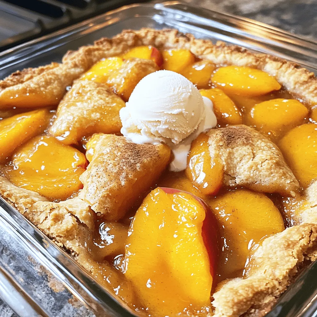 Fresh peaches are the star of this dish. They should be ripe, juicy, and fragrant. Choose peaches with smooth skin and a little give when you press them. The sweetness of the peaches will shine through in the cobbler. Other key ingredients include: - Granulated sugar - Lemon juice - Cornstarch - All-purpose flour - Baking powder - Salt - Unsalted butter - Milk - Vanilla extract - Cinnamon For those looking for options, you can use alternative sweeteners. Honey or maple syrup works well. Just adjust the amount used to keep the right sweetness. Accurate measurements matter for a great cobbler. Here are the exact amounts you'll need: - 4 large fresh peaches, peeled and sliced - 1 cup granulated sugar, divided - 1 teaspoon lemon juice - 1 tablespoon cornstarch - 1 cup all-purpose flour - 1 tablespoon baking powder - 1/2 teaspoon salt - 1/2 cup unsalted butter, melted - 3/4 cup milk - 1 teaspoon vanilla extract - 1 teaspoon cinnamon - Ice cream or whipped cream (optional for serving) The right ratios ensure your cobbler bakes evenly. Too much flour can make it dry. Too little sugar can make it bland. Following these measurements will lead to a delightful dessert. For the full recipe, check out the section above. To peel fresh peaches, you can use a simple method. Start by boiling water in a pot. Once it boils, drop the peaches in for about 30 seconds. Remove them and place them in ice water. The skins will slide off easily. Slice the peaches into thin wedges. Next, we move on to maceration. This process helps draw out the peach juices. In a bowl, mix the sliced peaches with 1/2 cup of sugar, lemon juice, and cornstarch. Toss them gently to coat. Let them sit for about 10 minutes. This makes the peaches sweeter and juicier. Now, let’s create the batter. In a large bowl, combine the dry ingredients. Mix together all-purpose flour, baking powder, salt, and the remaining 1/2 cup of sugar. This will ensure even sweetness. In another bowl, whisk together the melted butter, milk, and vanilla extract. Pour this mixture into the dry ingredients. Mix until just combined. The batter will look lumpy, which is perfect. Avoid overmixing, as this can make the cobbler tough. For the final assembly, start by greasing a 9x13 inch baking dish. Pour the batter into the dish. Spread it evenly across the bottom but do not stir. Next, spoon the macerated peaches along with their juices over the batter. Again, avoid stirring. This layering is key to creating a lovely cobbler texture. To finish, sprinkle cinnamon on top for extra flavor. Bake in your preheated oven at 350°F (175°C) for 40-45 minutes. The cobbler is done when the top is golden and bubbly. A toothpick inserted in the batter should come out clean. Let the cobbler cool for about 10 minutes before serving. This step is crucial to allow flavors to meld. For the full recipe, refer to the provided instructions. Enjoy your delicious creation! How do you know when the cobbler is properly baked? You can check by looking for a golden-brown color on top. The edges should be a bit crispy, and the center should be firm. Use a toothpick to test the batter. If it comes out clean, your cobbler is ready. If your oven runs hot, you might need to adjust the baking time. Start checking at 35 minutes. If the top looks brown but the center is not set, cover it with foil. This way, the top won’t burn while the center cooks more. What are the best ways to serve fresh peach cobbler? I love serving it warm right from the oven. The warm cobbler really brings out the flavors. Pair it with a scoop of vanilla ice cream. The cold ice cream melts into the warm cobbler. It creates a sweet and creamy mix. You can also add a dollop of whipped cream on top. For a twist, sprinkle some chopped nuts or granola. This adds a nice crunch. What are the common mistakes to avoid when making peach cobbler? One big mistake is overmixing the batter. Mix until it’s just combined. A few lumps are okay. If you mix too much, the cobbler can turn out tough. Another mistake is not using enough sugar. Peaches are sweet, but they need a little help. Make sure to use the full amount of sugar in the recipe. Also, watch the cook time. If you pull it out too early, the cobbler can be runny. Always check for that golden color and firm texture. For the full recipe, be sure to check out the Sunny Summer Peach Cobbler. {{image_2}} You can easily boost the flavor of your peach cobbler. Add spices like nutmeg or ginger for warmth. A few drops of almond extract can give a nice twist too. You can also mix in other fruits. Try adding blueberries, raspberries, or apples. These fruits pair well with peaches and add a new taste. If you want a lighter dessert, reduce the sugar. Use only 1/2 cup instead of a full cup. You can also use honey or maple syrup as sweeteners. For those needing gluten-free options, swap the all-purpose flour for almond or oat flour. You can use coconut milk instead of regular milk for a dairy-free treat. Southern-style peach cobbler is famous for its rich, buttery crust. It often has a thicker fruit layer, making it extra tasty. You can also try other fruit cobblers. Cherry, berry, or apple cobblers are also delicious choices. Each fruit brings its own unique flavor to the dish. To keep your leftover peach cobbler fresh, store it in the fridge. Use an airtight container. This helps keep moisture in and prevents it from drying out. If you have a lot left, you can also wrap it well in plastic wrap. For best taste, eat it within three days. You can reheat peach cobbler in the oven or microwave. If using the oven, preheat it to 350°F (175°C). Place the cobbler in an oven-safe dish. Cover it with foil to keep it from drying out. Heat for about 15-20 minutes. If you're in a hurry, use the microwave. Place a piece on a microwave-safe plate. Heat for 30 seconds to 1 minute. Check to see if it's warm enough. This method is quick, but it may make the topping a bit soft. How do I know if my peaches are ripe? Ripe peaches feel soft but not mushy. They should smell sweet and fragrant. Look for a golden color. If they have a slight give when pressed, they are ready to use. If they are still firm, leave them at room temperature for a few days. Can I use frozen peaches instead? Yes, you can use frozen peaches. Just make sure to thaw them first. Drain any excess liquid before using. This will help keep your cobbler from getting too watery. Frozen peaches can work well if fresh ones are not available. What if my cobbler is too runny? If your cobbler is runny, it might need more cornstarch. Try adding a tablespoon more next time. Also, ensure you let the peaches macerate properly. Maceration helps draw out juices and thickens them. How to fix a cobbler that is too dry? If your cobbler is too dry, it may need more liquid. Next time, try adding an extra tablespoon of milk. You can also cover the dish with foil while baking to keep moisture in. Clarification on how to make the batter and layer it properly To make the batter, mix the dry and wet ingredients together. The batter should be lumpy; don’t overmix it. Pour the batter into the baking dish without stirring. Layer the peaches on top without mixing again. This creates a nice separation between the batter and fruit. Steps for ensuring the best flavor in each bite Use ripe peaches for the best flavor. The sugar and lemon juice enhance the natural sweetness. Don’t skip the cinnamon; it adds warmth and aroma. Serve warm with ice cream for a delightful experience. For the full recipe, check out the Sunny Summer Peach Cobbler. Making peach cobbler can be simple and fun. Fresh peaches and the right ingredients are key. Accurately measuring your stuff matters for great taste. Follow the step-by-step guide for prep, batter, and baking to get it just right. Remember the tips for baking and serving. Avoid common mistakes for perfect results. Explore variations like healthier options or different flavors to keep it exciting. Store leftovers properly and reheat them without losing texture. Enjoy making and sharing this treat with those you love.