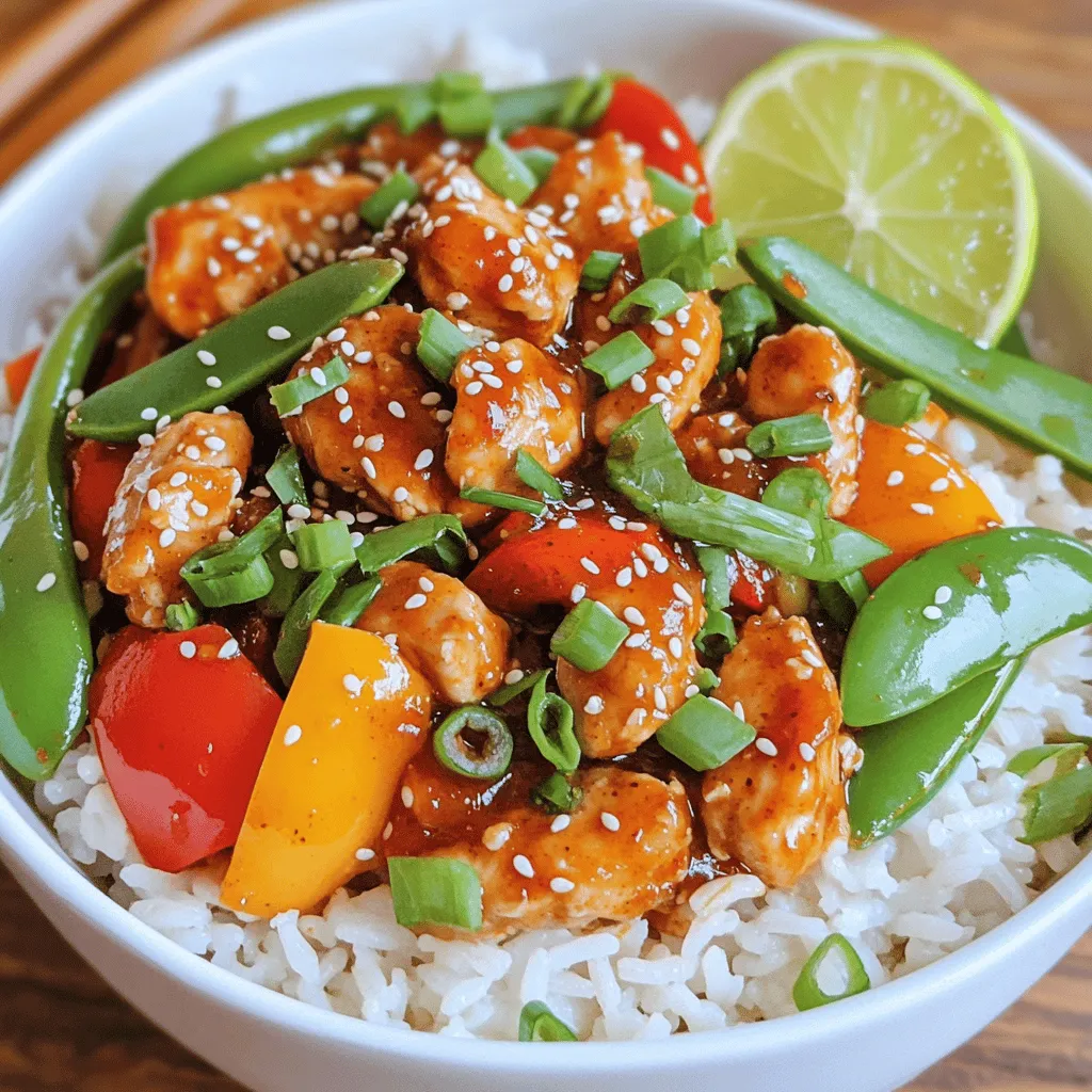 This Sweet Chili Chicken Bowl is a simple, tasty meal. You can make it in about 30 minutes. It combines chicken, rice, and colorful veggies. The sweet chili sauce brings everything together, making it fun to eat. - 2 chicken breasts, diced - 1 cup jasmine rice - 1 cup chicken broth - 1 bell pepper (red or yellow), sliced - 1 cup snap peas, trimmed - 2 tablespoons sweet chili sauce - 1 tablespoon soy sauce - 1 tablespoon sesame oil - 2 green onions, chopped - 1 tablespoon sesame seeds - Salt and pepper to taste - 1 cup = 240 ml - 1 tablespoon = 15 ml - 1 teaspoon = 5 ml These easy conversions help you measure right. With the right amounts, your dish will taste great. If you want to try other rice types, just adjust the cooking time. Enjoy your cooking! To start, grab a medium saucepan. Combine 1 cup of jasmine rice and 1 cup of chicken broth. Bring this mix to a boil. Once it boils, lower the heat and cover the pot. Let it simmer for about 15 minutes. This makes the rice tender and fluffy. After 15 minutes, remove it from heat. Let it sit covered for another 5 minutes. Next, take a large skillet and heat 1 tablespoon of sesame oil over medium-high heat. Add the diced chicken breasts and sprinkle with salt and pepper. Cook the chicken for about 6 to 8 minutes. You want it to turn golden brown and be cooked through. Stir it occasionally to cook evenly. Now, it’s time to add some color! Stir in the sliced bell pepper and snap peas. Sauté these for another 3 to 4 minutes. You want them to be tender-crisp. Then, lower the heat and pour in 2 tablespoons of sweet chili sauce and 1 tablespoon of soy sauce. Mix everything well to coat the chicken and veggies. Let it cook for 2 more minutes to thicken the sauce a bit. Now we get to the fun part! Fluff the cooked rice with a fork. Divide the rice among serving bowls. Top each bowl with the sweet chili chicken and veggie mix. Be generous; this is the best part! Finally, let’s make it look great! Sprinkle chopped green onions and sesame seeds on top. This adds flavor and crunch. For a fresh burst, serve with a lime wedge and an extra drizzle of sweet chili sauce. Enjoy your colorful and tasty Sweet Chili Chicken Bowl! To get juicy chicken, start by cutting your chicken breasts into small cubes. This helps them cook evenly. Use medium-high heat in your skillet. This way, you get a nice brown color on the chicken. Always season with salt and pepper before cooking. This brings out the best flavor. Cook the chicken for about 6-8 minutes until it's no longer pink. You want it fully cooked, but not dry. You can boost the flavor of your sweet chili chicken bowl in many ways. First, marinate the chicken for at least 30 minutes. Use soy sauce, sweet chili sauce, and a splash of lime juice. This step adds depth to the taste. When you sauté the vegetables, add a pinch of garlic or ginger for a zesty kick. Finally, don’t skip the garnishes! Chopped green onions and sesame seeds add texture and flavor. Meal prep can be quick with a bit of planning. Cook the rice and chicken in bulk. Store them in the fridge for up to three days. You can also chop your veggies ahead of time. This makes it easy to throw everything together after a long day. Use pre-cooked chicken or rotisserie chicken if you are short on time. They can save you at least 15 minutes! For more details on the recipe, check out the Full Recipe link. {{image_2}} You can swap some ingredients in the Sweet Chili Chicken Bowl. Use brown rice instead of jasmine rice for more fiber. If you want a lighter meal, try zucchini noodles in place of rice. For a different flavor, use teriyaki sauce instead of sweet chili sauce. You could also use tofu instead of chicken for a plant-based option. Making a vegetarian or vegan version is easy. Replace chicken with firm tofu or tempeh. Use vegetable broth instead of chicken broth for cooking the rice. You can also add more veggies like broccoli, carrots, or mushrooms. These changes keep the dish tasty and healthy, while still giving you that sweet and spicy kick. You can add more protein to your bowl, like shrimp or beef. This adds extra flavor and nutrition. Top the bowl with avocado slices or a boiled egg for creaminess. If you want crunch, sprinkle some toasted nuts or seeds on top. Don't forget to adjust the sauces to balance the flavors with these extras. You can store your sweet chili chicken bowl in the fridge. Place it in an airtight container. This keeps it fresh for up to three days. Make sure it cools to room temperature before sealing it. This helps avoid extra moisture inside the container. To freeze, portion the bowl into individual servings. Use freezer-safe bags or containers. Remove as much air as possible before sealing. Your sweet chili chicken bowl can last in the freezer for about three months. Just label the bags with the date for easy tracking. When you want to enjoy your meal again, reheat it safely. For the best results, use the microwave. Heat it in short bursts, stirring in between. This ensures even heating. You can also reheat it on the stove over low heat. Add a splash of water or broth to keep it moist. Enjoy your delicious meal! Yes, you can use other rice types. Brown rice adds a nutty taste. Quinoa is a great choice, too. It cooks differently, so watch the timing. You can even use cauliflower rice for a low-carb option. Just adjust the cooking time to suit the rice or grain you choose. You can pair this bowl with many sides. Steamed broccoli adds color and nutrition. Fresh cucumber salad gives a nice crunch. You might enjoy some spring rolls as a fun side dish. For a heartier meal, add a slice of garlic bread. Absolutely! Kids love the sweet and tangy flavor. The chicken is tender and easy to eat. You can adjust the sauce to your child's taste. If they like veggies, add their favorites. This bowl is healthy and fun for kids. To spice it up, add red pepper flakes or sriracha. You can also use a spicier chili sauce. If you want it milder, reduce the sweet chili sauce. You can also omit the soy sauce for less salt. Adjust the heat to fit your taste. This article covered how to make a tasty Sweet Chili Chicken Bowl. We started with a full recipe overview and a list of key ingredients. Then, I shared clear step-by-step instructions, tips for perfect cooking, and variations to fit your tastes. In conclusion, you can enjoy this dish in many ways. With the right techniques, it gets better each time you make it. Experiment with flavors and make it your own!