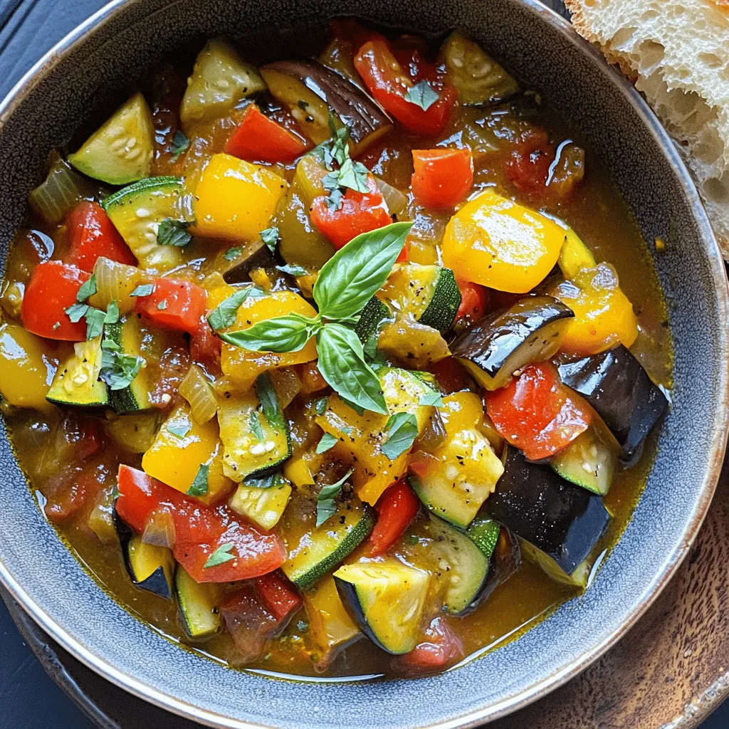 To make a delicious homemade ratatouille, you will need: - 1 medium eggplant, diced - 2 medium zucchini, sliced - 1 bell pepper (any color), chopped - 1 medium onion, finely chopped - 3 cloves garlic, minced - 4 ripe tomatoes, diced (or 1 can of diced tomatoes) - 1 cup vegetable broth - 2 tablespoons olive oil - 1 teaspoon dried basil - 1 teaspoon dried oregano - Salt and pepper to taste - Fresh basil leaves for garnish Using fresh ingredients is ideal for ratatouille. Fresh vegetables give vibrant colors and better taste. They also add texture. However, using canned tomatoes works well too. They save time and are easy to find. When using canned, choose ones with no added sugar or salt. This keeps the dish healthy and tasty. Ratatouille is flexible. You can swap in other veggies based on your taste. Here are some ideas: - Yellow squash for zucchini - Carrots for a touch of sweetness - Mushrooms for an earthy flavor - Spinach or kale for added greens Feel free to get creative! Each mix of vegetables offers a new twist. This makes ratatouille exciting every time you cook it. For the full recipe, check out the details above. Start by washing all your vegetables well. This step is key to a fresh taste. Dice the eggplant into small cubes. Slice the zucchini into half-moons. Chop the bell pepper into bite-sized pieces. Finely chop the onion and mince the garlic. Finally, dice the tomatoes or open the can of diced tomatoes. Keep all these veggies close to your cooking space. This makes cooking easier and faster. Heat two tablespoons of olive oil in a large skillet or Dutch oven over medium heat. Once the oil is hot, add the chopped onion and minced garlic. Sauté them for about three to four minutes. Look for the onion to turn translucent. This shows it is ready for the next step. Next, toss in the diced eggplant. Cook it for about five minutes. Stir it occasionally to avoid burning. Now, add the sliced zucchini and chopped bell pepper. Mix these vegetables well with the eggplant. After that, pour in your diced tomatoes. It’s crucial to combine everything to ensure even cooking. Pour in one cup of vegetable broth. Season your mixture with dried basil, oregano, salt, and pepper. Give it a good stir to blend all the flavors. Lower the heat and let it simmer for about 25 to 30 minutes. Stir occasionally to keep it from sticking. The goal is to make the vegetables tender and let the flavors meld. Taste your ratatouille before serving. Adjust the seasoning if needed. Once done, let it sit for a few minutes. This resting period helps deepen the flavors. Serve it warm, and enjoy this vibrant garden dish! For the full recipe, check out the vibrant garden ratatouille. For ratatouille, the right spices make all the difference. I love using basil and oregano. These herbs bring out the best in the vegetables. You can also try thyme or rosemary for a twist. A pinch of red pepper flakes adds a nice kick if you like heat. Always taste as you go. Adjust the salt and pepper to suit your taste. To get that ideal texture, cut your veggies evenly. This ensures they cook at the same rate. Start with the onion and garlic, then add the eggplant next. Eggplant tends to absorb oil, so sauté it well. The zucchini and bell pepper should be added later. They cook faster and stay tender. Simmer the mix gently for about 25 to 30 minutes. This allows the flavors to meld beautifully. Presentation makes your dish even more inviting. Serve ratatouille in a deep bowl for a rustic feel. Drizzle a bit of olive oil on top. This adds shine and richness. A sprinkle of fresh chopped basil gives it a pop of color. Pair it with crusty bread or couscous for a complete meal. The colors of the veggies will impress your guests. Enjoy the beauty of this vibrant dish! For a complete guide, check out the Full Recipe. {{image_2}} Ratatouille is naturally gluten-free. It uses fresh vegetables and broth. You can enjoy this dish without worry. If you want a thicker sauce, try using cornstarch. Mix cornstarch with water first. Then add it to your ratatouille as it cooks. This adds some body to the dish. You can add proteins to make ratatouille heartier. For meats, try diced chicken or beef. Cook the meat first, then add the veggies. If you prefer plant-based options, use beans or lentils. Both add protein and a nice texture. Tofu is another great choice. Just cube it and sauté with the other veggies. Herbs and spices change the flavor of ratatouille. You can use fresh or dried herbs. Try adding thyme or rosemary for a new twist. For heat, add a pinch of red pepper flakes. If you want a sweet touch, a bit of sugar can help balance the acidity of the tomatoes. Experiment to find your favorite mix! For a detailed guide on making this dish, check the Full Recipe. To keep your ratatouille fresh, store it in an airtight container. Let it cool down first, then cover it tightly. Place it in the fridge, where it will last for about 3 to 5 days. Make sure to label the container with the date. This helps you keep track of how long it has been stored. If you want to enjoy it later, freezing is a great option. You can freeze ratatouille for up to 3 months. First, let it cool completely. Then, portion it into freezer-safe bags or containers. Remove as much air as possible before sealing. This keeps your dish fresh and prevents freezer burn. When you’re ready to eat it, just pull it out and let it thaw in the fridge overnight. To reheat ratatouille, use a skillet on low heat. This warms it evenly and keeps the flavors vibrant. Stir occasionally to avoid sticking. You can also microwave it in short bursts. Check every minute until it’s heated through. If it seems dry, add a splash of vegetable broth or olive oil. This helps restore moisture and flavor. Enjoy your homemade ratatouille just like the day you made it! Ratatouille comes from the Provence region in France. It started as a peasant dish. Farmers made it to use fresh vegetables. The name comes from the French word "rata," which means to mix. Over time, it became a well-loved dish in French cuisine. Now, many chefs create their own versions. Ratatouille is a great way to enjoy seasonal veggies. Yes, you can make Ratatouille ahead of time. It tastes even better the next day. Let the dish cool before storing it. Keep it in an airtight container in the fridge. It can last for about three to four days. You can reheat it on the stove or in the microwave. Just add a splash of broth to keep it moist. You can easily customize Ratatouille. Start by changing the vegetables. Add mushrooms, carrots, or squash if you like. You can also change the herbs. Try thyme, rosemary, or parsley for different flavors. For a spicy kick, add red pepper flakes. If you want more protein, mix in beans or chickpeas. The options are endless, and you can make it your own. Check out the Full Recipe for more ideas! Homemade ratatouille is simple and fun to make. You learned about key ingredients, how to prepare them, and the cooking steps. You also found tips for seasoning and storing your dish. Exploring variations lets you customize it to suit your taste. Ratatouille is not just tasty; it's a way to enjoy fresh veggies. I hope you feel inspired to create your own. Trust in your skills, and enjoy every bite!