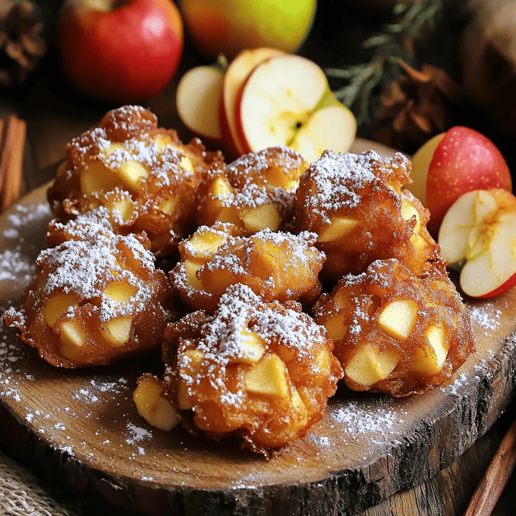 Let’s gather what you need to make these delicious Amish apple fritters. Here’s the list: - 2 medium tart apples, peeled, cored, and diced - 1 cup all-purpose flour - 1/4 cup granulated sugar - 1 teaspoon baking powder - 1/2 teaspoon ground cinnamon - 1/4 teaspoon nutmeg - 1/4 teaspoon salt - 1 large egg - 1/2 cup milk - 1 teaspoon vanilla extract - Oil for frying - Powdered sugar for dusting Each ingredient plays a key role. The tart apples bring a nice balance to the sweet batter. Flour gives the fritters body. Sugar adds the sweetness you crave. Baking powder makes them fluffy and light. Cinnamon and nutmeg give that warm, spiced flavor. The egg and milk create a rich batter that binds everything. The oil is crucial for frying. It needs to be hot to get those perfect golden fritters. Finally, powdered sugar gives that sweet finish. Don’t forget to check the [Full Recipe] for all the steps! - Combine dry ingredients in a mixing bowl. - Whisk wet ingredients separately in another bowl. - Gradually mix wet ingredients into dry ingredients. Stir until smooth. - Fold in the diced apples gently. This helps keep them intact. - Heat oil to 350°F (175°C) in a deep skillet. - Drop batter into hot oil using a spoon or small scoop. - Fry until golden brown on both sides. Each side takes about 3-4 minutes. - Dust with powdered sugar for a sweet touch. - Optional: serve with caramel sauce or whipped cream for extra flavor. For more details on the ingredients and full preparation, check the Full Recipe. Enjoy your homemade Amish apple fritters! - Choosing the right apples for flavor Use tart apples like Granny Smith. Their flavor shines through in fritters. They add a nice contrast to the sweet batter. - Ensuring the oil is at the correct temperature Heat the oil to 350°F (175°C). This temp cooks the fritters evenly. If the oil is too cool, they soak up too much grease. If too hot, they burn quickly. - Avoiding overcrowding the pan while frying Fry only a few fritters at a time. This helps them cook evenly. Overcrowding lowers the oil's temp, making them soggy. - Overmixing the batter Mix the batter just until the dry and wet ingredients combine. Overmixing makes fritters tough. You want them light and airy. - Not letting fritters drain properly after frying After frying, place fritters on paper towels. This helps remove excess oil. Otherwise, they can become greasy and lose their crunch. These tips will guide you to perfect, delicious Amish apple fritters every time. For the complete recipe, check out the Full Recipe section. {{image_2}} You can make Amish apple fritters even more fun. Here are some tasty ideas to try: - Incorporating nuts like walnuts or pecans: Chopped nuts add a nice crunch. They mix well with the soft apples. Just fold in about half a cup for great texture. - Adding dried fruits like raisins: Raisins bring in a sweet chewiness. Mix in a half cup with your batter. It gives each bite more flavor and surprise. - Experimenting with spices such as clove or ginger: Want a twist? Add a pinch of ground clove or ginger. These spices can warm up the taste. They add a lovely depth to your fritters. You can change how you serve these fritters for more fun. Here are two ideas to try: - Serving with a glaze instead of powdered sugar: Drizzle a simple glaze over your fritters. Mix powdered sugar with milk until smooth. This makes them look fancy and adds sweetness. - Transforming into apple fritter sandwiches: Take two fritters and fill them with ice cream or whipped cream. This creates a fun dessert sandwich. It’s a great way to enjoy them on a warm day. These variations will give your Amish apple fritters a unique twist. Don’t be afraid to get creative! For the full recipe, check out the details above. To keep your apple fritters fresh, store them in an airtight container. This helps maintain their flavor and texture. You can place parchment paper between layers to avoid sticking. Refrigerate the fritters if you do not eat them within a few hours. They stay good for about 2 to 3 days in the fridge. When you want to enjoy your fritters again, reheating is key. For the best texture and flavor, use an oven. Preheat it to 350°F (175°C). Place the fritters on a baking tray and heat for about 10 minutes. This method helps restore their crispiness. You can also use a microwave, but this method may make them soft. If you choose the microwave, heat them in short bursts of 15-20 seconds. Check often to avoid overheating. Enjoy your fritters warm, and don't forget to dust them with powdered sugar! For the full recipe, check out the earlier section. Amish apple fritters are a sweet treat made with fresh apples. They hold a special place in Amish culture, known for their homemade goodness. These fritters are soft and fluffy, often dusted with powdered sugar. They bring warmth and comfort, perfect for sharing with family and friends. Yes, you can use various apples. Tart apples like Granny Smith work well. Other good choices include Honeycrisp or Fuji. Each type will change the flavor slightly, so feel free to experiment! To check if the fritters are done, look for a golden brown color. You can also test one by breaking it open. The inside should be cooked and not doughy. Fry them for about 3-4 minutes on each side. You can prepare the batter ahead of time. Store it in the fridge for up to two hours. This can save you time when you’re ready to fry. Just remember to mix it again before using. Yes, you can bake Amish apple fritters. Preheat your oven to 375°F (190°C). Place them on a baking sheet lined with parchment paper. Bake for about 15-20 minutes, or until golden brown. This method is healthier, but the fritters will have a different texture. For the full recipe, check the earlier section! You learned how to make delicious apple fritters with simple steps. From choosing tart apples to frying them just right, every detail matters. Remember to avoid common mistakes like overmixing. Feel free to experiment with flavors and serving ideas. Whether you eat them warm with powdered sugar or add a glaze, these fritters will be a hit. Store leftovers properly and enjoy them later. Have fun making these treats and sharing them with others. Happy cooking!