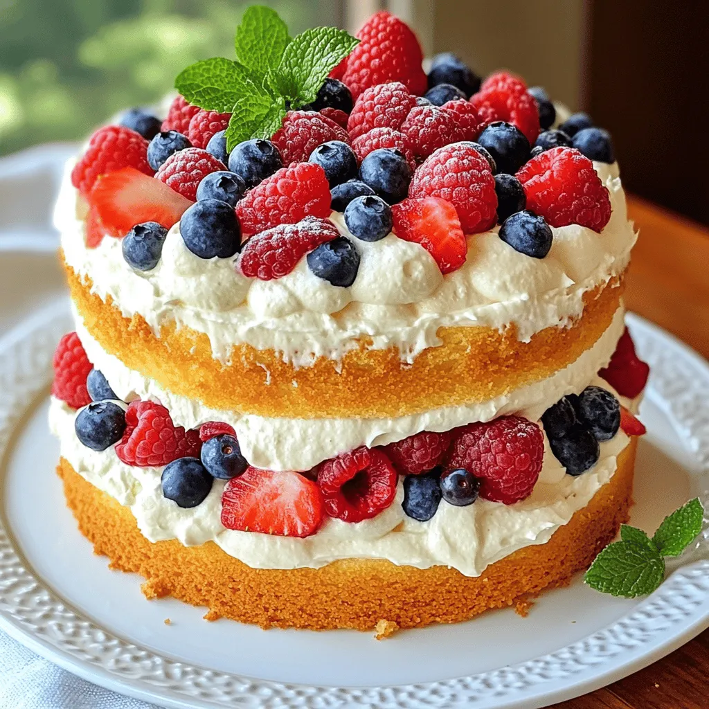 - 2 cups cake flour - 1 ½ cups granulated sugar - ½ cup unsalted butter, softened - 1 cup milk, room temperature - 3 large eggs - 1 tablespoon baking powder - 1 teaspoon vanilla extract - ½ teaspoon salt - 2 cups heavy whipping cream - ½ cup powdered sugar - 1 teaspoon vanilla extract (for the cream) - 2 cups mixed berries (strawberries, blueberries, raspberries) - Fresh mint leaves for garnish These ingredients work together to create a light and fluffy cake. The cake flour gives it a tender crumb. Granulated sugar adds sweetness, while unsalted butter gives rich flavor. The milk keeps the cake moist. Eggs help bind everything, and baking powder provides lift. For the Chantilly cream, heavy whipping cream is key for stability and richness. The powdered sugar sweetens the cream without making it gritty. The vanilla adds depth of flavor. The mixed berries give the cake a burst of color and taste. Use fresh mint leaves as a garnish for a refreshing touch. This combination makes the Berry Chantilly Cake not only delicious but also visually stunning. You can find the full recipe details in the Berry Chantilly Cake Delightful and Easy Recipe section. - Step 1: Preheat the oven to 350°F (175°C). This step is key for even baking. - Step 2: Mix the dry ingredients in a bowl. Combine 2 cups of cake flour, 1 tablespoon of baking powder, and ½ teaspoon of salt. - Step 3: Cream butter and sugar until fluffy. Use ½ cup of softened butter and 1 ½ cups of granulated sugar. Beat for about 4-5 minutes. - Step 4: Add eggs and vanilla to the butter mixture. Mix in 3 large eggs, one at a time, and add 1 teaspoon of vanilla extract. - Step 5: Gradually combine dry and wet ingredients with milk. Alternate adding the dry mix with 1 cup of room temperature milk. Start and end with the flour mix. Mix just until combined; do not overmix. - Step 6: Divide and bake the cake batter. Pour the batter evenly into two 9-inch round cake pans. Bake for 25-30 minutes. - Step 7: Cool the cakes before frosting. Let them cool in the pans for about 10 minutes, then transfer to wire racks to cool completely. - Step 8: Beat the heavy whipping cream and powdered sugar. Use 2 cups of heavy whipping cream and ½ cup of powdered sugar. Beat until medium peaks form. - Step 9: Add vanilla extract and ensure medium peaks form. Stir in 1 teaspoon of vanilla extract for flavor. - Step 10: Layer and frost the cake with Chantilly cream and berries. Place one cake layer on a serving plate. Spread Chantilly cream and top with 2 cups of mixed berries. - Step 11: Garnish for presentation. Use any remaining cream to frost the sides. Add fresh mint leaves and whole berries on top for a beautiful finish. For the full recipe, check the complete instructions. Enjoy making this delightful treat! - Ensure all ingredients are at room temperature. This helps the cake mix better. - Avoid overmixing to keep the cake light and fluffy. Mix just until you combine everything. - Use cold tools for whipping cream to achieve better volume. Cold bowls and beaters help. - Opt for powdered sugar for sweetness and stability in the cream. It dissolves quickly and adds a smooth texture. - Serve slices with fresh berries and mint for a stunning look. This adds color and freshness to each slice. {{image_2}} You can switch up the flavors in your Berry Chantilly Cake. Try using different berries, like only strawberries or just blueberries. You can also add fruit purees to the cream. Strawberry puree adds a sweet touch. Raspberry puree gives a tart kick. Both options make the cream even tastier. If you need a gluten-free cake, no problem! Just swap out the cake flour for gluten-free flour. Many brands work well. Just check the package for a 1:1 ratio. This keeps the cake soft and fluffy. Want a vegan version? It’s easy! Replace eggs with flax eggs. To make one flax egg, mix one tablespoon of ground flaxseed with three tablespoons of water. Let it sit until it thickens. Also, use non-dairy milk and cream. Almond or coconut milk works great. This way, everyone can enjoy this tasty cake. Check the Full Recipe for all the details. Keep your Berry Chantilly Cake fresh by placing it in an airtight container. Store it in the refrigerator. This helps to maintain its flavor and moisture. The cake can last about three to four days when stored properly. Always cover the cake to prevent it from drying out. To enjoy your cake later, freeze individual slices. Wrap each slice tightly in plastic wrap. Then, place the wrapped slices in a freezer-safe bag. Remove as much air as possible to prevent freezer burn. You can freeze the slices for up to three months. When you want to eat one, just let it thaw in the fridge overnight. For the best taste, serve the Berry Chantilly Cake fresh. The cream and berries taste amazing when they are new. If you can, eat it within a day or two of making it. This keeps the cake soft and the cream fluffy. Enjoy the cake at room temperature for the best flavor! Berry Chantilly Cake lasts about 3 to 5 days in the fridge. Keep it in an airtight container to keep it fresh. The berries might get soft over time, so enjoy it soon after making. Yes, you can make this cake in advance. Bake the cake layers a day ahead and store them wrapped in plastic. You can also prepare the Chantilly cream a day early. Just store it in the fridge. Assemble the cake the day you plan to serve it. You can find Berry Chantilly Cake at local bakeries. Some might offer it as a special item. If you want to order online, check bakeries that deliver. Websites like Goldbelly may have options too. If you want a change, try whipped cream or cream cheese frosting. You can also use a non-dairy whipped topping for a vegan option. Each will give a different taste but still taste great. Yes, Berry Chantilly Cake is easy to make. It requires basic baking skills. If you can mix, bake, and frost, you can make this cake. The steps are simple and fun! If you don’t have cake flour, you can use all-purpose flour. Just measure one cup of all-purpose flour, remove two tablespoons, and add two tablespoons of cornstarch. This mix can help you get a similar texture in your cake. In this article, we explored how to create a delicious Berry Chantilly Cake. We covered key ingredients like cake flour, sugar, and heavy cream. Step-by-step instructions made baking simple. I shared tips for success and variations to suit your taste. Remember, this cake shines when fresh, but leftovers can be stored well. Enjoy the sweet layers and fresh berries. You can impress your friends and family with this lovely treat! Happy baking!