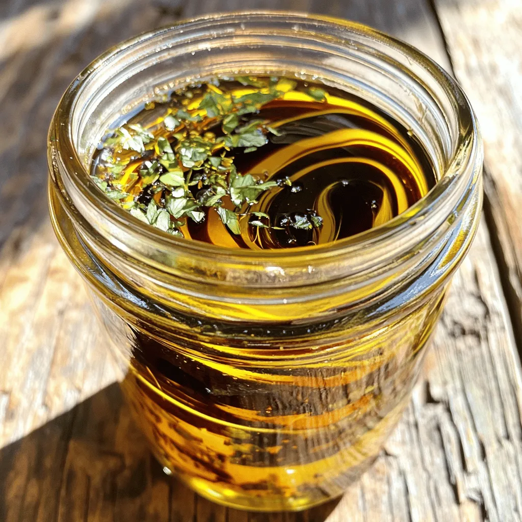 - Balsamic vinegar - Extra virgin olive oil - Dijon mustard - Honey or maple syrup - Garlic powder - Onion powder - Salt - Black pepper - Fresh herbs I love using fresh ingredients to make my balsamic vinaigrette. The balsamic vinegar gives it a sweet and tangy flavor. I use extra virgin olive oil for richness. Dijon mustard adds a nice kick. Honey or maple syrup brings sweetness, but feel free to skip it for a tangier taste. Garlic powder and onion powder round out the flavor. Lastly, I sprinkle in salt and black pepper to enhance everything. Fresh herbs really brighten the dressing and make it vibrant. If you want a vegan option, swap honey for maple syrup. It works perfectly! You can also replace extra virgin olive oil with other oils like avocado or sunflower oil. They will change the flavor, but they still taste great. When you need to convert measurements, remember: - 1 tablespoon equals 3 teaspoons. - 1 cup is about 240 milliliters. These simple conversions help when you want to adjust the recipe or make a smaller batch. To start, gather your ingredients. You will need balsamic vinegar, extra virgin olive oil, Dijon mustard, honey, garlic powder, onion powder, salt, black pepper, and fresh herbs. 1. In a medium bowl or jar, mix the balsamic vinegar, Dijon mustard, and honey. Stir or shake until it is smooth. 2. Now, slowly add the olive oil while whisking. If you have a jar, just add the oil and shake it well. This step helps blend the oil and vinegar together, creating a creamy texture. Next, it's time to add flavor. 1. Add garlic powder, onion powder, salt, black pepper, and your fresh herbs to the mix. 2. Whisk or shake again to make sure everything is well blended. 3. It’s important to taste your dressing. If you want it sweeter, add more honey. If you like it tangy, add more balsamic vinegar. Adjust until it’s just right for you. Now, let’s package it up for storage. 1. Pour your dressing into a clean jar with a lid. 2. Store it in the refrigerator. This dressing can last for about a week. 3. Before using, shake the jar well. The ingredients may separate, so shaking will mix them back together. For the complete recipe, refer to the Full Recipe section. Enjoy your homemade balsamic vinaigrette dressing! To make a great vinaigrette, oil plays a key role. It adds richness and aids in mixing flavors. Always choose good quality extra virgin olive oil for the best taste. When you're ready to mix, pour the oil slowly. This helps it blend well with the vinegar. Use a whisk to stir in small circles. This motion encourages the oil and vinegar to combine smoothly. If you prefer, you can also use a jar. Just shake it up until well blended. For a fun twist, add herbs and spices. Fresh herbs like basil or oregano can lift your vinaigrette. You can also try dried herbs if fresh ones are not handy. Consider adding a pinch of red pepper flakes for heat. If you like fruit, add diced peaches or strawberries. These will sweeten your dressing and add a burst of flavor. This vinaigrette pairs perfectly with many salads. Try it on mixed greens, spinach, or a hearty kale salad. It also works great as a marinade. Use it for chicken or veggies before grilling. You can even drizzle it over roasted vegetables for added flavor. The options are endless! For the full recipe, check the section above. {{image_2}} You can make your balsamic vinaigrette unique by changing the flavors. Adding citrus juices like lemon or orange brightens the taste. Just squeeze some fresh juice into the mix. This adds a zesty kick that pairs well with many salads. You can also try different types of vinegar. Apple cider vinegar or red wine vinegar can bring new notes to your dressing. Each vinegar will change the flavor profile slightly. Don't be afraid to experiment until you find your favorite combination. Sweetness can change the entire vibe of your vinaigrette. To adjust it, think about using natural sweeteners like agave or coconut sugar. These options can add sweetness without overpowering the other flavors. You can also use fruits to make the vinaigrette sweeter. Try blending in ripe strawberries or peaches. This gives a fresh taste and adds a fun twist to the dressing. If you crave a creamy texture, transforming the vinaigrette is easy. You can add ingredients like Greek yogurt or mayonnaise. These create a rich, smooth dressing that clings to your salad nicely. To make it creamy, simply mix in about 1/4 cup of yogurt or mayonnaise with your vinaigrette. This small change makes your dressing feel more luxurious. It is perfect for those days when you want something rich and satisfying. For the full recipe, check out my Zesty Balsamic Bliss Dressing. To keep your homemade balsamic vinaigrette fresh, use a clean glass jar with a lid. Mason jars are great for this. They seal tightly and make pouring easy. Always store the dressing in the refrigerator. This helps it stay fresh longer. Your balsamic vinaigrette can last about one week in the fridge. After that, it may start to lose flavor. Watch for signs that it has gone bad, like an off smell or color change. If it smells sour or looks cloudy, it’s best to toss it. You can freeze balsamic vinaigrette, but it may change texture. To freeze, pour the dressing into an ice cube tray. Once frozen, transfer the cubes to a freezer bag. When you want to use it, just thaw a few cubes overnight in the fridge. This method helps keep some of the flavor. Homemade balsamic vinaigrette lasts about one week in the fridge. Store it in a clean jar with a tight lid. Always check for changes in smell or color before using. Yes, you can make balsamic vinaigrette in advance. It saves time on busy days. Just remember to give it a good shake before using. The flavors may deepen if stored overnight. Balsamic vinaigrette is very versatile. You can use it on salads, grilled veggies, and meats. It also makes a great marinade for chicken or fish. Drizzle it over roasted vegetables for added flavor. Yes, balsamic vinaigrette can be healthy. It has healthy fats from olive oil and antioxidants from balsamic vinegar. Just watch the amount of honey or sugar you add. Balance is key. Absolutely! You can use oils like avocado or canola oil. Each oil brings its own flavor. Try different ones to see which you like best. The best way to whisk vinaigrette is by starting with the vinegar first. Slowly drizzle in the oil while whisking quickly. This helps emulsify the dressing, making it smooth and creamy. Making balsamic vinaigrette is simple and fun. We covered the essential ingredients and how to mix them. Using fresh herbs and adjusting flavors adds a personal touch. Storage tips help keep your dressing fresh longer. Experiment with variations to find your favorite flavor. Homemade balsamic vinaigrette is a tasty addition to salads and marinades. I hope you feel inspired to create this dressing in your kitchen. Enjoy the delicious rewards of your work!