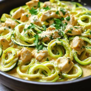 - 2 medium zucchinis, spiralized - 1 pound boneless, skinless chicken breasts, diced - 2 tablespoons olive oil - 3 cloves garlic, minced - 1 cup heavy cream (or coconut cream for dairy-free) - 1 cup grated Parmesan cheese - Salt and pepper to taste - 1 teaspoon Italian seasoning - Fresh parsley, chopped, for garnish This dish packs a great nutritional punch. Each serving contains approximately: - Calories: 400 - Protein: 30g - Carbohydrates: 10g - Dietary Fiber: 2g - Total Fat: 28g Zucchini noodles are low in carbs and high in vitamins. Chicken adds lean protein, while cream and cheese provide richness. You can easily swap ingredients to match your taste. Here are some ideas: - Use chicken thighs instead of breasts for more flavor. - Swap heavy cream with Greek yogurt for a lighter sauce. - Add spinach or mushrooms for extra veggies. - Use nutritional yeast in place of Parmesan for a vegan option. For the full recipe, check [Full Recipe]. Start by spiralizing the zucchinis. Use a spiralizer to make long, thin noodles. It takes just a few minutes. Once done, set the zucchini noodles aside. This will be your base for the dish. Next, heat two tablespoons of olive oil in a large skillet over medium heat. Add one pound of diced chicken. Season it with salt, pepper, and Italian seasoning. Cook the chicken for about 6-8 minutes. It should turn golden brown and be fully cooked. Once done, remove the chicken from the skillet and set it aside. In the same skillet, add three cloves of minced garlic. Sauté it for about one minute until you smell the great aroma. Then, pour in one cup of heavy cream. Stir it continuously and let it simmer gently. After that, gradually add one cup of grated Parmesan cheese. Stir until it melts and becomes creamy. Taste it and adjust the salt and pepper as needed. Now, return the cooked chicken to the skillet. Add the zucchini noodles to the mix. Toss everything together for about 2-3 minutes. You want the zucchini noodles to be tender but not mushy. This quick cooking keeps their fresh taste. For the complete method, check the Full Recipe. Serve the dish in large bowls. Drizzle extra sauce on top and sprinkle with more Parmesan and fresh parsley for a nice touch. Enjoy your meal! To make great zucchini noodles, start with firm zucchinis. Look for ones that feel heavy for their size. Use a spiralizer for even noodles. If you do not have one, a vegetable peeler works too. Cut the noodles thin for the best texture. After spiralizing, place the noodles on paper towels. This helps remove excess moisture. Too much water makes them soggy. For a rich sauce, use high-quality heavy cream. If you want a lighter option, try coconut cream. It gives a nice flavor too. Add minced garlic to the pan before the cream. This brings out a nice aroma. Once the cream is in, keep stirring. Gradually add Parmesan cheese. This helps it melt smoothly. If the sauce is too thick, add a splash of chicken broth. It keeps the sauce creamy without being heavy. Serve your Zucchini Noodle Chicken Alfredo in deep bowls. Drizzle extra sauce on top for a nice touch. A sprinkle of grated Parmesan adds flavor and looks great. Fresh parsley gives a pop of color. You can pair this dish with a light salad or crusty bread. It balances the meal and makes it feel complete. For more ideas, check out the Full Recipe for variations and tips. {{image_2}} You can make this dish dairy-free with a few simple swaps. Instead of heavy cream, use coconut cream. It gives a rich flavor and a creamy texture. For cheese, try nutritional yeast or a dairy-free cheese. Both add a cheesy taste without the dairy. This way, you still enjoy a creamy and tasty meal. Zucchini noodles are great, but you can add more veggies. Try adding spinach, bell peppers, or mushrooms. These add color and nutrients. Just sauté them in the skillet before mixing them with the chicken. It makes the dish more flavorful and vibrant. You can even add broccoli or carrots for extra crunch. If you want to change the protein, there are many options. You can use shrimp or tofu for a different taste. For a vegetarian option, use chickpeas. They are high in protein and very filling. Just remember to cook the protein well before mixing it with the other ingredients. This keeps the flavors balanced and delicious. For the full recipe, check out the Full Recipe section above. To store your Zucchini Noodle Chicken Alfredo, let it cool first. Use an airtight container. This keeps the dish fresh for up to three days in the fridge. When you want to eat it, just take it out and enjoy! Reheat leftovers on the stove for the best taste. Place the dish in a skillet over low heat. Stir gently until it warms up. You can add a splash of cream if it seems dry. Heat until it is hot but not boiling. You can freeze this dish, but I recommend not freezing the zucchini noodles. They will get mushy. Instead, freeze just the chicken and Alfredo sauce. Store them in separate containers. They will stay fresh for about two months. When ready to eat, thaw in the fridge overnight and reheat on the stove. Enjoy the flavors whenever you want! For the full recipe, check out the Creamy Zucchini Noodle Chicken Alfredo. Yes, you can use regular pasta. Just cook it as directed on the package. However, zucchini noodles add a fresh twist. They keep the dish lighter and lower in carbs. You can also try whole wheat pasta for a healthier option. To make this dish gluten-free, use gluten-free pasta or spiralized vegetables. Zucchini noodles are a great choice. Make sure your Parmesan is gluten-free too. Many brands offer gluten-free options. Check the label to be sure. You can serve this dish with a fresh salad. A simple mixed greens salad works well. Garlic bread is another fun side. If you want more veggies, steamed broccoli or asparagus are great choices. You can also sprinkle extra Parmesan on top for added flavor. For the full recipe, check out the recipe section above. In this post, I covered a tasty Zucchini Noodle Chicken Alfredo recipe. I shared the ingredients, step-by-step prep, and tips to keep it creamy. You can make swaps with proteins and veggies too. Store leftovers well to enjoy later. Remember, cooking doesn’t have to be hard. With this dish, you can impress your friends and family. Enjoy your meal and explore new flavors!