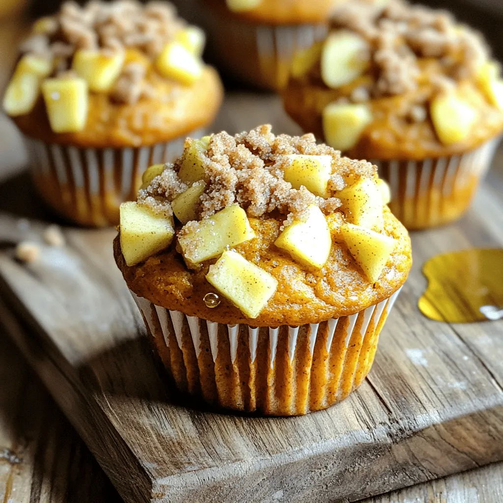 To make Apple Pumpkin Streusel Muffins, gather these simple ingredients. Each one plays a key role in creating a tasty treat. - Dry Ingredients - 1 cup all-purpose flour - 1 cup whole wheat flour - 1 teaspoon baking powder - 1 teaspoon baking soda - 1 teaspoon cinnamon - 1/2 teaspoon nutmeg - 1/2 teaspoon ginger - 1/2 teaspoon salt - Wet Ingredients - 1 cup pumpkin puree - 1/2 cup brown sugar - 1/4 cup granulated sugar - 1/3 cup vegetable oil - 2 large eggs - 1 teaspoon vanilla extract - 1 medium apple, peeled and diced - Streusel Topping Ingredients - 1/2 cup oats - 1/3 cup brown sugar - 1/4 cup all-purpose flour - 1/4 teaspoon cinnamon - 2 tablespoons cold butter, cubed These ingredients come together to create a muffin that’s moist and full of flavor. You can use the Full Recipe for step-by-step guidance to bake these delicious muffins. - Preheat the Oven: Start by preheating your oven to 350°F (175°C). Line a standard muffin tin with paper liners. This step ensures even baking and easy cleanup. - Combine Dry Ingredients: In a large mixing bowl, whisk together the all-purpose flour, whole wheat flour, baking powder, baking soda, cinnamon, nutmeg, ginger, and salt. Mix until combined. This blend adds flavor and structure to your muffins. - Mix Wet Ingredients: In another bowl, whisk together the pumpkin puree, brown sugar, granulated sugar, vegetable oil, eggs, and vanilla extract. Mix until smooth. This creates a rich base for your muffins. - Combine Mixtures: Pour the wet mixture into the bowl with the dry ingredients. Gently fold together until just combined. Be careful not to overmix. Overmixing can lead to dense muffins. - Add Apples and Nuts: Fold in the diced apple and chopped walnuts, if using. Distribute them evenly through the batter. This adds texture and flavor to each bite. - Prepare the Streusel: In a small bowl, mix together the oats, brown sugar, flour, and cinnamon. Cut in the cold butter using a fork until the mixture looks like coarse crumbs. This topping will give your muffins a delightful crunch. - Fill Muffin Tin: Divide the muffin batter evenly among the prepared muffin cups. Fill each cup about two-thirds full. Generously sprinkle the streusel topping over each muffin. - Bake: Place the muffin tin in the oven and bake for 20-25 minutes. Check for doneness by inserting a toothpick into the center of a muffin. It should come out clean. - Cool Down: Remove the muffins from the oven and let them cool in the pan for 5 minutes. Then, transfer them to a wire rack to cool completely. This helps maintain the muffins' texture. For the complete recipe, head over to [Full Recipe]. - Ensuring Proper Mixing: Mix your dry and wet ingredients separately. This helps keep the muffins light. When you combine them, fold gently. Overmixing can make them tough. - Oven Temperature Check: Always preheat your oven to 350°F (175°C). This ensures even baking. If your oven runs hot or cold, adjust the temperature as needed. An oven thermometer can help. - Muffin Texture Enhancements: For extra moisture, add a bit more pumpkin puree. You can also swap out some all-purpose flour for more whole wheat flour. This gives a heartier texture. - Gluten-Free Options: If you need gluten-free muffins, use a gluten-free flour blend. Look for one with xanthan gum added. This helps mimic the texture of wheat flour. - Sugar Alternatives: You can use coconut sugar or maple syrup instead of brown sugar. Just adjust the liquid in your mix if you use syrup. This adds a nice flavor twist. - Dairy-Free Alternatives: Replace eggs with flaxseed meal mixed with water. For oil, use melted coconut oil. This keeps the muffins moist and rich without dairy. For the full recipe, check out the full recipe section and enjoy baking these delightful treats! {{image_2}} You can boost flavor by adding spices. Try adding a pinch of cloves for warmth. A dash of allspice can add depth too. You can even mix in some cardamom if you like a twist. Each spice gives a unique taste, making the muffins exciting. Want more fruit? You can add dried cranberries or raisins. These will add a sweet burst in every bite. Chopped pears can work well, too, giving a lovely texture. Consider using different apple varieties for varied sweetness. Each fruit brings its charm to the muffins. For chocolate lovers, adding chocolate chips is a great idea. Dark chocolate pairs nicely with pumpkin and apple. You can also use white chocolate for a sweeter contrast. This adds a fun twist, making the muffins even more indulgent. These muffins shine with warm drinks. Serve them with hot apple cider or spiced tea. A scoop of vanilla ice cream on the side makes a tasty dessert. You can even pair them with yogurt for a filling breakfast. Serve the muffins warm for the best taste. Place them on a rustic wooden board to enhance their charm. You can drizzle honey on top for extra sweetness. A sprinkle of cinnamon or a few apple slices makes it look stunning. Each muffin should be a delight to the eyes and the palate. Once your Apple Pumpkin Streusel Muffins are baked, let them cool on a wire rack. This helps keep the muffins from getting soggy. After they cool completely, store them in an airtight container. You can use a plastic or glass container. Keep them at room temperature for up to three days. For longer storage, consider refrigerating them. They last about a week in the fridge. Just remember to wrap them tightly to avoid drying out. If you want to save some for later, freezing works great. Wrap each muffin in plastic wrap or foil. Then, place them in a freezer-safe bag. They stay fresh in the freezer for up to three months. When you crave one, just take it out and thaw it. To enjoy your muffins warm, reheating is key. The best way to keep them fresh is to use the oven. Preheat your oven to 350°F (175°C). Place the muffins on a baking sheet and heat for about 10 minutes. This method keeps them soft and tasty. You can also use the microwave if you're in a rush. Place a muffin on a microwave-safe plate. Heat for about 15-20 seconds. This method is quick, but it may make the muffins a bit rubbery. Enjoy your delicious Apple Pumpkin Streusel Muffins with these storage tips! For the full recipe, check out the recipe card. How do I ensure my muffins are moist? To keep your muffins moist, use pumpkin puree. It adds moisture and flavor. Also, mix wet and dry ingredients just until combined. Overmixing can lead to dry muffins. Can I make these muffins ahead of time? Yes, you can make these muffins ahead of time. They store well in an airtight container. Enjoy them within three days for the best taste. What types of apples work best for this recipe? I recommend using Honeycrisp or Granny Smith apples. Both add sweetness and a nice crunch to the muffins. They balance well with the pumpkin flavor. How long do Apple Pumpkin Streusel Muffins last? These muffins last about three days at room temperature. For longer storage, keep them in the fridge for up to a week. You can also freeze them for up to three months. Can I make a mini version of these muffins? Absolutely! Just use a mini muffin tin and reduce the baking time. Check them after 12-15 minutes. They will be perfect bite-sized treats! For the full recipe, check out the details above. You now know how to make delicious Apple Pumpkin Streusel Muffins. We covered the key ingredients, step-by-step instructions, and helpful tips. You learned about variations and how to store and reheat your muffins. Baking muffins can be fun and simple. Experiment with flavors and share them with friends. Enjoy your fresh, tasty treats!