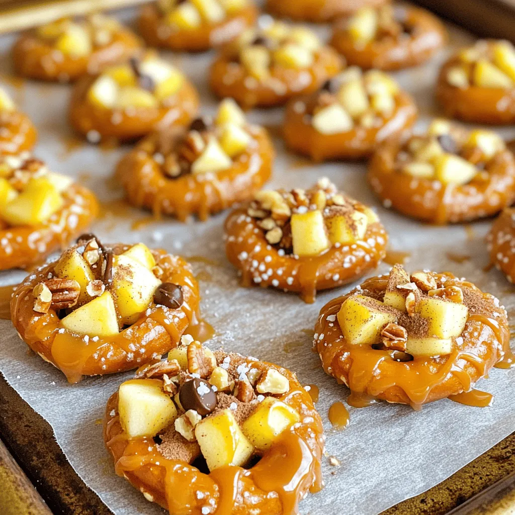 - 2 cups mini pretzels - 1 large apple (preferably Granny Smith) - 1 cup caramel sauce (store-bought or homemade) - 1/2 teaspoon cinnamon - 1/4 cup chopped nuts (pecans or walnuts) - 1/4 cup chocolate chips (optional) - Sea salt for sprinkling To make these treats, gather all the ingredients first. The mini pretzels serve as the base and add a nice crunch. I love using a Granny Smith apple because it’s tart and pairs well with sweet caramel. You can choose store-bought or homemade caramel sauce, but I often prefer making my own to adjust the flavor. Cinnamon adds warmth and depth to the apples, making each bite exciting. The nuts add a satisfying crunch, and you can use either pecans or walnuts. If you want a chocolatey touch, chocolate chips work great too. Lastly, a pinch of sea salt helps balance the sweetness, making these bites truly irresistible. You can find the full recipe in the article to guide you through each step. Enjoy creating these tasty treats! 1. Preheat your oven to 350°F (175°C). This step warms the oven for baking. 2. In a medium bowl, mix the diced apple with cinnamon. Make sure every piece gets coated. 3. Arrange the mini pretzels in a single layer on your baking sheet. This helps them bake evenly. 1. Drizzle caramel sauce over each pretzel. Use a spoon for good control. 2. Place a small spoonful of the cinnamon-coated apples on top of each pretzel. 3. If you like, sprinkle chopped nuts over the apples for extra crunch. You can also add chocolate chips if you want. 1. Bake the pretzel bites in the preheated oven for 10-12 minutes. Watch for the caramel to get bubbly. 2. Once done, remove the bites from the oven. Immediately sprinkle sea salt over them. This adds a nice contrast to the sweetness. For the full recipe, check out the detailed instructions earlier. Enjoy these bites warm! - Use fresh, tart apples for balance. I love using Granny Smith apples. Their tartness pairs well with sweet caramel. The crunch adds texture too. - Experiment with different nuts and toppings. Walnuts and pecans work well. You can even try crushed cookies or sprinkles. Each choice adds a unique twist to the bites. - Allow bites to cool to enhance flavor. Cooling lets the caramel thicken and flavors meld. It makes each bite a little more delightful. - Best ways to store leftovers. Keep any extra bites in an airtight container. They stay fresh for up to three days. You can also place parchment paper between layers to prevent sticking. - Reheating tips for maintaining texture. Reheat bites in the oven at 350°F (175°C) for about five minutes. This helps keep the pretzels crispy and the caramel warm. Avoid the microwave; it can make them soggy. For the full recipe, check out the details above. Happy cooking! {{image_2}} You can play with the flavors in your Caramel Apple Pretzel Bites. One tasty option is to use white chocolate instead of caramel. This gives a sweet and creamy twist. The white chocolate melts nicely and adds a lovely contrast to the salty pretzels. You can also try different fruits. While apples work great, pears or even berries can be fun. Diced pears add a sweet touch, while berries bring a burst of color. Mixing fruits makes your bites even more exciting! If you need gluten-free options, look for gluten-free pretzels. They taste just as good and work well in this recipe. Many brands offer tasty gluten-free pretzels that you can use without missing out on flavor. For a vegan twist, you can make or buy vegan caramel sauce. This is easy to find at stores or online. You can also make your own using coconut milk and sugar. It gives the same rich taste without using animal products. These simple swaps make your bites fit many diets! Finding pre-made caramel apple pretzel bites can save you time and effort. Here are some great buying options. You can find these treats at many grocery stores. Stores like Target or Walmart often carry them. Check the snack or dessert aisle. Local bakeries might offer fresh versions too. Some specialty shops may have unique flavors. If you prefer online shopping, websites like Amazon or Instacart provide quick options. You can order them with just a few clicks. Look for brands that focus on quality ingredients. This ensures you get a tasty product. To enhance your caramel apple pretzel bites, consider the chocolate you use. Brands like Ghirardelli and Guittard offer rich chocolate options. They melt well and taste great. For the caramel sauce, look for high-quality brands such as Werther's or Smucker's. They provide a smooth texture and sweet flavor. You can also make your own caramel at home using simple ingredients. Caramel Apple Pretzel Bites stay fresh for about three days at room temperature. Store them in an airtight container to keep them crisp. If you need them to last longer, you can refrigerate them. Just know that the pretzels may lose some crunch. Yes, you can make these bites ahead of time. Prepare them and store them in an airtight container. Bake them right before serving for the best taste. This way, they will be warm and gooey when your guests arrive. You can serve these bites as a fun snack at parties. They also make a great treat for movie nights. Consider pairing them with ice cream or a drizzle of chocolate sauce for an extra special touch. For a seasonal twist, add pumpkin spice to the caramel or use apple pie spice. Check out the Full Recipe for more ideas! In this blog post, we explored the fun and easy way to make Caramel Apple Pretzel Bites. We covered simple ingredients, step-by-step instructions, and handy tips for perfecting your bites. You can try different toppings and even adjust for dietary needs. Feel free to get creative and enjoy this tasty treat with family and friends. Remember, the key is fresh apples and your personal touch. With these tips, you will impress everyone with your delicious snacks!