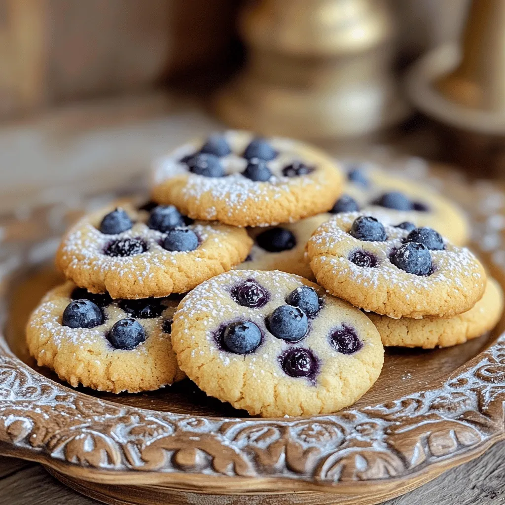 To make soft blueberry cookies, you will need a few simple ingredients. Here’s the list you will need: - 1 cup fresh blueberries - 1 ½ cups all-purpose flour - ½ teaspoon baking soda - ½ teaspoon baking powder - ¼ teaspoon salt - ½ cup unsalted butter, softened - ½ cup granulated sugar - ½ cup packed brown sugar - 1 large egg - 1 teaspoon vanilla extract - ½ teaspoon almond extract (optional for an extra layer of flavor) - ½ cup powdered sugar (for dusting, optional) Each ingredient plays an important role. The fresh blueberries add sweetness and moisture. The flour gives structure to your cookies, while the baking soda and baking powder help them rise. Butter adds richness and flavor, helping to keep the cookies soft. Both sugars sweeten the cookies and create a lovely texture. The egg binds everything together. The vanilla extract gives a warm, classic flavor. If you want to try something different, almond extract can add a nice twist. Lastly, you can dust with powdered sugar for a sweet finish. For the full recipe, check out the detailed instructions to create these delightful cookies! 1. Preheat your oven to 350°F (175°C). This helps the cookies bake evenly. 2. Line two baking sheets with parchment paper. This keeps the cookies from sticking. 3. In a medium bowl, mix 1 ½ cups of all-purpose flour, ½ teaspoon baking soda, ½ teaspoon baking powder, and ¼ teaspoon salt. Set this bowl aside. 4. In a large mixing bowl, cream together ½ cup of softened unsalted butter, ½ cup of granulated sugar, and ½ cup of packed brown sugar. Mix until it looks light and fluffy, about 2-3 minutes. 1. Add 1 large egg, 1 teaspoon vanilla extract, and ½ teaspoon almond extract (if you want) to the butter mixture. Mix until everything is well blended. 2. Gradually stir in the dry mixture from the other bowl. Be gentle and don’t overmix; you want a soft dough. 3. Carefully fold in the 1 cup of fresh blueberries. Make sure they are spread out in the dough. 1. Use a cookie scoop or a tablespoon to drop rounded balls of dough onto the prepared baking sheets. Leave about 2 inches between each ball. 2. Bake in your preheated oven for 10-12 minutes. The edges should be lightly golden, and the tops will look set. 3. Once baked, take the sheets out and let the cookies cool for 5 minutes. Then, move them to wire racks to cool completely. 4. If you like, dust the cookies with powdered sugar before serving. This adds a nice touch to your delightful treat. For the full recipe, check out the recipe card! To get the best soft blueberry cookies, avoid overmixing. When you mix too much, the cookies can become tough. Mix just until you see no dry flour. Temperature matters too. Use room temperature butter and egg. This helps the butter cream smoothly and makes a nice dough. Cold ingredients can lead to uneven mixing. For a great taste, I suggest using vanilla extract. It pairs well with blueberries. You can also try almond extract for a unique twist. Just a little gives a nice touch! You can use different sugars for flavor. Brown sugar adds moisture and a hint of caramel. Granulated sugar keeps the cookies light and fluffy. Mixing them gives a nice balance. Presentation is key for soft blueberry cookies. Serve them on a bright platter. Adding extra blueberries on top makes a lovely touch. You can also drizzle blueberry sauce for a sweet finish. Dusting with powdered sugar adds a final elegant look. Enjoy your delightful treat! {{image_2}} You can make soft blueberry cookies even more fun! Try adding citrus flavors. A splash of lemon juice or zest can brighten the taste. The tartness of the citrus pairs nicely with the sweet blueberries. You can also mix in white chocolate chips or nuts. White chocolate adds creaminess, while nuts give a nice crunch. Choose your favorite type, like walnuts or pecans, for added texture. If you need gluten-free options, use a 1:1 gluten-free flour blend. This swap keeps the cookies soft and delicious. Check the label to ensure it contains xanthan gum for the best results. For vegan substitutes, replace the egg with a flax egg. Mix 1 tablespoon of ground flaxseed with 2.5 tablespoons of water. Let it sit for a few minutes until it thickens. Use a dairy-free butter for a vegan version of these cookies. You can switch up the fruits based on the season. In summer, add peaches or raspberries. In autumn, consider adding chopped apples or even pumpkin puree. Each fruit brings a unique flavor and texture. For holiday-themed cookies, add spices like cinnamon or nutmeg. You can even decorate them with festive icing. This makes your cookies perfect for any gathering. For the complete recipe, check the [Full Recipe]. You can store soft blueberry cookies at room temperature or in the fridge. If you keep them at room temperature, use an airtight container. This keeps them fresh and soft. If you prefer, you can put them in the fridge. This can help the cookies last longer. To freeze cookies, place them in a single layer on a baking sheet. Freeze them for about an hour. Once they are firm, move them to a freezer-safe bag. Make sure to squeeze out all the air. When it’s time to enjoy, just take them out. Let them thaw at room temperature. You can also reheat them in the oven at 350°F for a few minutes. Soft blueberry cookies stay fresh for about a week at room temperature. If you store them in the fridge, they can last up to two weeks. When frozen, they can keep their taste for up to three months. Enjoy your cookies while they are fresh for the best flavor! For the full recipe, refer to the previous section. How do you make soft blueberry cookies fluffy? To make your soft blueberry cookies fluffy, use room-temperature butter. Cream it well with the sugars until light and airy. This adds air to the dough. Also, avoid overmixing once you add the dry ingredients. Too much mixing can make the cookies dense. Can I use frozen blueberries instead of fresh? Yes, you can use frozen blueberries! Just add them directly to the dough without thawing. This keeps the cookies moist. However, be aware that frozen blueberries can bleed color into the dough, making it look different. What can I substitute for brown sugar in this recipe? If you need a substitute for brown sugar, try using granulated sugar with a little bit of molasses. Mix 1 cup of granulated sugar with 1 tablespoon of molasses to get a similar flavor and texture. Why are my cookies spreading too much? Cookies can spread too much if the butter is too warm. Ensure your butter is softened but not melted. Also, if you don’t chill the dough before baking, that can cause spreading. A quick chill for 30 minutes can help. How do I know when the cookies are done baking? You will know the cookies are done when the edges turn lightly golden. The tops should look set and not shiny. If you gently touch a cookie, it should feel soft but not doughy. This blog post detailed how to make soft blueberry cookies from scratch. We covered key ingredients and preparation steps. You now know tips to perfect texture, flavor, and presentation. Plus, I shared variations to suit different diets and seasons. In closing, these cookies are fun to make and delicious to eat. You can impress friends and family with your baking skills. Happy baking!