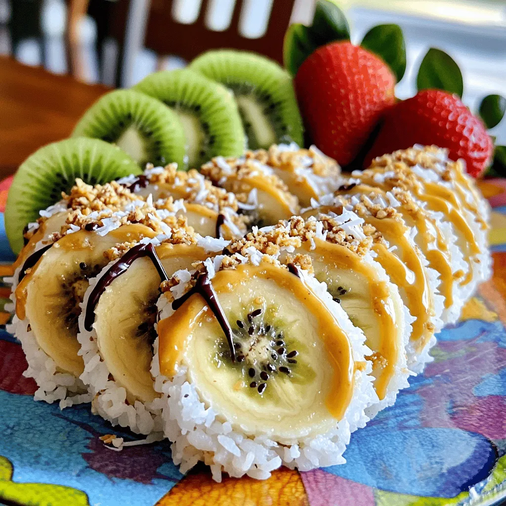 - 2 ripe bananas - 1 cup sushi rice (cooked and cooled) - 4 tablespoons almond butter (or your favorite nut butter) - 1 tablespoon honey or maple syrup (optional for sweetness) - 1/4 cup shredded coconut - 1/4 cup granola or crushed nuts (for added crunch) - 1/4 cup chopped dark chocolate or chocolate drizzle (optional) - Sliced fruits (kiwi, strawberries) for garnish To make banana sushi, gather these simple ingredients. You want ripe bananas to get that sweet taste. Cook sushi rice and let it cool down. Nut butter adds creaminess, while honey or maple syrup can give extra sweetness. Shredded coconut and granola bring a fun crunch. Chocolate can add a sweet touch, but it’s optional. Finally, sliced fruits like kiwi or strawberries brighten the plate. These ingredients work well together. They create a tasty treat that is also fun to eat. You can even switch out some items based on what you like. Check out the Full Recipe for more details on how to put these ingredients to use! To start, you need sushi rice. Cook the sushi rice according to the package instructions. Once it's done, spread it out and let it cool to room temperature. This helps the rice stick better to the bananas. Next, take two ripe bananas. Peel each banana gently and cut them in half. You will have four banana pieces. Spread a thin layer of almond butter over each banana half. If you want more sweetness, drizzle honey or maple syrup on top before you spread the almond butter. This adds a nice touch! Now comes the fun part! Take a small amount of sushi rice and press it onto the almond butter layer of each banana half. Make sure the rice sticks well. Next, roll the banana tightly in plastic wrap. This forms a sushi roll shape. Squeeze gently to keep it together, then refrigerate for about 20 minutes to set. After chilling, unwrap your sushi rolls and slice them into bite-sized pieces. Enjoy your banana sushi! For the complete recipe, refer to the Full Recipe section. Serving banana sushi is a fun way to impress your friends. Use colorful plates for a bright touch. You can also garnish with sliced fruits like kiwi or strawberries. This adds color and makes your dish look tasty. To roll your banana sushi tightly, start with a firm grip. Use plastic wrap to keep the roll together. After rolling, refrigerate it for about 20 minutes. This helps the sushi hold its shape better. If you want more sweetness, try adding extra honey or maple syrup. You can also switch up the nut butter. Peanut butter, cashew butter, or sunflower seed butter all work well. Each option gives a unique flavor to your banana sushi. {{image_2}} You can change the nut butter for fun. Try peanut butter, cashew butter, or sun butter. Each will give a new taste to your banana sushi. You can also add toppings for crunch. Use chia seeds, flax seeds, or dried fruits like cranberries and apricots. They add flavor and texture. Spices can make a big difference. A sprinkle of cinnamon adds warmth and a nice kick. You can also try using flavored sushi rice. Matcha rice gives a green color and earthy taste. Or, use colored rice to make it more fun. Kids love bright colors! Get kids involved! They can help spread the nut butter and layer the rice. It makes cooking fun and easy. If your child is picky, let them choose their favorite toppings. This way, they will enjoy their sushi more. You can even make fun shapes or use cookie cutters for a twist. This makes eating more exciting! To store leftovers, wrap your banana sushi tightly in plastic wrap. This helps keep them fresh. You can also place them in a container with a lid. A good option is a glass or plastic container with a seal. This will help prevent the sushi from drying out. You can store banana sushi in the fridge for about 2 to 3 days. After that, the bananas may get mushy. Watch for signs of spoilage. If you see brown spots on the bananas or if they smell off, it’s time to toss them. I recommend serving banana sushi fresh for the best taste. If you need to reheat it, do so gently in the microwave. This can change the texture, making it a bit softer. Fresh banana sushi has a nice crunch from the rice, and the flavors are brighter. So, enjoy it right after you make it for the best experience! Yes, you can make banana sushi ahead of time. To do this, prepare the rolls as I described before. After rolling and chilling, keep them in an airtight container. This way, they stay fresh for up to two days. If you want to add toppings, like coconut or granola, do it just before serving. This keeps them crunchy. You can use many fruits in banana sushi. Some popular options include apples, pears, and mangoes. Each fruit brings a unique flavor. You can also try berries, like blueberries or raspberries. Just slice them thinly to fit well in your roll. Feel free to mix and match for fun flavors! Banana sushi is quite healthy! Bananas provide potassium and fiber. The sushi rice adds energy and keeps you full. Almond butter gives healthy fats and protein. If you drizzle honey or chocolate, it adds sweetness but also some sugar. A typical serving has about 200 to 250 calories, depending on your toppings. Enjoy this tasty treat without feeling guilty! This blog post showed you how to make delicious banana sushi. You learned the required ingredients, like ripe bananas and sushi rice. The step-by-step instructions helped you assemble and roll your sushi perfectly. With helpful tips for presentation and variations, you can customize it your way. Finally, we covered storage practices to keep your sushi fresh. Enjoy making this fun recipe, knowing it’s tasty and healthy!