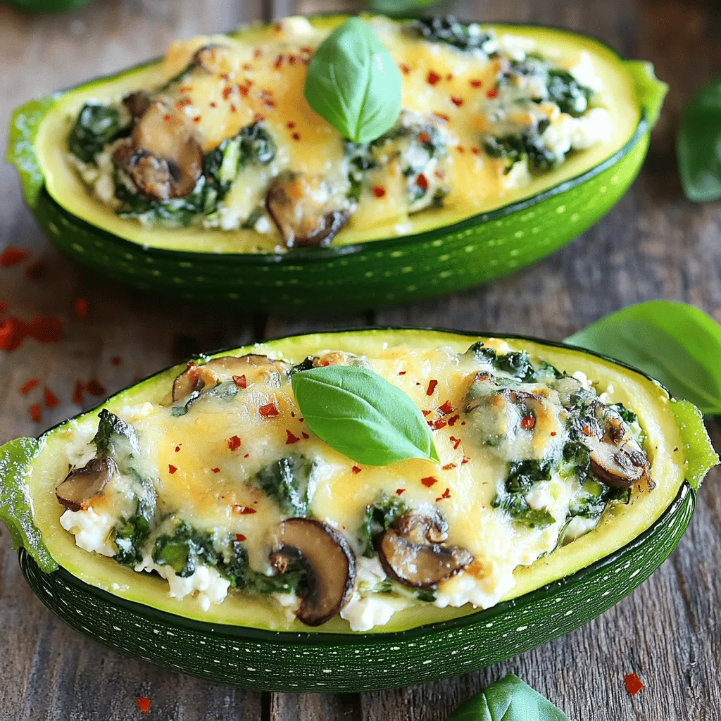 To make spinach, mushroom, and ricotta stuffed zucchini, you will need: - 4 medium zucchinis - 2 cups fresh spinach, chopped - 1 cup mushrooms, diced (button or cremini) - 1 cup ricotta cheese - 1/2 cup grated Parmesan cheese - 1 clove garlic, minced - 1 teaspoon dried oregano - 1/2 teaspoon salt - 1/4 teaspoon black pepper - 1/4 teaspoon red pepper flakes (optional for heat) - 1 tablespoon olive oil - Fresh basil for garnish You can swap some ingredients to suit your taste. Here are a few ideas: - Zucchini: If you can't find zucchini, use eggplant or bell peppers. - Spinach: Kale or Swiss chard works well too. - Ricotta Cheese: Cottage cheese is a good alternative. - Parmesan Cheese: Use any hard cheese like Pecorino Romano. - Mushrooms: Try using bell peppers or sun-dried tomatoes for a different flavor. Fresh ingredients always provide the best taste. However, frozen can work in a pinch. - Fresh Spinach: It has a nicer texture and taste. Frozen spinach may be watery. - Fresh Mushrooms: These have a firm bite. Frozen mushrooms can become mushy when cooked. - Ricotta Cheese: Always go for fresh ricotta for richer flavor. Frozen ricotta is not recommended. Using fresh ingredients helps create the best spinach, mushroom, and ricotta stuffed zucchini. Check the [Full Recipe](#) for detailed instructions. Start by preheating your oven to 375°F (190°C). Next, take your zucchinis and cut them in half lengthwise. Use a spoon to scoop out the center, making them look like little boats. Save the scooped-out flesh; we’ll use it later for the filling. This is a fun part! Make sure you don’t cut through the skin as you scoop. Now let's make the filling. In a skillet, add one tablespoon of olive oil and heat it over medium heat. Once hot, add one clove of minced garlic. Sauté it for about 30 seconds, or until it smells great. Then, toss in one cup of diced mushrooms. Cook them for 5 to 7 minutes until they are tender and browned. Add the reserved zucchini flesh and two cups of chopped spinach to the skillet. Stir everything together and cook until the spinach wilts, which should take about 2 to 3 minutes. Once done, remove the skillet from the heat and let it cool a little. In a medium bowl, mix one cup of ricotta cheese, half a cup of grated Parmesan cheese, one teaspoon of dried oregano, half a teaspoon of salt, and a quarter teaspoon of black pepper. If you like heat, add a quarter teaspoon of red pepper flakes. Combine the spinach and mushroom mix with the ricotta mixture. Stir until everything is well mixed. Now, it’s time to fill the zucchinis! Spoon the filling into each zucchini boat. Pack it in slightly to fit all that deliciousness. Place the stuffed zucchinis in a baking dish and cover them with foil. Bake them in your preheated oven for 25 to 30 minutes. For the last 10 minutes, remove the foil. This will let the tops brown nicely. Once they are done baking, take them out of the oven. Let them cool for a few minutes. Garnish with fresh basil before serving. You can find the Full Recipe for more details! To stuff zucchini well, choose medium-sized zucchinis. They hold the filling better. Cut them in half and scoop out the inside gently. Leave some flesh to mix into your filling. This adds flavor! Use a spoon to pack the filling in tightly. Make sure it overflows a bit. This looks great and adds taste. I recommend baking your stuffed zucchinis at 375°F (190°C). This temperature helps cook them evenly. Bake for 25-30 minutes. In the last 10 minutes, remove the foil. This browns the tops, making them look yummy. Check if they are soft by poking them with a fork. If they are tender, they are ready! When serving, place the stuffed zucchinis on a nice plate. Garnish with fresh basil for color. You can drizzle some olive oil on top for shine. For extra flair, sprinkle some grated Parmesan cheese. This adds a nice touch and makes the dish look fancy. Your guests will love the look and taste! For the full recipe, check out the details above. {{image_2}} You can keep this dish fully vegetarian. Swap the ricotta with a vegan cheese. Use cashew cream or tofu instead. You can also add more veggies. Try bell peppers or diced tomatoes for extra flavor. This makes the dish colorful and healthy. If you want more protein, add chicken or tofu. Cook diced chicken in the skillet first. Then, mix it with the spinach and mushroom filling. For tofu, use firm tofu. Crumble it and sauté until golden. Both options make the dish heartier and filling. To change the flavor, add spices. Try cumin or paprika for a warm kick. You can also use fresh herbs like thyme or parsley. They add a nice touch to the filling. Experiment to find your favorite spice blend. This way, each time you make it, it feels new. For the complete recipe, check out the Full Recipe. After you enjoy your spinach, mushroom, and ricotta stuffed zucchini, store any leftovers in the fridge. Place them in an airtight container. This helps keep the flavors fresh. Your dish will last about 3 to 4 days in the refrigerator. When you’re ready to eat, check for any signs of spoilage. You can freeze stuffed zucchini if you want to save some for later. Wrap each stuffed zucchini in plastic wrap or foil. Place them in a freezer-safe bag or container. This helps prevent freezer burn. They can last up to 3 months in the freezer. When you’re ready to enjoy them, let them thaw overnight in the fridge before reheating. To reheat your stuffed zucchini, you can use the oven or microwave. For the oven, preheat to 350°F (175°C). Place the zucchini on a baking sheet and cover them with foil. Bake for about 15-20 minutes until heated through. If you use a microwave, heat them for 2-3 minutes on a microwave-safe plate. Keep an eye on them to avoid overcooking. Enjoy your delicious meal again! Check out the Full Recipe for more details on making this dish. Stuffed zucchinis last about 3 to 5 days in the fridge. Make sure to store them in an airtight container. This keeps them fresh and tasty. Always check for any signs of spoilage before eating. If they look or smell off, throw them away. Yes, you can make stuffed zucchini ahead of time. Prepare the zucchinis and the filling. You can stuff the zucchinis and then refrigerate them. Just cover them well. When you're ready to eat, bake them straight from the fridge. This makes meal prep easy and saves time. These stuffed zucchinis go well with many sides. Here are some ideas: - A fresh garden salad - Garlic bread or toast - Quinoa or brown rice - Roasted veggies for extra color and flavor These options make a complete meal. You can mix and match based on what you have. For the full recipe, check the recipe section. This blog post covered how to make delicious stuffed zucchini. We explored the ingredients, cooking steps, and tips for perfecting your dish. I shared variations to suit your taste and storage tips to keep leftovers fresh. Remember, you can swap ingredients or add proteins to make it your own. Try different spices to change the flavor. With these steps, you can impress your family and friends. Get cooking, and enjoy a tasty meal that’s easy to make!