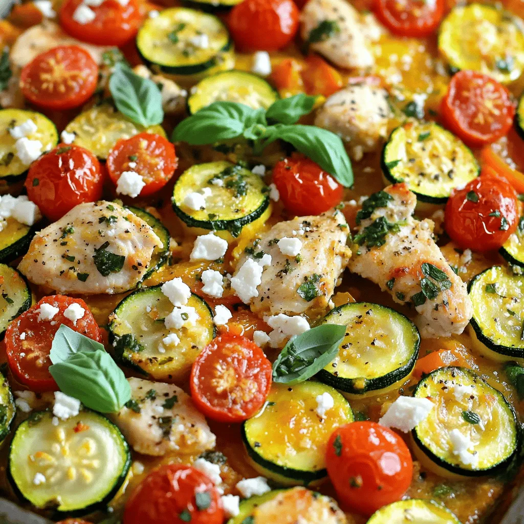 - 2 medium zucchinis, sliced into half-moons - 2 boneless, skinless chicken breasts, cut into bite-sized pieces - 1 cup cherry tomatoes, halved - 1 red bell pepper, diced - 1 small red onion, finely chopped - 3 cloves garlic, minced - 1 teaspoon dried oregano - 1 teaspoon dried thyme - 1 teaspoon smoked paprika - ½ teaspoon salt - ½ teaspoon black pepper - ¼ cup olive oil - 1 cup feta cheese, crumbled - Fresh basil leaves for garnish When I create a dish like Mediterranean Chicken Zucchini Bake, I focus on fresh and vibrant ingredients. The zucchinis add a nice crunch, while the chicken gives it a hearty feel. Cherry tomatoes burst with flavor and add brightness to the dish. The red bell pepper and red onion enhance the taste and color. I use garlic, oregano, thyme, and smoked paprika for seasoning. These ingredients work together to bring out the best flavors. The olive oil helps blend everything while keeping it moist. For a delicious finish, I sprinkle crumbled feta on top. It adds creaminess and a salty bite. When I serve it, I like to garnish with fresh basil leaves. They add a pop of color and a fragrant aroma. For the full recipe, check out the instructions. This dish is easy to make, and it delivers great taste every time. - Preheat the oven to 400°F (200°C). - Prepare and chop all vegetables and chicken. Start by preheating your oven. This ensures a nice and even cook. Next, grab your zucchinis and slice them into half-moons. Cut your chicken breasts into bite-sized pieces. Chop the red onion and dice the bell pepper. Halve the cherry tomatoes. Having everything ready makes cooking smoother. - Combine zucchinis, chicken, tomatoes, bell pepper, and onion in a bowl. - Add garlic, herbs, salt, and pepper. In a large bowl, mix the zucchinis, chicken, tomatoes, bell pepper, and onion. This mix looks colorful and fresh! Now, add in minced garlic, dried oregano, thyme, smoked paprika, salt, and pepper. These ingredients bring great flavor to the dish. Stir it gently to combine everything well. - Drizzle with olive oil and toss to coat. - Transfer to baking dish, sprinkle feta, and bake for 25-30 minutes. Next, drizzle olive oil over the mix and toss it to coat all pieces. This helps everything cook evenly. Now, transfer your mixture into a greased 9x13 inch baking dish. Spread it out evenly. Sprinkle crumbled feta cheese on top. This gives a creamy taste when baked. Now, place it in the preheated oven. Bake for 25 to 30 minutes until the chicken is cooked and veggies are tender. This dish will fill your kitchen with a lovely aroma! For the full recipe, check out the details above. - Use fresh herbs for enhanced taste. Fresh basil or parsley can add zest. - Adjust seasonings according to your preference. A pinch more salt can boost flavor. - Check chicken doneness with a meat thermometer (165°F/75°C). This ensures safety and great taste. - Use a colorful variety of vegetables for visual appeal. Bright red peppers and yellow squash make it pop. - Serve with crusty bread or a light salad. This adds a nice balance to the dish. For the full recipe, check out Mediterranean Chicken Zucchini Bake! {{image_2}} You can easily swap the chicken for turkey or tofu. Turkey gives a leaner option. Tofu makes it vegetarian and still tasty. Both choices work well with the flavors. This change keeps the dish fresh and exciting. Feel free to add more veggies like spinach or artichokes. Spinach cooks down nicely and adds a boost of nutrients. Artichokes bring a unique flavor that enhances the dish. Experimenting with different veggies can change the look and taste. If you want a lactose-free meal, try goat cheese or dairy-free feta. Goat cheese adds a creamy texture and tangy taste. Dairy-free feta gives you a similar taste without the lactose. Both options keep the dish rich and satisfying. For the full recipe, check out the Mediterranean Chicken Zucchini Bake. After enjoying your Mediterranean chicken zucchini bake, store any leftovers in an airtight container. This keeps your dish fresh and tasty. I recommend placing it in the refrigerator. Leftovers will stay good for about three to four days. If you want to save some for later, freezing is a great option. I suggest freezing the bake in meal-sized portions. This makes it easy to grab a serving when you need a quick meal. Just make sure to use freezer-safe containers. The dish can last up to three months in the freezer. When you're ready to eat your leftovers, reheating is simple. You can use an oven or microwave. If using the oven, preheat it to 350°F (175°C). Bake until hot, about 15 minutes. For the microwave, heat in short bursts. Stir in between to ensure even heating. Enjoy your flavorful dish again! Yes, you can prepare the dish in advance and refrigerate it before baking. This saves time on busy days. Just store it in a covered dish. When you’re ready, bake it as directed. The flavors will meld and taste even better! Pair the bake with a Greek salad, rice pilaf, or crusty bread. A Greek salad adds freshness. Rice pilaf gives a nice texture. Crusty bread is perfect for soaking up the juices. Each side adds a unique touch to your meal. Include red pepper flakes or diced jalapeños for extra heat. Red pepper flakes give a subtle spice. Diced jalapeños add a bold flavor. Adjust the amount based on your taste. You can easily customize the heat to your liking! This blog post shared a simple and tasty recipe for Mediterranean Chicken Zucchini Bake. We covered the main ingredients, easy steps to prepare, and tips to enhance flavors. You learned how to store leftovers and even make variations with different proteins and veggies. Enjoying healthy meals doesn't have to be hard. With this dish, you get great taste and nutrition in one bake. Try it out and make it your own!