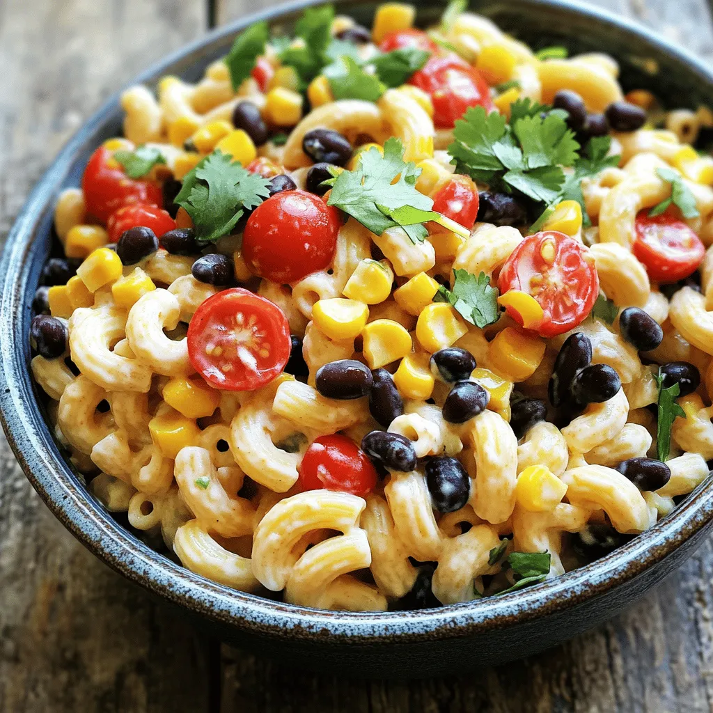 To make your Southwest Chipotle Pasta Salad, gather these ingredients: - 8 oz elbow macaroni - 1 can (15 oz) black beans, rinsed and drained - 1 cup corn kernels (fresh, frozen, or canned) - 1 red bell pepper, diced - 1 green onion, chopped - 1/2 cup cherry tomatoes, halved - 1/4 cup cilantro, chopped - 1/2 cup mayonnaise - 2 tablespoons sour cream - 1 tablespoon chipotle in adobo sauce (or adjust for spice preference) - 1 tablespoon lime juice - 1 teaspoon garlic powder - 1 teaspoon cumin - Salt and pepper to taste You can switch some ingredients if needed. Here are a few ideas: - Use whole wheat macaroni for a healthier pasta choice. - Swap black beans with kidney beans or chickpeas for a twist. - Try fresh corn off the cob instead of canned for better taste. - Replace mayonnaise with Greek yogurt for a lighter dressing. - Add fresh herbs like parsley if you don’t have cilantro. Choosing the best ingredients makes a big difference. Here are my tips: - Pick pasta that is made from durum wheat for a firmer bite. - Use fresh vegetables when possible. They add vibrant colors and flavors. - Buy high-quality canned beans. Look for low-sodium options. - Fresh lime juice is better than bottled for brightness. - Choose ripe cherry tomatoes for sweetness. They enhance the salad’s flavor. This dish is not just tasty; it’s a feast for the eyes too. You can find the Full Recipe above to guide you through making this vibrant salad. Start by boiling water in a large pot. Add salt to the water for flavor. Once the water boils, add 8 oz of elbow macaroni. Cook for about 8-10 minutes until it is al dente. You want it to be firm but not hard. Drain the pasta and rinse it under cold water. This cools it down and stops the cooking. Set the macaroni aside to dry. In a large bowl, combine the cooled macaroni with the other ingredients. Add 1 can of black beans, rinsed and drained. Then, toss in 1 cup of corn kernels, 1 diced red bell pepper, and 1 chopped green onion. Next, mix in 1/2 cup of halved cherry tomatoes and 1/4 cup of chopped cilantro. Gently stir everything to mix well. In a separate bowl, make the dressing. Whisk together 1/2 cup of mayonnaise and 2 tablespoons of sour cream. Add 1 tablespoon of chipotle in adobo sauce for spice. Then, mix in 1 tablespoon of lime juice, 1 teaspoon of garlic powder, and 1 teaspoon of cumin. Finally, season with salt and pepper to taste. Pour this dressing over the pasta salad mixture. Toss gently until everything is well coated. For the full recipe, check out the detailed steps above. Enjoy your delicious Southwest Chipotle Pasta Salad! Store your Southwest Chipotle Pasta Salad in an airtight container. This keeps it fresh longer. I recommend eating leftovers within three days. If you notice extra liquid, drain it before serving. You can also add fresh ingredients to revive the taste. You can make this pasta salad a day in advance. It allows the flavors to blend well. Just keep the dressing separate until you are ready to serve. This way, the pasta stays firm and does not get mushy. Mixing in the dressing just before serving keeps everything fresh. Not everyone loves spice the same way. Start with one tablespoon of chipotle in adobo sauce. Taste the salad before adding more. If you want more heat, add extra sauce or diced jalapeños. For a milder version, skip the chipotle altogether or use a mild sauce. Adjusting spice levels makes this dish perfect for everyone. For the full recipe, check out the [Full Recipe]. {{image_2}} You can boost the protein in your Southwest Chipotle Pasta Salad easily. Consider adding grilled chicken or shrimp. These add a nice texture and flavor. You might also try diced tofu or tempeh for a plant-based option. They soak up the dressing well, adding depth to your dish. For a quick fix, canned tuna or salmon works great too. Just drain and toss it in! If you want a vegetarian or vegan salad, swap out the mayo and sour cream. Use a vegan mayo instead. It gives the same creamy texture without the dairy. You can also add avocado for richness and healthy fats. It adds a lovely green color, making your salad look fresh. For extra flavor, try adding nuts or seeds. They add crunch and protein, making the salad more filling. You can play with the flavors in this salad. Try adding diced jalapeños for extra heat. A sprinkle of smoked paprika can deepen the smoky taste. If you like tang, squeeze in more lime juice or add some vinegar. Fresh herbs like parsley or dill can brighten the dish. You can even add a small amount of honey or agave for a sweet twist. These changes can make this salad your own! For the full recipe, check the link above. To keep your Southwest Chipotle Pasta Salad fresh, store it in an airtight container. This helps to keep moisture in and air out. Make sure the salad is fully cooled before sealing it. This prevents condensation, which can make the salad soggy. It will stay fresh in the fridge for about three to five days. I recommend not freezing this pasta salad. Freezing can change the texture of the pasta and vegetables. If you freeze it, the salad may become mushy when thawed. However, if you have extra dressing, you can freeze that. Just store it in a small container. It will keep well for up to three months. When you're ready to eat leftovers, check the texture. If it seems dry, add a splash of lime juice or a bit of dressing. Stir gently to mix it in. You can also toss in fresh veggies for crunch. This will brighten up the flavors and make it taste fresh again. You can swap the mayonnaise for Greek yogurt. This change cuts fat and adds protein. Use whole wheat pasta instead of regular for more fiber. Adding more veggies also boosts nutrition. Try adding spinach, kale, or zucchini. You can also reduce the amount of chipotle for less heat. This makes the dish friendlier for kids. Yes! You can use any pasta shape you like. Rotini or penne works well. They hold the dressing nicely. You can even try gluten-free pasta if needed. Just cook it according to package directions. Remember, cooking time may vary based on the shape you choose. This salad pairs well with grilled chicken or shrimp. You can also serve it with tacos or quesadillas for a fun meal. For a lighter option, serve it with a green salad. You can add avocado or guacamole on the side. This adds creaminess and flavor to your plate. This blog post covered all you need for a great Southwest Chipotle Pasta Salad. We explored the best ingredients, like quality pasta and yummy dressings. You learned about cooking pasta, mixing ingredients, and making tasty dressings. I shared tips to store leftovers and options for protein or vegetarian styles. To sum up, this salad is fun to make and offers many twists. Enjoy creating your version!