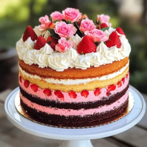 To make a Neapolitan Rose Cake, you need some key ingredients. Here’s what you will need: - 2 cups all-purpose flour - 1 ½ cups granulated sugar - ½ cup unsalted butter, softened - 1 cup milk - 3 large eggs - 2 teaspoons baking powder - 1 teaspoon vanilla extract - 1 cup strawberry puree (fresh or frozen) - 1 cup chocolate syrup - 1 cup whipped cream (for frosting) - Fresh strawberries and edible rose petals (for decoration) These ingredients create three delicious layers: vanilla, chocolate, and strawberry. Each layer brings its own flavor and charm. Using quality ingredients makes a big difference. Here are some tips: - Choose fresh strawberries for purees. They give a bright flavor. - Use real vanilla extract instead of imitation for a richer taste. - Select high-quality chocolate syrup. This enhances the chocolate layer. - For butter, choose unsalted. This lets you control the saltiness. - Use whole milk for a creamier texture in the cake. These small choices can elevate your cake from good to great! If you want to add some fun twists, try these optional add-ins: - Mix in lemon zest for a fresh, zesty flavor. - Add almond extract for a nutty touch. - Incorporate crushed nuts or chocolate chips for added texture. - Swirl in some raspberry puree for a tart punch. These options can help you personalize your cake and surprise your guests. Start by preheating your oven to 350°F (175°C). This step is key for a good bake. Grease and flour two 9-inch round cake pans. This will help the cake release easily later. In a large bowl, cream the softened butter and sugar. Mix them until light and fluffy, about 3 to 4 minutes. Next, add the eggs one by one. Mix well after adding each egg. Then, pour in the vanilla extract for flavor. In another bowl, whisk the flour and baking powder together. Gradually add this mixture to the butter mixture, alternating with the milk. Mix until just combined. Do not overmix. Now, divide the batter into three equal parts. In one part, stir in the strawberry puree. In the second part, mix in the chocolate syrup. Leave the last part plain. Pour each batter into the prepared pans. You will have layers of strawberry, chocolate, and vanilla. Bake for 25 to 30 minutes. Check with a toothpick; it should come out clean. Let the cakes cool for 10 minutes in the pans. Then transfer them to wire racks to cool completely. Once the cakes have cooled, it's time to stack them. Start with the vanilla layer on a cake plate. Spread a thick layer of whipped cream on top. Place the chocolate layer next. Again, add more whipped cream. Finally, add the strawberry layer on top. To keep the layers even, use a serrated knife to trim the tops of the cakes. This will help them sit flat. Make sure to press down gently to avoid breaking the layers. Now, you can frost the cake. Use a spatula to spread whipped cream on the top and sides. Don't worry if it’s not perfect; a little texture adds charm. To create a smoother look, dip your spatula in warm water before smoothing the frosting. For decoration, add fresh strawberries and edible rose petals on top. This gives the cake a lovely touch. For extra flair, place the cake on a nice stand. Add a drizzle of chocolate syrup on the plate for a beautiful presentation. Follow the Full Recipe for all the details. When making your Neapolitan Rose Cake, avoid overmixing the batter. This can make your cake dense and tough. Also, do not skip greasing and flouring the pans. It helps prevent sticking. Always check your oven temperature with an oven thermometer. An oven that is too hot can burn the edges while leaving the center raw. Lastly, let the cakes cool fully before frosting. This step is key for a clean finish. To keep your cake moist, use fresh ingredients. The butter should be softened but not melted. Use room-temperature eggs and milk for better mixing. Adding strawberry puree into the batter also adds moisture and flavor. After baking, you can brush simple syrup on the layers. Mix equal parts sugar and water, heat until the sugar dissolves, and let it cool. This enhances flavor and keeps the layers moist longer. To make your Neapolitan Rose Cake shine, use fresh strawberries and edible rose petals. Place the strawberries around the top edge. Arrange the petals in a circular pattern for a beautiful look. You can also drizzle chocolate syrup on the cake and the plate for extra flair. A simple cake stand can elevate the whole presentation. Get creative with colors and shapes, and make it your own! {{image_2}} You can change the flavors in your Neapolitan Rose Cake. Try using raspberry puree instead of strawberry for a fun twist. You can also mix in lemon zest to add a fresh zing. Consider using white chocolate instead of regular chocolate syrup. This adds a creamy taste to the cake. Each flavor will give your cake a unique touch! To make this cake gluten-free, swap the all-purpose flour for a gluten-free blend. Look for one that works well in baking. For dairy-free options, use coconut milk instead of regular milk. Use dairy-free butter and whipped cream too. These swaps keep the cake tasty while meeting dietary needs. Making mini cakes is a fun idea! Use muffin tins or small cake pans for these treats. Divide the batter into smaller portions. Bake them for a shorter time, about 15-20 minutes. Layer and frost them just like the big cake. Mini cakes are perfect for parties or special events. They are easy to serve and look adorable! For the full recipe, click [Full Recipe]. To keep your Neapolitan Rose Cake fresh, store it in an airtight container. This method helps prevent the cake from drying out. If you do not have a container, wrap the cake in plastic wrap. Place it in a cool, dry spot away from sunlight. Avoid storing it in the fridge unless it has whipped cream on top. The fridge can dry it out. To maintain the cake's flavor, you can add a layer of plastic wrap around the cake. This extra layer keeps the moisture locked in. If you plan to eat the cake within two days, keep it at room temperature. If you need to store it longer, the fridge is a better option. Just remember to bring it back to room temperature before serving. This way, the flavors will shine. To freeze Neapolitan Rose Cake, first, cool it completely. Wrap each slice in plastic wrap tightly. Then, place the slices in a freezer-safe bag or container. Label the bag with the date. You can freeze the cake for up to three months. When ready to eat, take it out and let it thaw in the fridge overnight. Enjoy the same great taste as when it was fresh. For the best results, frost the cake after thawing. For the full recipe, check out the complete guide! Neapolitan Rose Cake offers a lovely mix of flavors. You get sweet strawberry, rich chocolate, and light vanilla. Each bite is soft and creamy. The whipped cream adds a nice touch. The fresh strawberries and rose petals give it a fresh taste. Overall, it's a delightful cake that pleases many palates. Yes, you can use store-bought strawberry puree. It saves time and effort. Just make sure it's pure and has no added sugar. This will keep the cake sweet but not too sweet. If you want a fresher taste, try making your own. Blend fresh strawberries until smooth for the best flavor. You can keep the Neapolitan Rose Cake for about 3-4 days. Store it in the fridge to keep it fresh. Make sure to cover it well with plastic wrap. This will help keep it moist and tasty. If you want to keep it longer, you can freeze it. Just slice it first and wrap each slice tightly. The Neapolitan Rose Cake combines quality ingredients, a precise baking process, and smart tips. You learned how to create moist layers and stunning decorations. I shared fun variations and storage tips to keep your cake fresh. Now you can enjoy making this cake for any occasion. With these insights, you’ll impress friends and family with your baking skills. Remember, practice makes perfect, and every cake is a new chance to learn.