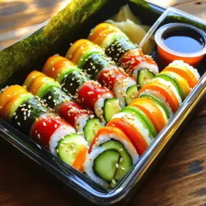 To create a fun and tasty bento box, start with key ingredients. You want to include a mix of protein, grains, and plenty of colorful veggies and fruits. Here are some great options: - Protein: Cooked chicken, tofu, or hard-boiled eggs. - Grains: Sushi rice, brown rice, or quinoa. - Veggies: - Carrots - Bell peppers - Cucumbers - Broccoli - Fruits: - Apples - Grapes - Strawberries - Kiwi These ingredients not only look appealing but also keep your child healthy and energized. When making a bento box, you need the right containers and tools. Here are must-have items for your bento box setup: - Containers: - Divided bento boxes - Small containers for dips and sauces - Tools: - Bamboo mat for sushi rolling - Sharp knife for cutting - Measuring cups for rice and water Having the right supplies makes packing fun and easy. Plus, it helps keep everything neat and organized. For a delicious bento option, try the Full Recipe for colorful rainbow sushi rolls! To start, wash the sushi rice. Rinse it under cold water until it runs clear. This step removes extra starch. In a medium pot, mix the rice with water. Bring it to a boil. Then, cover it and lower the heat. Let it cook for 18 to 20 minutes. After that, turn off the heat and let it sit for 10 minutes without lifting the lid. Next, we need to season the rice. In a small pot, combine rice vinegar, sugar, and salt. Heat it gently until the sugar dissolves. Mix this into the cooked rice and let it cool. This gives the rice a nice flavor. Now, let's roll! Place a bamboo sushi mat on a flat surface. Lay a sheet of nori, shiny side down. With wet hands, spread a thin layer of rice over the nori. Leave about an inch at the top. Now comes the fun part! Place thin strips of cucumber, carrot, avocado, and red bell pepper across the rice. Roll it up tightly. Start from the bottom and use the mat to help. Seal the edge with a bit of water. Finally, use a sharp knife to slice the roll into bite-sized pieces. Repeat this with the rest of your nori and filling. When packing your bento box, make it fun! Arrange the sushi pieces neatly. You want it to look colorful and inviting. Use a mix of colors to catch the eye. Add some extra veggies or fruits in the gaps. Think about textures too. Include crunchy veggies with soft sushi. This will keep kids excited about their meal. You can also add a small container of soy sauce for dipping. Remember, it's all about variety! Mix different flavors and textures for a balanced meal. With these tips, you can create a fun and tasty bento box that kids will love. For the full recipe, check out Colorful Rainbow Sushi Rolls. To make bento lunches exciting, focus on how food looks. Use fun shapes and colors. You can use cookie cutters to cut sandwiches into stars or hearts. Add colorful fruits and veggies to brighten the box. Let your kids help with the meal prep. Give them small tasks like washing vegetables or arranging food. This makes them feel involved and proud of their lunch. Ask them to choose their favorite colors for their bento box. Prepare ingredients ahead of time. You can wash and cut fruits and veggies the night before. Store them in the fridge in separate containers. This way, you save time when packing lunches. Batch cooking can also help busy families. Make a big batch of sushi rice or cook extra chicken. Use these ingredients for different meals throughout the week. This method gives you variety without the extra work. For a fun recipe, try making Colorful Rainbow Sushi Rolls. These sushi rolls are simple to prepare and a hit with kids. Follow the [Full Recipe] to get started! {{image_2}} You can swap sushi for different kid-friendly proteins. Try using chicken, turkey, or tofu. These options are tasty and keep lunch fun. You can grill or bake chicken bites. Use a little seasoning for flavor. For turkey, try small meatballs or strips. Tofu can be marinated and baked for extra taste. Adding color and nutrition is easy with veggies. Carrots and cucumbers are great choices. Bell peppers add crunch and bright colors. You can also use cherry tomatoes, snap peas, or broccoli florets. These veggies make your bento box look fun and tasty. Other fillings for rainbow sushi can keep things exciting. Instead of just veggies, try cream cheese or cooked shrimp. You can also add colorful fruits like mango or strawberries. These options bring new flavors and textures. Themed bento box lunches are another fun idea. You can create a beach theme with fish-shaped sandwiches and fruit. Or, make a space theme with star-shaped veggies and galaxy-colored rice. Let your child help pick a theme. This makes lunch special and sparks creativity! For a full recipe of colorful rainbow sushi rolls, check out the details above. To keep your bento box lunches fresh, use the right containers. I recommend using bento boxes made from stainless steel or BPA-free plastic. These materials are safe and durable. They also help to keep food fresh longer. Look for containers with separate compartments to keep different foods apart. This prevents flavors from mixing and keeps everything appealing. To maintain freshness, pack your bento box just before your child leaves for school. If possible, place an ice pack in the lunch bag. This helps keep the food cold and safe to eat. When packing food, always wash your hands and surfaces. This keeps germs away from your child's lunch. Use clean utensils and avoid touching the food directly. It is very important to maintain the right temperature for your bento lunch. Keep cold foods, like sushi, at 40°F or lower. Hot foods should stay at 140°F or higher. If you use an insulated container, it can help. These containers keep hot foods hot and cold foods cold for longer. By following these tips, you can pack tasty and safe bento lunches that your kids will love. To keep sushi fresh, you should pack it right. First, store sushi in the fridge until you leave for lunch. Use a tight container that keeps air out. If you can, add a cold pack to your lunch bag. This helps keep the sushi cool and tasty. Avoid leaving sushi out for too long. It tastes best when served fresh. You can also wrap sushi in plastic wrap to keep it from drying out. Yes, you can make bento box lunches ahead of time. I suggest prepping the night before. This can save you time in the morning. You can store sushi in the fridge for up to 24 hours. Just keep the rice and filling separate until lunch. This keeps the rice from getting soggy. You can also prep fruits and veggies. Cut them and store them in airtight containers. This way, you can mix and match for fun lunches all week. If sushi isn’t your thing, don't worry! You can use other easy meal ideas. Try wraps made with tortillas. Fill them with turkey, cheese, and some veggies. You can also add mini sandwiches cut into fun shapes. Another option is pasta salad. Just mix cooked pasta with veggies and dressing. Kids love fruit kabobs too. Simply skewer pieces of fruit for a colorful treat. These ideas are quick and sure to please! Making bento box lunches is fun and healthy for kids. We covered key ingredients like colorful fruits and veggies. I shared how to prepare rainbow sushi rolls and pack them nicely. You can make meal prep exciting for kids and save time in the kitchen. With simple swaps and creative ideas, bento boxes never have to be boring. Enjoy making these lunches together and keep food fresh for later. Your kids will love the tasty meals you create!