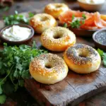 To make great mini bagels, you need a few key items: - 2 cups all-purpose flour - 1 tablespoon granulated sugar - 1 teaspoon salt - 2 teaspoons instant yeast - 3/4 cup warm water (about 110°F) - 1 tablespoon vegetable oil These ingredients form the base of our mini bagels. All-purpose flour gives the bagels structure. Instant yeast helps them rise quickly. Sugar and salt add flavor. Toppings make your mini bagels tasty and fun. Here are some popular choices: - Sesame seeds - Poppy seeds - Everything bagel seasoning You can choose one or mix them. These toppings add crunch and a burst of flavor. Boiling bagels is key to their texture. For boiling, you will need: - 1 teaspoon honey (for boiling) Adding honey to the boiling water gives the bagels a nice shine. It also adds a hint of sweetness. This step makes your mini bagels unique and delightful. You can find the full recipe to guide you through each step. Enjoy making these tasty treats! 1. Start by mixing the dry ingredients. In a large bowl, combine 2 cups of all-purpose flour, 1 tablespoon of granulated sugar, 1 teaspoon of salt, and 2 teaspoons of instant yeast. Stir well to blend the ingredients. 2. Next, make a well in the center of the dry mix. Pour in 3/4 cup of warm water and 1 tablespoon of vegetable oil. Stir until you form a shaggy dough. 1. Now, transfer the dough to a lightly floured surface. Knead it for about 5 to 7 minutes. Use the palms of your hands to push and fold the dough. You want it to feel smooth and elastic. 2. After kneading, shape the dough into a ball. Place it in a greased bowl and cover it with a damp cloth. This helps it rise. Let it sit in a warm place for about 1 hour, or until it doubles in size. 1. Once the dough has risen, punch it down. Divide it into 12 equal pieces. Roll each piece into a ball. 2. Flatten each ball slightly. Use your finger to poke a hole in the center, creating the bagel shape. Make sure the hole is big enough; it will shrink a bit while baking. 1. Boiling the bagels is a key step. It gives them that chewy texture we love. Bring a large pot of water to boil. Add 1 teaspoon of honey to the water for extra flavor. 2. Carefully place a few bagels in the boiling water. Boil each side for about 30 seconds. Use a slotted spoon to remove them and place them on a baking sheet lined with parchment paper. 1. Preheat your oven to 425°F (220°C). Once the bagels are boiled, it’s time to bake them. 2. Bake for 15 to 20 minutes. Look for a golden brown color on top. When they are done, let the mini bagels cool on a wire rack before serving. Follow these steps for perfect mini bagels, and enjoy a simple and flavorful treat! For the complete recipe, check out the [Full Recipe]. To make the best mini bagels, avoid some common mistakes. One big mistake is not kneading the dough enough. Knead until your dough is smooth and elastic. This gives your bagels the right texture. Another mistake is not letting the dough rise long enough. Make sure it doubles in size for fluffy bagels. To ensure the right texture, always measure your ingredients carefully. Too much flour can make your bagels dense. Use a kitchen scale for best results. When shaping the bagels, poke a hole in the center gently. This helps them cook evenly. Want to add more flavor? You can mix in herbs or spices. Try adding garlic powder or dried oregano to the dough. This makes the bagels taste great. For toppings, get creative! Use sesame seeds, poppy seeds, or everything bagel seasoning. You can even try melted cheese or spices like chili flakes. Mini bagels are fun to serve! Pair them with cream cheese, smoked salmon, or fresh herbs. You can create a mini bagel platter. Add small bowls of toppings like pesto, hummus, or jam. This makes them perfect for brunch or a snack. For a fun twist, stack them with different toppings for a colorful display. Check the Full Recipe for more ideas! {{image_2}} You can change the taste of mini bagels in fun ways. - Garlic and herb mini bagels: Mix garlic powder and dried herbs into the dough. This adds a savory twist. You can top them with crushed garlic for more flavor. - Sweet mini bagels with cinnamon: Add ground cinnamon and sugar to the dough. After baking, brush with melted butter and sprinkle more cinnamon sugar on top. This makes a tasty treat for breakfast or dessert. You can make mini bagels that fit different diets. - Gluten-free mini bagels: Use gluten-free flour blends instead of all-purpose flour. Add xanthan gum to help with texture. Make sure all other ingredients are gluten-free too. - Vegan mini bagel recipe tips: Replace the honey in boiling water with maple syrup. Use non-dairy milk and oil. This keeps the bagels vegan but still delicious. You can also make mini bagels for special times of the year. - Holiday-themed flavors and toppings: Try pumpkin spice mini bagels for fall. Top with cream cheese mixed with cranberries for a festive touch during the holidays. - Ideas for mini bagels for special occasions: For birthdays, use colorful sprinkles in the dough. For brunch, serve bagels with different spreads, like herb cheese or smoked salmon. For the full recipe, check out the detailed steps above. To keep your mini bagels fresh, store them at room temperature. Place them in a paper bag. This keeps them soft. Avoid plastic bags, as they trap moisture and make them soggy. If you have extra bagels, you can refrigerate them. Wrap each bagel in plastic wrap. Then, put them in an airtight container. This helps prevent them from drying out. Freezing mini bagels is easy and keeps them tasty. First, let the bagels cool completely. This stops ice from forming on them. Next, place each bagel in a freezer bag. Squeeze out the air before sealing. This helps keep them fresh for up to three months. When you want to eat them, take out a bagel. Leave it at room temperature to thaw. For the best texture, you can also toast it. This gives the bagel a nice, warm crunch. If you want to explore more about making these treats, check the Full Recipe for detailed instructions. Homemade mini bagels last about 2-3 days at room temperature. Store them in a paper bag to keep them fresh. For longer storage, place them in a sealed bag and refrigerate them. This can extend their life to about a week. If you want to keep them even longer, freezing is a great option. Wrap each bagel tightly in plastic wrap and then place them in a freezer bag. They can last up to 3 months in the freezer. Yes, you can use different types of flour! All-purpose flour works best, but you can try whole wheat flour for a nuttier taste. If you want a gluten-free option, use a gluten-free flour blend. Just make sure it is designed for baking. Some readers enjoy experimenting with oat flour or almond flour too. Each type of flour can change the taste and texture slightly. The mini bagels are fully baked when they turn a nice golden brown. You can also tap the bottom of a bagel; if it sounds hollow, it’s done! Another way to check is to use a toothpick. If it comes out clean, your bagels are ready. Keep an eye on them, as they can go from perfect to overbaked quickly. Mini bagels can be healthier than regular bagels, mainly due to their size. They have fewer calories and carbs than full-sized bagels. However, the overall healthiness depends on the toppings you choose. If you load them with cream cheese, they may not be as healthy. Choose lighter toppings like avocado or fresh veggies for a healthier option. You can find mini bagels at many grocery stores. Look in the bread aisle or the bakery section. Some popular brands offer mini bagels, so check your local store. If you can’t find them, consider asking your baker to make a batch. You can also find them online, with many bakeries shipping directly to your door. Making mini bagels is fun and easy. You learned about key ingredients like flour, yeast, and honey. We discussed how to shape, boil, and bake your bagels perfectly. Tips for flavor and dietary changes can help you customize your bagels. Storage tips ensure freshness for days. Now, it's time to create your mini bagels. Enjoy sharing them with friends and family!