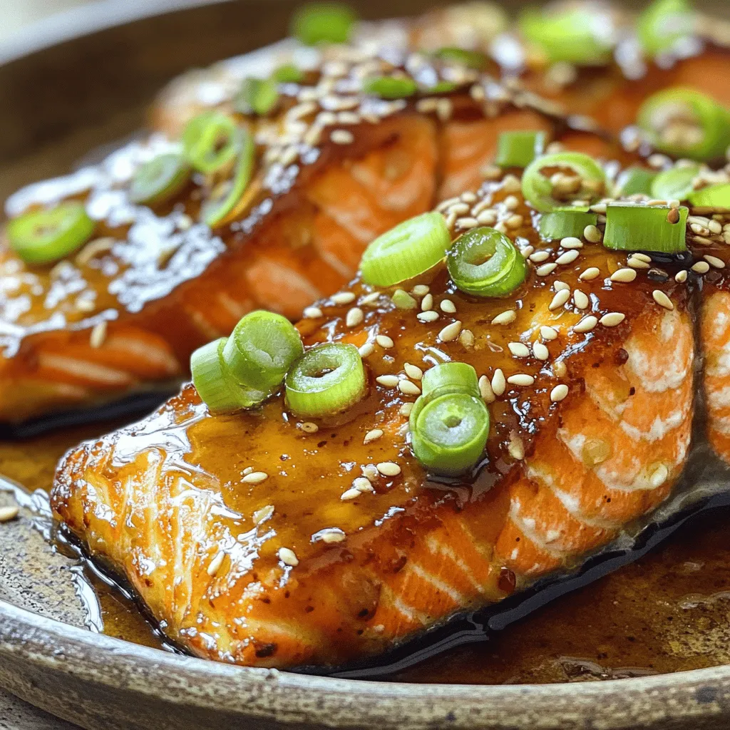- 4 salmon fillets (6 oz each) - 1/4 cup honey - 2 tablespoons low sodium soy sauce - 1 tablespoon Dijon mustard - 2 cloves garlic, minced - 1 tablespoon fresh ginger, grated - 1 tablespoon sesame oil - Salt and pepper to taste - 2 green onions, sliced (for garnish) - Sesame seeds (for garnish) Salmon is a superfood. It is rich in omega-3 fatty acids. These healthy fats help your heart and brain. Salmon also provides protein, vitamin D, and selenium. Eating salmon can boost your mood and support your immune system. When picking salmon, look for bright, shiny skin. Fresh salmon should not smell fishy. If possible, get wild-caught salmon. It often has better flavor and less fat than farmed salmon. Ask your fishmonger for the freshest options. If you need a gluten-free option, use tamari instead of soy sauce. Tamari gives a similar flavor without gluten. For those allergic to mustard, try using lemon juice. It adds a nice tang to the dish. To start, we need to make the marinade. In a small bowl, mix together the honey, soy sauce, Dijon mustard, minced garlic, grated ginger, and sesame oil. Whisk until everything blends well. This mix will give your salmon a sweet and savory flavor. You should marinate the salmon for at least 30 minutes. If you like a stronger taste, let it sit for up to 2 hours. Always refrigerate the salmon while it marinates. This keeps it safe and lets the flavors soak in. For cooking, you can choose either grilling or broiling. Grilling Instructions: Preheat your grill to medium-high heat. Remove the salmon from the marinade, but save the marinade for later. Season the salmon with salt and pepper. Place the salmon skin-side down on the grill. Grill it for about 6 to 8 minutes. Baste it occasionally with the reserved marinade for extra flavor. Broiling Instructions: If you prefer broiling, preheat your oven’s broiler to medium-high. Line a baking sheet with aluminum foil. Put the salmon skin-side down on the sheet. Broil for about 6 to 8 minutes, basting halfway through with the reserved marinade. To tell when the salmon is done, check if it flakes easily with a fork. The fish should be opaque and not translucent. If it's cooked through, remove it from the grill or oven. Let the salmon rest for a few minutes after cooking. This helps the juices settle. For a nice finish, garnish with sliced green onions and sesame seeds. This adds color and a little crunch to your dish. Enjoy your honey glazed salmon! For the complete recipe, refer to the Full Recipe section. To get the best glaze, you want it thick but pourable. Mix the honey, soy sauce, and Dijon mustard well. If it seems too thin, simmer it on low heat until it thickens. Stir often so it does not burn. When basting, do it often but gently. Use a brush to coat the salmon with the glaze while cooking. This adds flavor and keeps the fish moist. You can add spices to the glaze for more depth. Try garlic powder, paprika, or black pepper. Fresh herbs like thyme or parsley also work well. Serve honey glazed salmon with rice or steamed veggies. These sides balance the sweet glaze. A light salad can also freshen the meal. Overcooking salmon ruins its taste and texture. Cook until it flakes easily with a fork. This usually takes about 6-8 minutes. Don’t marinate the salmon for too long. Thirty minutes is perfect. If you go over two hours, the fish can become mushy. Stick to the time for the best result. {{image_2}} You can add a kick to your honey glazed salmon. Try a spicy version with chili flakes. This adds heat and depth. Mix in half a teaspoon of chili flakes into your marinade. Adjust the amount based on your spice level. Citrus-infused honey glaze can brighten the dish. Add orange or lemon zest to your marinade. This gives the salmon a fresh and vibrant taste. You can also squeeze in some juice for extra flavor. You can bake your honey glazed salmon in the oven. Preheat to 400°F (200°C) and place the salmon on a lined baking sheet. Bake for about 12-15 minutes or until cooked through. This method keeps the fish moist. Another fun way is to use foil packets. Place salmon and marinade in a sheet of foil. Seal it up tight, then bake or grill it. This method locks in the flavors and makes cleanup easy. Serve honey glazed salmon with fresh veggies. Try roasted asparagus or sautéed spinach on the side. These greens add color and nutrition to your meal. For family meals, serve the salmon over rice or quinoa. This creates a filling and tasty dish. You can also slice the salmon for easy serving. Want to meal prep? Cook extra salmon and store it in the fridge. It stays great for up to three days. Use it in salads or sandwiches throughout the week. For the full recipe, check the earlier section. After enjoying your honey glazed salmon, store any leftovers in the fridge. Place the salmon in an airtight container. This keeps the fish fresh and tasty. It lasts up to three days in the refrigerator. Ensure the container is sealed well to avoid odors from other foods. If you want to keep the salmon longer, freeze it. Wrap the salmon tightly in plastic wrap or foil. Then, place it in a freezer bag. Squeeze out any air before sealing. Properly stored, it can last up to three months in the freezer. To thaw, transfer the salmon to the fridge overnight. For quicker thawing, use cold water. After thawing, reheat it gently in the oven or on the stove. You can make many dishes with leftover honey glazed salmon. Flake it into salads for a protein boost. Add it to pasta for a tasty twist. You can also use it in tacos or wraps. For a fun breakfast, mix it with scrambled eggs. Try these ideas to enjoy every bite of your delicious salmon. Check out the Full Recipe for inspiration! You should marinate the salmon for at least 30 minutes. This time allows the fish to soak up the sweet and savory flavors. For a stronger taste, marinate for up to 2 hours. Just remember not to go over that time. The fish may get too salty if you do. Yes, you can use frozen salmon. Just make sure to thaw it first. The best way to thaw salmon is in the fridge overnight. If you’re in a rush, you can place it in a sealed bag and run it under cold water. After thawing, pat the salmon dry before marinating. This helps the marinade stick better. Honey glazed salmon pairs well with many sides. Here are a few tasty options: - Steamed broccoli - Brown rice - Quinoa salad - Roasted asparagus - Mashed sweet potatoes These sides add color and nutrition to your meal. They also balance the sweetness of the salmon. For the complete recipe, check out the [Full Recipe]. It has everything you need to make this dish perfect. In this blog post, I shared a delicious honey glazed salmon recipe. You learned about the key ingredients, tips for preparing the marinade, and cooking methods. I also included helpful storage tips and how to use leftovers creatively. Remember, cooking salmon can be simple and rewarding. With the right tips, you can impress your family and friends. Enjoy trying out different flavors and methods. Happy cooking!