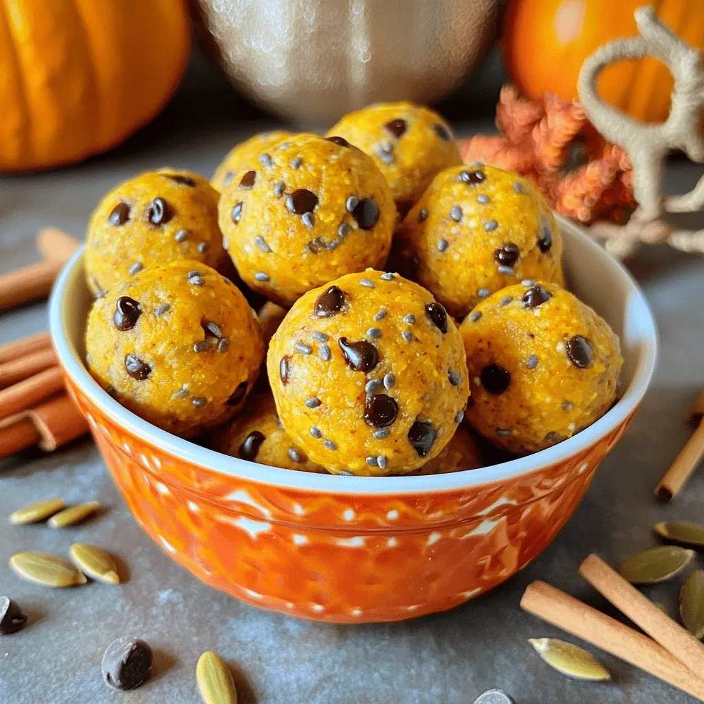 - 1 cup canned pumpkin puree - 1/2 cup rolled oats - 1/2 cup vanilla protein powder - 1/4 cup almond butter (or any nut butter) - 1/4 cup honey or maple syrup - 1 teaspoon cinnamon - 1/2 teaspoon vanilla extract - 1/4 teaspoon nutmeg - 1/4 cup mini dark chocolate chips (optional) - Pinch of salt For your Easy Pumpkin Protein Bites, you need simple, wholesome ingredients. The canned pumpkin puree gives this snack a rich flavor and moist texture. Rolled oats add fiber and help bind the bites together. Vanilla protein powder boosts the protein content, making these bites a great snack. You can choose any nut butter you like. Almond butter is creamy and tasty, but peanut or sunflower butter works too. Honey or maple syrup sweetens the bites naturally. The spices—cinnamon and nutmeg—bring warmth and depth to the flavor. If you enjoy a little sweetness, add mini dark chocolate chips. They give a nice contrast to the pumpkin flavor. A pinch of salt enhances all the tastes, bringing everything together. - Alternative nut butters: cashew, peanut, or sunflower butter - Sweetener alternatives: agave, stevia, or coconut sugar - Extra flavor boosters: chia seeds, flaxseeds, or dried fruit Feel free to mix things up! Try different nut butters for a new twist. You can switch the sweetener based on your diet. Want more crunch? Toss in some chia or flaxseeds. Dried fruit can also add sweetness and texture. - Protein content per serving: about 5 grams - Calorie count: roughly 80 calories per bite - Other health benefits: rich in fiber and vitamins These bites pack a protein punch, making them great for a quick snack. They are also low in calories, so you can enjoy them guilt-free. Plus, the fiber from oats and pumpkin helps keep you full longer. Each bite is a tasty way to fuel your body! You can find the full recipe for Easy Pumpkin Protein Bites above. 1. Mixing the wet ingredients Start by grabbing a large mixing bowl. Add in one cup of canned pumpkin puree, a half cup of almond butter, and a fourth cup of honey or maple syrup. Stir these until you achieve a smooth mixture. This blend acts as the tasty base for your bites. 2. Combining dry ingredients Next, take the same bowl and add the dry items. Pour in a half cup of rolled oats, half a cup of vanilla protein powder, one teaspoon of cinnamon, a half teaspoon of vanilla extract, and a fourth teaspoon of nutmeg. Don’t forget to add a pinch of salt! Mix everything well until the dry ingredients are fully combined with the wet ones. 3. Incorporating optional ingredients If you like chocolate, fold in a fourth cup of mini dark chocolate chips for an extra treat. This step is optional but highly recommended for a sweet touch. Make sure they mix evenly throughout the dough. 1. Scooping and rolling technique Now comes the fun part! Use your hands or a tablespoon to scoop out small portions of your mixture. Roll each portion into bite-sized balls. Aim for a size that fits comfortably in your hand. This helps with portion control and keeps them easy to eat. 2. Parchment-lined baking sheet tips Place each ball on a parchment-lined baking sheet. This helps prevent sticking and makes cleanup easy. Make sure to leave some space between each bite for air to circulate. 1. Importance of chilling Chilling the protein bites is key for their texture. Put the baking sheet in the fridge for at least 30 minutes. This helps the bites firm up and makes them easier to handle. 2. Best practices for cooling After chilling, the bites are ready to eat! If you have leftovers, store them in an airtight container in the fridge. This keeps them fresh and tasty for days. Enjoy your yummy pumpkin protein bites as a snack or a quick meal! For the full recipe, check out the instructions above. To get the right consistency in your pumpkin protein bites, balance is key. You want them moist but not too wet. Start with the pumpkin puree, which adds moisture. If the mixture feels too sticky, add more oats. They help absorb extra liquid. Too much moisture can make the bites soggy. If they feel too soft, chill them longer in the fridge. This helps firm them up nicely. For extra taste, spices work wonders in these bites. Try adding a pinch of ginger or cloves. They give a warm, cozy flavor. You can also mix in some chopped nuts or dried fruit for crunch and sweetness. Mini dark chocolate chips add a fun twist. They melt slightly and create a nice texture contrast. Be creative with your mix-ins, and have fun! When serving, use a fun bowl that matches the season. A fall-themed bowl filled with your pumpkin protein bites looks great. You can also add cinnamon sticks or pumpkin seeds around them for flair. If gifting, package them in small jars tied with string. This makes a tasty treat for friends or family. They’ll love the thought and the flavor! {{image_2}} You can easily change the protein powder in this recipe. If you prefer plant-based options, try pea or hemp protein. These alternatives work well and keep the bites tasty. You can also make these bites vegan. Simply use maple syrup instead of honey and a vegan protein powder. For a gluten-free version, use certified gluten-free oats. This way, you can enjoy a snack that fits your diet. Fall brings many flavors to explore. You can swap pumpkin for mashed sweet potato or butternut squash. These options add a great taste and nutrition. Try adding spices like ginger or allspice for a warm twist. Cinnamon and nutmeg are great, but you can also use chai spice blends. These flavors will keep your pumpkin protein bites exciting and fresh. If you want more variety, turn your bites into bars. Just spread the mixture in a lined pan and cut it into squares after chilling. This makes a great snack for on-the-go. You can also create energy balls by rolling the mixture into larger balls. This format is fun and offers a different texture. Both options are delicious and easy to make, just like the full recipe. To keep your pumpkin protein bites fresh, use an airtight container. Glass or plastic containers work well. Make sure the lid seals tightly. You can store them in the refrigerator or freezer. Refrigeration keeps them fresh for short periods. Freezing extends their life, making them last longer. These protein bites last about one week in the fridge. In the freezer, they can last up to three months. Look for signs of spoilage, like a change in smell or texture. If they feel sticky or have an off taste, it’s best to toss them. To enjoy your bites again, let them sit out for a few minutes. If you want them warm, heat them in the microwave for about 10 seconds. These bites taste great chilled or warmed. They make a quick snack anytime! You can find the full recipe in the earlier section. Yes, you can change the protein powder. Use plant-based protein, whey, or casein. They will work well in this recipe. If you want a nut-free option, try pea protein. You can also skip the protein powder for a snack without added protein. Just use more oats to keep the texture right. Absolutely! These bites are great for meal prep. Make a larger batch and store them in the fridge. They last about a week. You can also freeze them for up to three months. Just thaw them in the fridge overnight before you eat. This way, you have a healthy snack ready when you need it. To lower the calories, try these swaps: - Use less honey or maple syrup. - Replace almond butter with a lower-calorie nut butter. - Skip the chocolate chips or use fewer of them. - Use a sugar-free sweetener instead of honey. These changes keep your bites tasty while cutting calories. These delicious protein bites are easy to make and fun to enjoy. We covered all the key ingredients, from pumpkin puree to optional dark chocolate chips. Understanding how to customize and store your bites allows you to get creative. You can make them fit your diet and taste. With simple steps and tips, you can perfect their texture and flavor. Enjoy your tasty treats as snacks or gifts—your choice. Follow these guidelines, and you’ll have a healthy, satisfying treat ready to go!