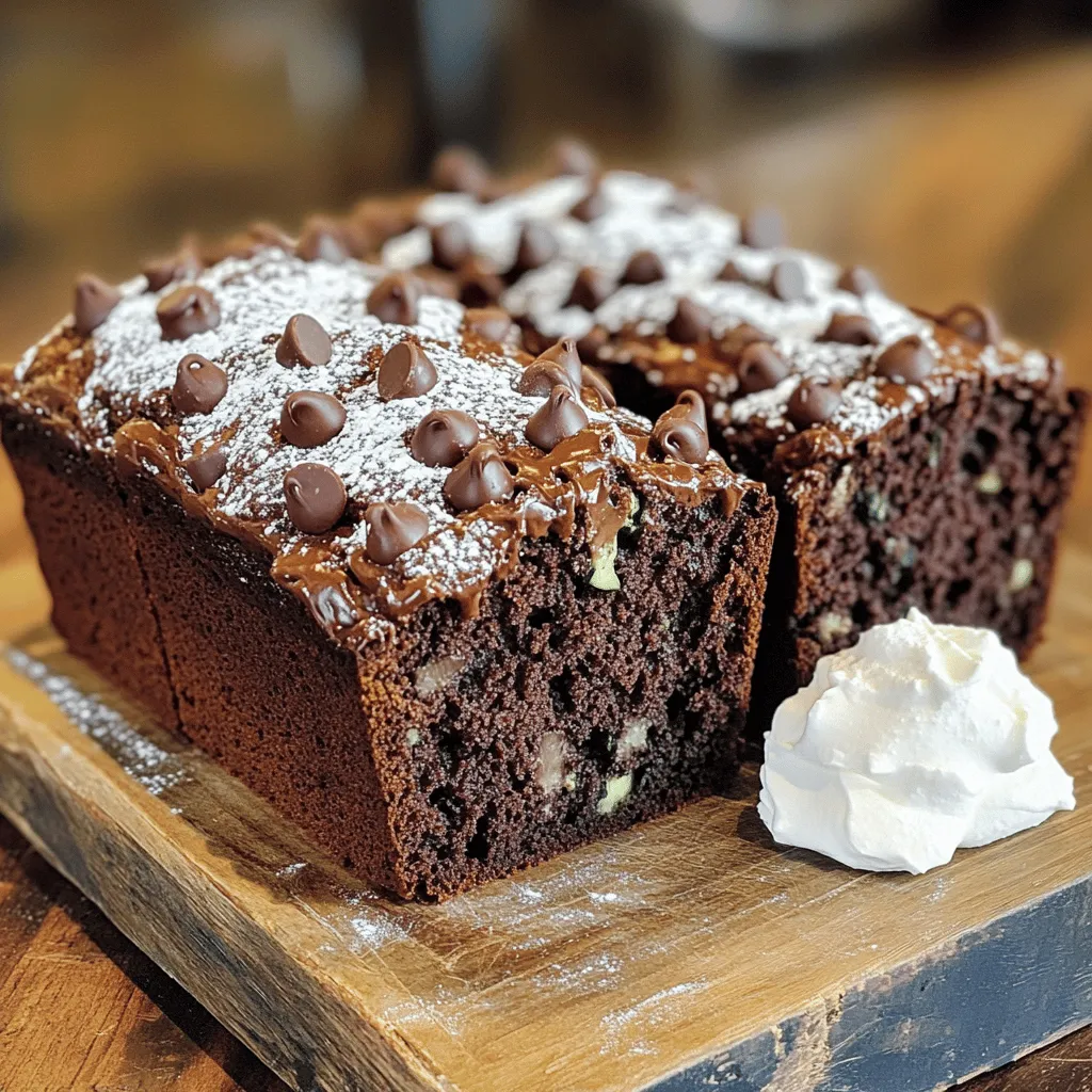 - 1 cup all-purpose flour - 1/2 cup unsweetened cocoa powder - 1 teaspoon baking soda - 1/2 teaspoon baking powder - 1/4 teaspoon salt - 1 medium zucchini, grated - 1/2 cup granulated sugar - 1/2 cup brown sugar, packed - 2 large eggs - 1/2 cup vegetable oil - 1 teaspoon vanilla extract - 1/2 cup semi-sweet chocolate chips - 1/4 cup chopped walnuts (optional) To make this double chocolate zucchini bread, gather the ingredients listed above. The dry ingredients create the base, while the wet ingredients add moisture and flavor. The zucchini helps keep the bread rich and moist. When you mix in the chocolate chips, you can add a sweet surprise in every bite. If you want a little crunch, toss in the walnuts. They add texture and depth. This recipe is simple, yet it yields a delicious treat. If you're curious, you can find the full recipe at the end of this article. - First, grate the zucchini using a box grater. - Then, sprinkle a pinch of salt over the grated zucchini. - Let it sit for about 10 minutes. This draws out extra moisture. - After 10 minutes, gently squeeze the zucchini to remove excess liquid. - In a large bowl, combine 1 cup of flour, 1/2 cup cocoa powder, 1 teaspoon baking soda, 1/2 teaspoon baking powder, and 1/4 teaspoon salt. - Mix them well with a whisk until they are fully blended. - In a separate bowl, whisk together 1/2 cup granulated sugar, 1/2 cup brown sugar, 2 eggs, 1/2 cup vegetable oil, and 1 teaspoon vanilla. - Mix until everything is combined and smooth. - Gradually add the dry mix to the wet mix. Stir gently until just combined. - Avoid overmixing, as this will affect the bread's texture. - Fold in the grated zucchini, 1/2 cup chocolate chips, and 1/4 cup walnuts (if using). - Pour the batter into a greased 9x5 inch loaf pan. - Smooth the top with a spatula. - Bake in a preheated oven at 350°F for 50-60 minutes. - Check doneness by inserting a toothpick into the center. - Once done, let the bread cool in the pan for about 10 minutes. - Carefully transfer the bread to a wire rack to cool completely. For the full recipe, including detailed ingredient lists and tips, check the section above. To make your double chocolate zucchini bread rich and moist, do not overmix the batter. Overmixing can lead to a dense loaf, which we want to avoid. Mix just until combined for the best texture. Also, use room temperature eggs. Cold eggs can cause the batter to chill and not blend well. You can enhance the flavor by adding spices like cinnamon or nutmeg. These spices add warmth and depth to the chocolate. You can also experiment with different types of chocolate. Dark chocolate can bring a rich taste, while milk chocolate adds sweetness. Find the combination that you love best. When serving the bread, slice it on a wooden board. Dust it with powdered sugar for a sweet touch. You can pair it with a dollop of whipped cream or a scoop of vanilla ice cream. This makes for a delightful treat that everyone will enjoy. For the full recipe, click here. {{image_2}} To make this bread healthier, you can swap out some ingredients. - Use whole wheat flour for more fiber. - Try gluten-free flour for a gluten-free version. - Reduce the sugar. You can cut the sugar by one-third. You can change the flavor of the bread easily. - Add spices like cinnamon or nutmeg for warmth. - Toss in nuts, like pecans or almonds, for crunch. - Incorporate fruits such as orange zest or mashed banana for extra sweetness. If you want a vegan version, there are great swaps. - Use flaxseed meal mixed with water instead of eggs. - Substitute applesauce for vegetable oil to cut fat. These ideas help you create a version of Double Chocolate Zucchini Bread that fits your needs. You can find the Full Recipe above for all the details on making this delicious treat! To keep your double chocolate zucchini bread fresh, store it in a cool place. Wrap it in plastic wrap or place it in an airtight container. If you leave it out, it will stay good for about three days. If you want to extend the bread's life, refrigeration works well too. Just make sure to wrap it tightly to avoid drying out. This way, it can last up to a week. Freezing is a great option if you want to save some for later. To freeze, let the bread cool completely. Then, wrap it tightly in plastic wrap, followed by aluminum foil. This helps prevent freezer burn. You can freeze it for up to three months. When you're ready to eat it, take it out and thaw it in the fridge overnight. For a quick thaw, leave it out at room temperature for a few hours. The shelf life of double chocolate zucchini bread is impressive. At room temperature, it stays fresh for about three days. In the fridge, it lasts about a week. If you freeze it, you can enjoy it for three months without losing flavor or texture. Make sure to check for any signs of spoilage before eating. Enjoy your delicious treat! For the full recipe, check out the [Full Recipe]. You can check for doneness with a toothpick. Insert the toothpick into the center of the bread. If it comes out clean or with a few crumbs, the bread is done. This method is foolproof and helps avoid underbaking or overbaking. Yes, you can use frozen zucchini. Thaw it first and squeeze out excess water. This helps keep the bread from becoming too wet. I recommend using it in the same way as fresh zucchini for great results. If you need an egg substitute, you have options. Use 1/4 cup unsweetened applesauce or one ripe mashed banana for each egg. These alternatives add moisture and help bind the ingredients well. Absolutely! If you love chocolate, feel free to add more chocolate chips. You can increase the amount to 3/4 cup for an extra rich flavor. Just keep the overall balance in mind so the bread stays moist. To prevent your bread from sinking, avoid overmixing the batter. Mix until just combined. Also, make sure your baking soda and baking powder are fresh. This helps the bread rise properly during baking. This article guides you through making delicious zucchini chocolate bread. We explored ingredients, from dry and wet components to tasty add-ins. I shared step-by-step instructions for mixing and baking. You learned about tips for perfecting texture and flavor. Variations and storage methods help you adapt and enjoy your bread longer. I hope you feel ready to bake. Enjoy sharing your baked goodness with family and friends!