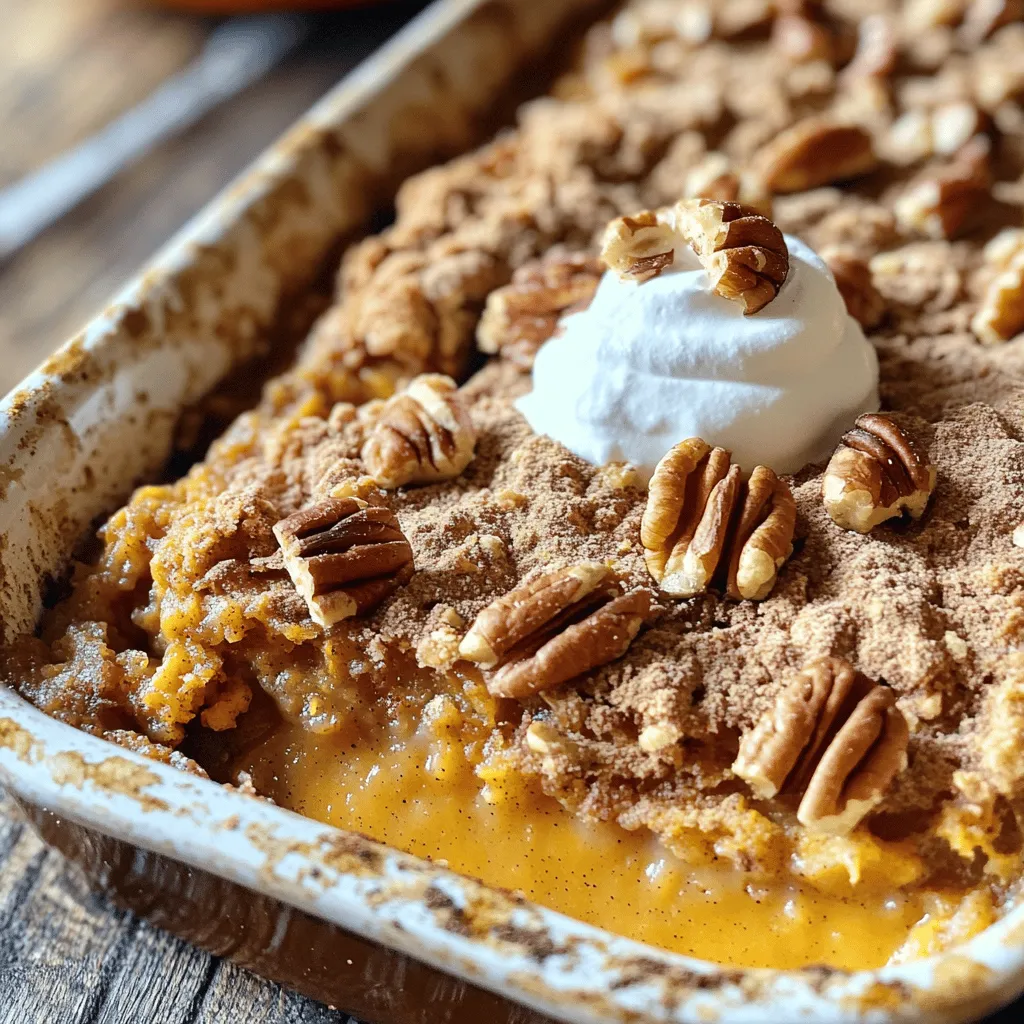 - 1 cup pure pumpkin puree - 3/4 cup brown sugar, packed - 1/2 cup granulated sugar - 1 teaspoon vanilla extract - 1 teaspoon ground cinnamon - 1/2 teaspoon ground nutmeg - 1/2 teaspoon ground ginger - 2 large eggs - 1 cup milk (or plant-based milk) - 1/2 cup all-purpose flour - 1/4 cup unsalted butter, melted - 1 cup pecans, chopped - 1/2 teaspoon baking powder - Pinch of salt The base of my homemade pumpkin pecan cobbler is simple yet packed with flavor. I always use pure pumpkin puree. It gives the dish its rich, sweet taste. Brown sugar adds a nice depth, while granulated sugar helps balance the flavors. I love adding warm spices like cinnamon, nutmeg, and ginger to my cobbler. They bring a cozy warmth that feels like a hug on a cold day. The eggs help bind everything together. Milk, whether dairy or plant-based, keeps the cobbler moist. When baking, I always include flour for structure. A little melted butter adds richness. Chopped pecans give a delightful crunch and nutty flavor. Finally, a pinch of salt enhances all the sweet notes. You can find the full recipe above to get started on this delightful treat! - Preheat your oven to 350°F (175°C). - Grease a 9x13-inch baking dish. This step helps the cobbler come out easily. - In a large mixing bowl, combine pumpkin puree, brown sugar, granulated sugar, and vanilla. - Mix until smooth. The blend should be thick and creamy. - Next, add two large eggs and one cup of milk. - Whisk until fully mixed. This makes your batter rich and tasty. - In a separate bowl, mix flour, baking powder, cinnamon, nutmeg, ginger, and a pinch of salt. - Stir these dry ingredients well. - This mix adds flavor and texture to your cobbler. - Gradually add the dry mix to the wet mix. Stir gently until just combined. - Be careful not to over-mix; this keeps your cobbler light. - Fold in melted butter and chopped pecans. - Pour the batter into the greased baking dish. Smooth the top with a spatula. - Bake for 45-50 minutes. The cobbler should be set in the center and golden on top. - Let it cool for ten minutes before serving. Enjoy your delicious homemade pumpkin pecan cobbler! For the complete recipe, check the Full Recipe section. To make your pumpkin pecan cobbler great, use pure pumpkin puree. Avoid pumpkin pie filling. This ensures you get the true pumpkin flavor. Next, when mixing your batter, don’t over-mix. This keeps the texture tender and soft, which is what you want in a cobbler. Serve your cobbler warm for the best taste. It pairs well with whipped cream or ice cream. A scoop of vanilla ice cream brings out the flavors. For an eye-catching look, sprinkle cinnamon on top. Add a few whole pecans as a garnish. This makes your dish pretty and tasty. Before baking, taste your batter. If you want it sweeter, add more sugar. Each pumpkin can vary in sweetness, so this step is key. Adjusting now helps you get the flavor just right. Remember, you can always add more, but you can’t take it out. {{image_2}} You can make your pumpkin pecan cobbler even better! Try adding chocolate chips for a richer taste. The sweet chocolate pairs well with pumpkin. You can also mix in different spices. Cloves or allspice can add warmth and depth to the flavor. Just a pinch can change the whole dish! If you want a new twist, swap the pecans. Walnuts or almonds work great too. Walnuts add a softer crunch. Almonds give a unique flavor. Both nuts will change the texture and taste. This keeps the recipe fun and fresh! Need a gluten-free option? Use gluten-free flour instead of regular flour. This keeps the texture just right. You can also replace dairy milk with plant-based options. Almond or oat milk are great choices. They keep the cobbler creamy without the lactose. These simple swaps make it easy for everyone to enjoy! After you enjoy your cobbler, store any leftovers covered in the refrigerator. It will stay fresh for up to 4 days. Just make sure to keep it in an airtight container or wrap it tightly with plastic wrap. This will help keep the flavors and moisture intact. If you want to save some for later, freezing is a great option. Freeze individual portions in airtight containers. This method allows you to enjoy a slice whenever you want. Your cobbler will keep well in the freezer for up to 3 months. Just label your containers with the date so you remember when you made it. When you’re ready to enjoy your frozen cobbler, reheating is easy. You can use the oven or the microwave. If you choose the oven, preheat it to around 350°F. Place the cobbler in an oven-safe dish and heat until warmed through. For the microwave, heat in short intervals, checking often to avoid overheating. Enjoy your delicious treat again! For the full recipe, check [Full Recipe]. Yes, canned pumpkin puree works perfectly for this recipe. It saves time and is easy to use. Just make sure to pick pure pumpkin, not pie filling. This choice keeps the flavor rich and smooth. The center should be set and slightly golden on top; a toothpick should come out clean. If the toothpick has wet batter, bake it a bit longer. You want a nice, firm texture without being dry. Yes, you can prepare it a day in advance and bake it before serving. Just cover it well and store it in the fridge. When you're ready, bake it fresh for your guests. This makes it easy to enjoy without stress. It pairs well with ice cream, whipped cream, or a caramel sauce drizzle. The cold creaminess of ice cream balances the warm cobbler. A drizzle of caramel adds a sweet touch that everyone loves. For the full recipe, check out Homemade Pumpkin Pecan Cobbler! This blog post shared a simple way to make pumpkin pecan cobbler. We covered the key ingredients, detailed instructions, tips for best results, and tasty variations. With each step, you can create a warm, comforting dessert. Remember to store leftovers properly and explore different flavors. Enjoy the joy of baking and sharing this sweet treat with friends and family!