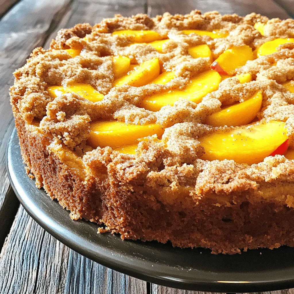 - Fresh peaches and their preparation - 3 ripe peaches, pitted and sliced - Choose peaches that are soft and fragrant for the best flavor. - Essential baking ingredients - 1 ½ cups all-purpose flour - 1 cup granulated sugar, divided - ½ cup unsalted butter, softened - 2 large eggs - 1 teaspoon vanilla extract - 1 teaspoon baking powder - ½ teaspoon baking soda - ¼ teaspoon salt - 1 teaspoon ground cinnamon - Optional toppings or substitutions - ½ cup brown sugar - ½ cup rolled oats - You can add nuts for a crunch or use other fruits if you prefer. Making this Easy Italian Peach Crumb Cake is simple when you have the right ingredients. Each item plays a key role in creating a moist and tasty cake. Fresh peaches add sweetness, while the crumb topping gives it a nice texture. You can mix and match toppings to fit your taste. This cake is great for any occasion! For the full recipe, check the details above. First, preheat your oven to 350°F (175°C). This step warms up the oven for even baking. Next, prepare your cake pan. You can grease a 9-inch round pan or use parchment paper. This makes it easy to take the cake out later. In a large bowl, beat ½ cup of softened butter with ¾ cup of granulated sugar. Mix until it looks light and fluffy. Then, add two large eggs one at a time. Make sure to mix well after each egg. Stir in 1 teaspoon of vanilla extract for flavor. Now, grab another bowl. In it, whisk together 1 ½ cups of all-purpose flour, 1 teaspoon of baking powder, ½ teaspoon of baking soda, ¼ teaspoon of salt, and 1 teaspoon of ground cinnamon. This dry mix helps the cake rise and adds taste. Gradually add this dry mix to the wet mix, alternating with the last ¼ cup of granulated sugar. Mix until just combined. Gently fold in 3 sliced peaches. Take care not to break them apart as you mix. These peaches add sweetness and moisture to the cake. Now, let’s make the crumb topping. In another bowl, mix together ½ cup of brown sugar, ½ cup of rolled oats, and another teaspoon of cinnamon. Cut in the rest of the butter until it looks like coarse crumbs. This mixture will create a nice crunchy topping. Pour the batter into your prepared cake pan. Spread it out evenly with a spatula. Then, sprinkle the crumb topping over the peach batter. Make sure it covers the top nicely. Bake in your preheated oven for 35-40 minutes. Keep an eye on it. You know it’s done when a toothpick comes out clean from the center. Let the cake cool in the pan for about 10 minutes. Then, transfer it to a wire rack to cool completely. For the complete recipe, check the Full Recipe section. - Ensuring the right peach ripeness: Use ripe peaches for the best flavor. They should feel slightly soft when you press them. If they are too hard, they won’t sweeten the cake enough. Overripe peaches can make the cake too mushy. - Alternative sweetener options: If you want to cut sugar, try using honey or maple syrup. Use less liquid for these. You can also use coconut sugar for a different taste. - Handling the crumb topping: Mix the crumb topping until it looks like coarse sand. This keeps the topping crunchy. Don’t overmix, or it will clump together. - Recommended mixing bowls and pans: I suggest using a large mixing bowl for the batter. A 9-inch round cake pan works perfectly for this recipe. Use a non-stick pan or line it with parchment paper for easy removal. - Useful kitchen gadgets for efficiency: A good whisk is key for mixing dry ingredients. A rubber spatula helps fold in the peaches without breaking them. A food processor can speed up making the crumb topping. {{image_2}} You can change the flavor of your Easy Italian Peach Crumb Cake in fun ways. Adding spices or extracts can really boost taste. A dash of nutmeg works well with peaches. You can also try almond or orange extracts for a unique twist. These flavors mix beautifully with the sweet peaches. Incorporating nuts or chocolate chips adds texture and richness. Chopped walnuts or pecans add a nice crunch. If you love chocolate, sprinkle in some chocolate chips. Both options create a heartier cake that delights everyone. You can swap out peaches for other fruits that work well in this crumb cake. Think about using ripe plums or juicy nectarines. Both fruits offer a similar sweetness and texture. Apples or pears are also great choices, especially in fall. Seasonal fruit substitutions keep your cake fresh all year. In the summer, try berries like blueberries or raspberries. In the winter, citrus fruits like oranges or tangerines add a bright flavor. These alternatives allow you to enjoy this cake in any season! For the full recipe, click here. To keep your Easy Italian Peach Crumb Cake fresh, follow these tips: - Let the cake cool completely before storing. - Wrap it tightly in plastic wrap or foil. - Place it in an airtight container to avoid moisture loss. I recommend storing your cake at room temperature for up to three days. If your home is warm, refrigerate it to extend freshness. Use a glass or plastic container with a tight lid for the best results. This keeps the cake moist and delicious. Freezing your cake is simple and preserves its flavor. Here’s how to do it: 1. First, let the cake cool completely. 2. Cut it into slices if you prefer individual servings. 3. Wrap each slice in plastic wrap, making sure it is tight. 4. Place the wrapped slices in a freezer-safe bag or container. Your cake can last up to three months in the freezer. When you're ready to enjoy it, simply thaw it in the fridge overnight. For a quick option, you can microwave a slice for about 20-30 seconds. Enjoy your cake warm and tasty! Can I use canned peaches instead of fresh? Yes, you can use canned peaches. Make sure they are in juice, not syrup. Drain them well and cut them into slices. This method works well when fresh peaches are out of season. How do I know when the cake is fully baked? Check the cake with a toothpick. Insert it into the center of the cake. If it comes out clean, the cake is ready. The top should also look golden and spring back when touched lightly. What is the difference between crumb cake and coffee cake? Crumb cake has a thicker crumb topping, while coffee cake is softer and often includes a swirl of cinnamon. Both pair well with coffee, but crumb cake is more about the topping. Can I make this recipe gluten-free? Yes, you can use a gluten-free flour blend. Make sure it has a good mix of starch and protein. Follow the rest of the recipe as is, and you will have a tasty treat. What to do if the cake is too dense? If the cake is dense, it may need more air. Make sure to beat the butter and sugar well until light. Also, avoid overmixing the batter after adding the flour. Why did the crumb topping not form? If the crumb topping is flat, it may need more fat. Ensure you cut in the butter properly until it looks like coarse crumbs. Also, check that you used enough brown sugar and oats. How can I fix an overbaked cake? To fix an overbaked cake, you can add a simple syrup. Mix equal parts water and sugar, heat until dissolved, and brush it over the cake. This adds moisture back into the cake. You now have all you need to create a delicious Easy Italian Peach Crumb Cake. From selecting ripe peaches to mixing the perfect batter, every step matters. Remember, you can customize this cake with different fruits and spices. Proper storage keeps your cake fresh. Use the tips and tricks shared to perfect your baking skills. Whether you're a pro or a beginner, enjoy each bite of your creation. Happy baking!