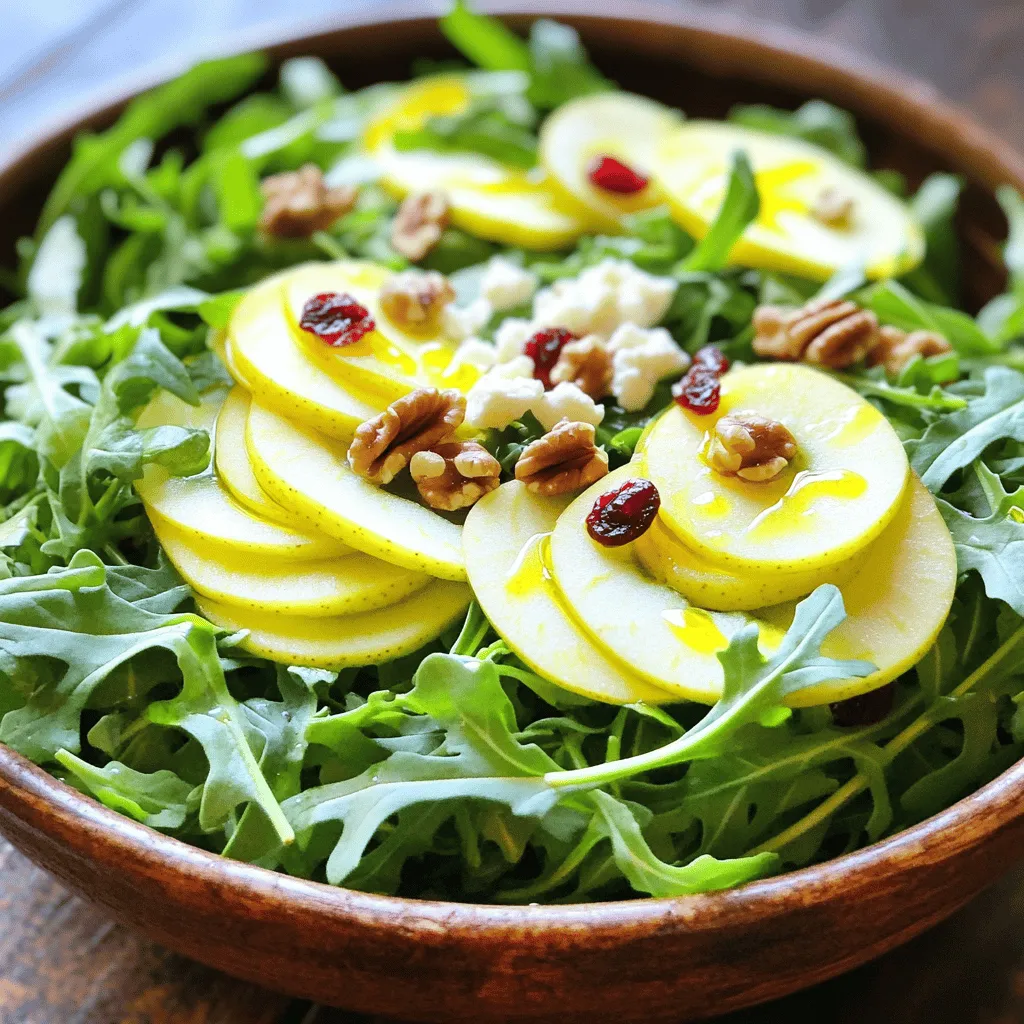 To make a Simple Apple Arugula Salad, you need fresh ingredients that work well together. This salad is bright and tasty. Here's what you will need: - 4 cups fresh arugula - 1 large apple (Granny Smith or Honeycrisp), thinly sliced - 1/2 cup walnuts, roughly chopped - 1/4 cup crumbled feta cheese (optional) - 1/4 cup dried cranberries - 3 tablespoons olive oil - 2 tablespoons apple cider vinegar - 1 teaspoon honey - Salt and pepper to taste Each ingredient adds its own flavor and texture. The fresh arugula gives a nice peppery taste. The apples add a crisp sweetness. Walnuts bring a crunchy bite, while feta cheese adds creaminess. Dried cranberries add a hint of tartness. You can find the full recipe to guide you through making this delightful dish. 1. Combining the base ingredients Start with a large bowl. Add 4 cups of fresh arugula. Next, take 1 large apple, like Granny Smith or Honeycrisp, and slice it thin. Toss the apple slices into the bowl. Now, grab 1/2 cup of walnuts, roughly chopped, and add them in. If you want, you can also add 1/4 cup of crumbled feta cheese. Finally, include 1/4 cup of dried cranberries. 2. Making the dressing In a small bowl, mix 3 tablespoons of olive oil with 2 tablespoons of apple cider vinegar. Add 1 teaspoon of honey for sweetness. Season with salt and pepper to taste. Whisk all the ingredients together until they blend well. This dressing adds a nice zing to your salad. 3. Tossing the salad Pour the dressing over the arugula and apple mix. Use tongs or a large spoon to gently toss everything together. Make sure all the ingredients get coated with the dressing. Taste the salad and see if it needs more salt or pepper. Enjoy your fresh, crunchy salad right away! For the full recipe, check out the detailed instructions above. To make your Simple Apple Arugula Salad even better, consider these tips: - Substitutions for ingredients: If you don’t have arugula, try spinach or mixed greens. For the apple, other crisp types like Fuji or Gala work well. You can swap walnuts with pecans or almonds. If you skip feta, try goat cheese or leave it out. - Best practices for dressing: Always whisk the dressing before adding it to the salad. This helps mix the oil and vinegar well. If you like a sweeter touch, add more honey. Adjust salt and pepper to your taste. A fresh squeeze of lemon juice can brighten the entire dish. - Presentation tips: For a beautiful look, layer ingredients in the bowl. Place arugula at the bottom, then add apples, nuts, and cranberries on top. Drizzle dressing just before serving for the best crunch. Garnish with a few whole nuts or apple slices for a nice touch. These small changes can elevate your salad. Enjoy the fresh flavors of this Simple Apple Arugula Salad! For the complete details, refer to the Full Recipe. {{image_2}} You can switch up the apples in this salad. Try using Fuji or Gala apples. They add a sweet twist. If you prefer tart, go for Granny Smith or Pink Lady apples. Each apple brings its own flavor. For protein, consider adding grilled chicken or shrimp. These options make the salad heartier. You can also toss in chickpeas for a plant-based protein boost. They add extra texture and nutrition. As the seasons change, so can your salad. In spring, add fresh peas or radishes for a crunch. In summer, throw in some cucumber or berries. In fall, consider adding roasted squash. Winter calls for nuts or seeds to give a warm touch. These variations keep the salad fresh and exciting. Feel free to mix and match based on your taste. You can find the full recipe above. Enjoy your creation! To keep your salad fresh, store it in an airtight container. This helps prevent wilting. The best place for it is the fridge. Aim to eat leftovers within two days for the best taste. If you want to save the dressing, store it separately. This way, the arugula stays crisp. You can mix the dressing in just before serving. Reheating is not needed for this salad. Instead, refresh it with a drizzle of olive oil. You can also add a squeeze of lemon for extra flavor. Enjoy your Simple Apple Arugula Salad with a fresh twist! For the full recipe, check the [Full Recipe]. Can I prepare this salad in advance? Yes, you can prep this salad ahead of time. Just keep the dressing separate. If you mix the salad too soon, the arugula will wilt. I suggest making the salad in the morning for lunch or dinner later. This way, you can enjoy the fresh taste and crisp texture. What are some good pairings with this salad? This salad pairs well with grilled chicken or fish. You can also serve it with a warm soup. For a light meal, enjoy it with crusty bread. The sweet and tangy flavors complement many dishes. I find it works great at lunch or as a side dish. How can I make this salad vegan? To make this salad vegan, skip the feta cheese. You can replace it with avocado for creaminess. Use agave syrup instead of honey for the dressing. This will keep the salad rich and flavorful without animal products. Enjoy your simple apple arugula salad vegan style! For the full recipe, check the earlier section. This blog post shared how to make a simple apple arugula salad. You learned about the main ingredients, step-by-step prep, and how to enhance the flavor. I also covered fun variations and how to store leftovers. Remember, salads can be easy and tasty. Don't be afraid to experiment with your own twists. Enjoy this crisp, fresh dish whenever you want. Eating healthy never has to be boring!
