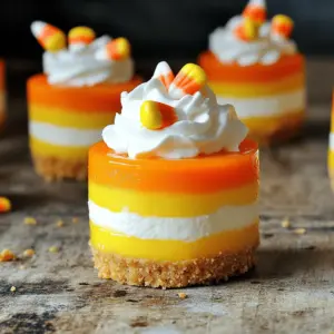 To make Mini Candy Corn Cheesecakes, you need a few key ingredients. Here’s what you need: - 8 oz cream cheese, softened - 1/2 cup granulated sugar - 1 teaspoon vanilla extract - 1/2 cup sour cream - 1 large egg - 1/4 cup heavy cream - 1/4 cup powdered sugar - 1/2 cup candy corn (plus extra for garnish) - 1/2 teaspoon orange food coloring - 1/2 teaspoon yellow food coloring - 12 mini graham cracker crusts (store-bought or homemade) These ingredients come together to create a creamy, colorful dessert that is perfect for fall. The candy corn adds sweetness and fun to each bite. You will need some tools for this recipe. Having the right tools makes it easier to create these cheesecakes. Here’s what I recommend: - A mixing bowl - An electric mixer - A muffin tin with cupcake liners - Measuring cups and spoons - A spatula - A piping bag (optional for whipped cream) These tools help you mix, bake, and present your cheesecakes well. Sometimes, you might not have all the ingredients on hand. Here are some ideas for swaps: - Replace cream cheese with ricotta for a lighter texture. - Use Greek yogurt instead of sour cream for a tangy twist. - You can swap heavy cream with coconut cream for a dairy-free option. - No orange or yellow food coloring? Use pureed pumpkin or mango for color. These substitutions can help you customize the recipe based on what you have available. For the full recipe, check the previous sections! To start, you need to preheat your oven to 325°F (160°C). While it warms up, grab a muffin tin and line it with cupcake liners. In a large mixing bowl, combine 8 oz of softened cream cheese with 1/2 cup of granulated sugar. Use an electric mixer and beat until it’s smooth and creamy. Next, add in 1 teaspoon of vanilla extract and 1/2 cup of sour cream. Mix until everything is well blended. Now, crack in 1 large egg. Beat it in just until combined. Be careful not to overmix, as this could make your cheesecake dense. Once done, you will have a rich and creamy batter that is perfect for mini cheesecakes. This part is fun! Divide the cheesecake batter into three bowls. In the first bowl, add 1/2 teaspoon of orange food coloring and mix until even. In the second bowl, add 1/2 teaspoon of yellow food coloring and do the same. Leave the third bowl plain. Now, you will layer the batters in the mini crusts. Start with a tablespoon of the plain batter. Then, add a tablespoon of the yellow batter on top. Finally, finish with a tablespoon of the orange batter. This creates a lovely, festive look that everyone will love. Give the muffin tin a gentle tap on the counter to release any air bubbles. Place the muffin tin in your preheated oven and bake for 20 to 25 minutes. You will know they are done when the centers are set. Once baked, take the tin out and let the cheesecakes cool completely in the pan. Cooling them in the pan helps keep their shape and texture. After they cool, whip 1/4 cup of heavy cream with 1/4 cup of powdered sugar until soft peaks form. You can pipe or dollop this whipped cream on top of each cheesecake. For a final touch, garnish with some candy corn. This adds color and makes your mini candy corn cheesecakes even more festive. For the full recipe, check the previous section. To make your mini candy corn cheesecakes smooth, use room-temperature cream cheese. Cold cream cheese can create lumps. Beat the cream cheese until creamy before adding sugar. This step helps mix air in, making your cheesecake light. Don’t overmix after adding the egg, as this can cause cracks. One big mistake is not cooling the cheesecakes slowly. If you take them out too fast, they can crack. Always let them cool in the oven with the door slightly open for about an hour. Another mistake is skipping the chilling time. Cheesecakes need to chill for at least four hours or overnight for the best taste. Serve these mini cheesecakes on a fun Halloween-themed platter. They look great next to other treats like cookies or brownies. You can also add a drizzle of chocolate sauce or whipped cream for extra flair. If you want a twist, try adding a sprinkle of sea salt on top for a sweet-salty taste. For the full recipe, check the detailed instructions above. {{image_2}} You can change the flavor of mini candy corn cheesecakes easily. Try adding chocolate or peanut butter to the mix. For a chocolate twist, mix in 1/4 cup of cocoa powder with the cream cheese. It gives a rich, deep flavor. If you love peanut butter, add 1/4 cup of creamy peanut butter to the batter. This change brings a nutty taste that pairs well with candy corn. You can make these treats fit many diets. For gluten-free mini cheesecakes, use gluten-free graham cracker crusts. They taste just as good and keep the same texture. If you want a vegan version, swap cream cheese for a dairy-free cream cheese. Use a flax egg instead of the large egg. Mix 1 tablespoon of ground flaxseed with 2.5 tablespoons of water, and let it sit for a few minutes to thicken. Replace heavy cream with coconut cream for a rich topping. Make your mini cheesecakes pop for any event. For Halloween, sprinkle extra candy corn on top and add fun, spooky picks. For a summer party, use fresh fruit like strawberries or blueberries as a topping. You can also dress them up with colorful sprinkles for birthday celebrations. Place each cheesecake on a decorative plate for a stunning display. These small touches make your treats a hit at any gathering. To keep your mini candy corn cheesecakes fresh, place them in an airtight container. You can stack them carefully, but use parchment paper between layers. This helps prevent sticking. Store them in the fridge for up to five days. When ready to serve, just take them out and enjoy! You can also freeze these cheesecakes if you want to save some for later. First, let them cool completely. Next, wrap each cheesecake tightly in plastic wrap. Place them in a freezer-safe bag or container. They can last in the freezer for up to three months. When you want to eat them, just thaw them in the fridge overnight. These delicious treats stay fresh for about five days in the fridge. If you freeze them, you can keep them for three months. For the best taste, eat them within these time frames. Always check for signs of spoilage before serving. If they smell off or look strange, it's best to throw them away. Enjoy your festive mini candy corn cheesecakes! For the full recipe, check out the recipe section above. Yes, you can make these mini candy corn cheesecakes ahead of time. They store well in the fridge for up to three days. Just make sure to cover them tightly with plastic wrap. This keeps them fresh and tasty. You can also freeze them for up to a month. When you're ready to eat them, let them thaw in the fridge overnight. If you want to skip heavy cream, try using coconut cream or Greek yogurt. Both options can give you a nice creamy texture. Coconut cream works well for a hint of sweetness. Greek yogurt adds a bit of tang. Use the same amount as the heavy cream in the recipe. You can make the cheesecakes without food coloring easily. Just skip the food coloring steps in the recipe. The cheesecakes will still taste great! You can also layer the batters as plain, yellow, and orange. For a fun twist, try using crushed candies or fruit purees for color. You can create tasty mini candy corn cheesecakes using simple steps and fresh ingredients. We explored essential tools, tips, and ingredient swaps to enhance your baking. I shared ways to achieve the perfect cheesecake texture and avoid common mistakes. You can also find ideas for variations, storage tips, and answers to frequently asked questions. These mini treats will impress your guests and brighten any occasion. Happy baking!