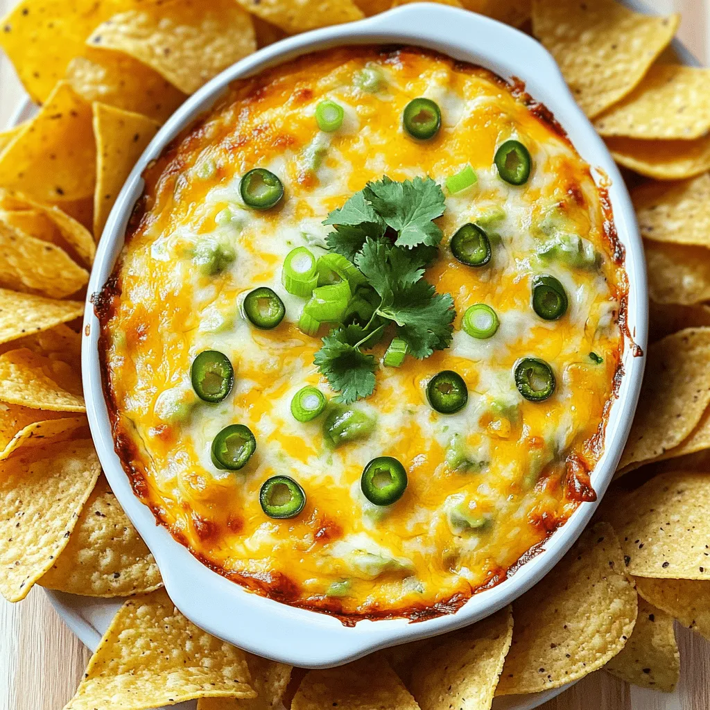 To make Cheesy Hatch Green Chile Dip, gather these key ingredients: - 1 cup roasted Hatch green chiles, chopped - 1 cup cream cheese, softened - 1 cup sour cream - 1 cup shredded Monterey Jack cheese - 1 cup shredded cheddar cheese - 2 cloves garlic, minced - 1 tablespoon lime juice - 1 teaspoon cumin - Salt and pepper to taste - Tortilla chips, for serving These ingredients blend to create a rich, creamy dip. The roasted Hatch green chiles add a smoky kick that makes this dip special. Cream cheese and sour cream give it a smooth texture. The cheeses melt perfectly, making each bite indulgent. You can customize the dip with these optional ingredients: - Additional spices (e.g., cayenne pepper, paprika) - Chopped fresh herbs (e.g., cilantro, parsley) - Sautéed vegetables (e.g., onions, bell peppers) Adding spices can ramp up the heat. Fresh herbs add a nice touch. Sautéed veggies can add flavor and texture. Feel free to mix and match to fit your taste. For the full recipe, check out the complete details. - Preheat oven to 350°F (175°C). - Combine cream cheese and sour cream in a bowl. - Stir in chopped Hatch green chiles and garlic. - Add lime juice and spices; mix well. - Transfer the mixture to a baking dish. - Sprinkle reserved cheese on top and bake. Baking will take about 20-25 minutes. You want the dip to be bubbling and golden. Use a spatula to smooth the top before adding the cheese. This step ensures a nice, even melt. Enjoy the warm, cheesy goodness! For the full recipe, check the details above. - Use freshly roasted Hatch green chiles for the best taste. Their smoky flavor shines in this dip. You can roast them yourself or buy them from a store. - Experiment with different types of cheese. Try pepper jack for heat or gouda for a smooth finish. Mixing cheese adds depth to the flavor. - Ensure cream cheese is softened for a smoother mixture. Take it out of the fridge 30 minutes before you start. This step makes mixing much easier. - Bake until golden and bubbly for optimal texture. This means the dip is ready to serve and will have a nice crust on top. - Pair with a variety of dippables like vegetables or crackers. Carrots, celery, and bell peppers add crunch and color. - Serve warm for the best experience. The heat brings out the flavors and makes it extra creamy. By following these tips and tricks, you will make your Cheesy Hatch Green Chile Dip shine at any gathering. For the full recipe, check the link above. {{image_2}} You can change up the cheese for a new taste. Swap Monterey Jack for Pepper Jack to add spice. This gives the dip a nice kick. If you prefer a tangy flavor, use goat cheese. It adds creaminess and a unique twist. Mix different cheeses to find your favorite blend. Want a healthier dip? Substitute Greek yogurt for sour cream. It makes the dip lighter and adds protein. You can also add black beans. They boost fiber and protein, making the dip more filling. These changes keep the dip tasty while making it better for you. For a fun twist, add jalapeños for a Mexican flair. This will spice things up and enhance the dip's flavor. You can also try adding a touch of pesto. This brings an Italian taste that surprises your guests. Feel free to mix and match flavors to suit your taste. For the complete recipe, check out the Full Recipe above. Store any extra dip in an airtight container in the refrigerator. This keeps it fresh and tasty. Best to eat it within 3-4 days for the best flavor. To reheat, microwave the dip in short intervals. Stir after each interval until it warms through. You can also reheat it in the oven for a crispy top. Just pop it in at 350°F (175°C) until bubbly. You can freeze the dip before or after baking. If you freeze it before baking, just thaw it overnight in the fridge before you heat it. This way, you can enjoy the dip whenever you want. Hatch green chiles come from Hatch, New Mexico. They have a rich, smoky flavor. Their taste is bold, yet they offer a gentle heat. I love using them in my recipes to bring depth. These chiles are great for making dips, sauces, and salsas. You can find them fresh or canned, but fresh is best when in season. Their flavor shines in dishes, making them a favorite among many cooks. Yes, you can prepare this dip a day before. Just mix all the ingredients and place them in a baking dish. Cover it tightly and store it in the fridge. When you are ready, just bake it as directed in the Full Recipe. You can also reheat leftovers easily. Just warm it in the oven or microwave. This dip tastes great even after a day, so feel free to plan ahead! The spice level of Hatch green chiles varies. It depends on their ripeness. Fresh, green chiles are usually mild to medium in heat. If you want more heat, use fully ripe chiles. You can always taste a small piece before adding them. This way, you can control the heat in your dip. If you prefer a milder flavor, remove the seeds before mixing them in. This blog post walks you through making a tasty dip using Hatch green chiles. You'll mix cream cheese, sour cream, and various cheeses to create a creamy base. I've also shared tips on enhancing flavor, serving ideas, and healthy swaps. Remember, have fun experimenting with different ingredients to find your favorite mix. This dip is sure to impress at your next gathering! Now, go ahead and enjoy every cheesy bite.