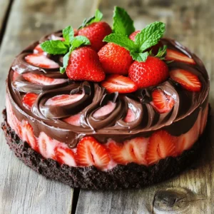 - 1 cup chocolate wafer cookies, crushed - 4 tablespoons unsalted butter, melted - 2 cups fresh strawberries, hulled and halved - 2 cups heavy cream - 1 cup powdered sugar - 1 teaspoon vanilla extract - 1/2 cup chocolate ganache - Optional: Fresh mint leaves for garnish To make the Frozen Chocolate Strawberry Cake, you need simple ingredients. First, gather chocolate wafer cookies. These make a crunchy crust. Next, you'll need unsalted butter to hold the cookies together. Fresh strawberries add a sweet and juicy touch. Heavy cream is essential for that rich filling. Powdered sugar gives it a sweet kick, while vanilla extract enhances the flavor. Lastly, chocolate ganache adds a decadent layer. If you want, add fresh mint leaves for a pop of color and flavor. I love using fresh strawberries in this recipe. They taste so much better than frozen ones. The chocolate and strawberry mix is a classic that never fails to impress. Remember, each ingredient plays a role in making this cake special. Be sure to check the Full Recipe for detailed amounts and steps. Enjoy the process and have fun in the kitchen! To start, combine the crushed chocolate wafer cookies and melted butter in a medium bowl. Mix them well until the cookies are fully coated. This mix will be your base. Next, press the mixture into the bottom of a 9-inch springform pan. A flat bottom of a glass works well for this. After you press it down evenly, place the pan in the freezer for about 15 minutes. This will help the crust firm up nicely. Now it’s time for the strawberry filling. First, take half of the strawberries and puree them in a blender until smooth. Chop the remaining strawberries into small pieces. Set these aside for mixing later. This mix will give your cake a burst of fresh strawberry flavor. For the whipped cream, start by whipping the heavy cream in a large mixing bowl. Whip it until it starts to thicken. Then, gradually add the powdered sugar and vanilla extract while you keep whipping. You want to achieve soft peaks. This means the cream should hold its shape but still be smooth and creamy. With all parts ready, it’s time to assemble the cake. Gently fold the strawberry puree and chopped strawberries into the whipped cream. Be careful not to over-mix; you want to keep that fluffy texture. Next, remove the crust from the freezer and pour the strawberry filling over it. Smooth the top with a spatula. Drizzle the chocolate ganache over the filling. Use a knife or skewer to swirl the ganache into the filling. This adds a marbled effect that looks great. After assembly, cover the cake with plastic wrap. Place it in the freezer for at least 4 hours, or overnight if you can wait. This time allows the cake to set properly and makes it easier to serve later. When you’re ready to serve, let the cake sit at room temperature for about 10 minutes. This helps soften it just enough for easy slicing. Carefully release the sides of the springform pan and remove the cake. When slicing, use a warm knife for clean cuts. Garnish with fresh mint leaves and extra halved strawberries for a lovely presentation. Enjoy this delightful treat! Don't forget to check out the Full Recipe for complete details. To get the right whipped cream, start with cold heavy cream. Whip it until you see soft peaks. This means the cream holds its shape but still has a nice, fluffy look. It's key not to over-whip. If you do, it can turn grainy and lose its lightness. When mixing in the strawberry puree, folding is best. This keeps the air in the whipped cream. Mixing can deflate it, making your cake heavy. Gently fold in the puree and chopped strawberries to keep that fluffy texture. For a beautiful finish, use fresh mint leaves. Place them on top of the cake in a way that looks natural. Just a few leaves can brighten the look. You can also try nuts or chocolate shavings. These add a nice crunch and extra flavor to each bite. Before serving, let the cake sit out for about ten minutes. This helps soften it slightly, making it easier to cut. Use a warm knife to slice through the frozen cake. This way, you get clean cuts without breaking the layers apart. Enjoy each slice and celebrate the flavors! {{image_2}} You can easily make this cake fit different diets. For a gluten-free crust, swap chocolate wafer cookies for gluten-free ones. Look for brands that use almond or rice flour. This change keeps the cake tasty without gluten. If you need a dairy-free option, try coconut cream instead of heavy cream. It whips up nicely and adds a hint of coconut flavor. For ganache, use dairy-free chocolate. Just melt it with a splash of coconut milk for a rich taste. This cake is not just for strawberries. You can use other fruits too. Raspberries add a tart punch, while blueberries bring a sweet note. Simply blend or chop them as you would the strawberries for a fun twist. For the ganache, experiment with different types of chocolate. Dark chocolate gives a deep flavor, while white chocolate adds sweetness. You can mix chocolates for a unique taste that suits your mood. Presentation can change how your cake looks and feels. Consider layering the cake in individual cups. This way, each guest gets their own portion, making it more personal and fun. Mini versions are great for parties. Use a muffin tin to create small cakes. They are perfect for single servings and easy to grab. Plus, they look cute on any dessert table. For the full recipe, check out the main section. To freeze the cake, wrap it tightly in plastic wrap. Make sure there are no air pockets. Then, place it in an airtight container or a heavy-duty freezer bag. This helps prevent freezer burn. The cake can stay frozen for up to three months. After that, it may lose flavor and texture. To thaw the cake safely, move it from the freezer to the fridge. Let it thaw overnight for the best results. If you are in a hurry, you can leave it at room temperature for about 30 minutes before serving. This way, the cake will soften without melting. If you have leftover cake, store it in the fridge. Cover it with plastic wrap or aluminum foil. The cake stays fresh for about three days this way. You can re-freeze if you have too much. But keep in mind that the texture may change when thawed again. Yes, you can make this cake a day ahead. It will taste even better after chilling overnight. The flavors blend nicely, and the texture firms up well. Just remember to cover it tightly with plastic wrap. This keeps it fresh and prevents ice crystals from forming. For leftover cake, wrap it well in plastic wrap or foil. Store it in the freezer if you won’t eat it soon. If you keep it in the fridge, enjoy it within two days. This helps maintain the taste and texture. You can use frozen strawberries, but the taste and texture will change slightly. Fresh strawberries have a brighter flavor and a firmer texture. Frozen strawberries may be mushier and less flavorful. If you must use frozen ones, thaw and drain them first to remove extra water. To cut a frozen cake, use a warm knife. Run the knife under hot water first, then dry it off. This helps make cleaner cuts. Slice quickly to avoid melting the cake. You can also let it sit for a few minutes at room temperature for easier cutting. This blog post covered how to create a delicious strawberry cake with easy steps. You learned about the ingredients, from the crust to the filling and cream. I shared tips for the best texture and presentation. You can even try different flavors or dietary swaps. In the end, this cake is fun to make and share. You’ll impress family and friends with your skills. Enjoy your tasty treat!
