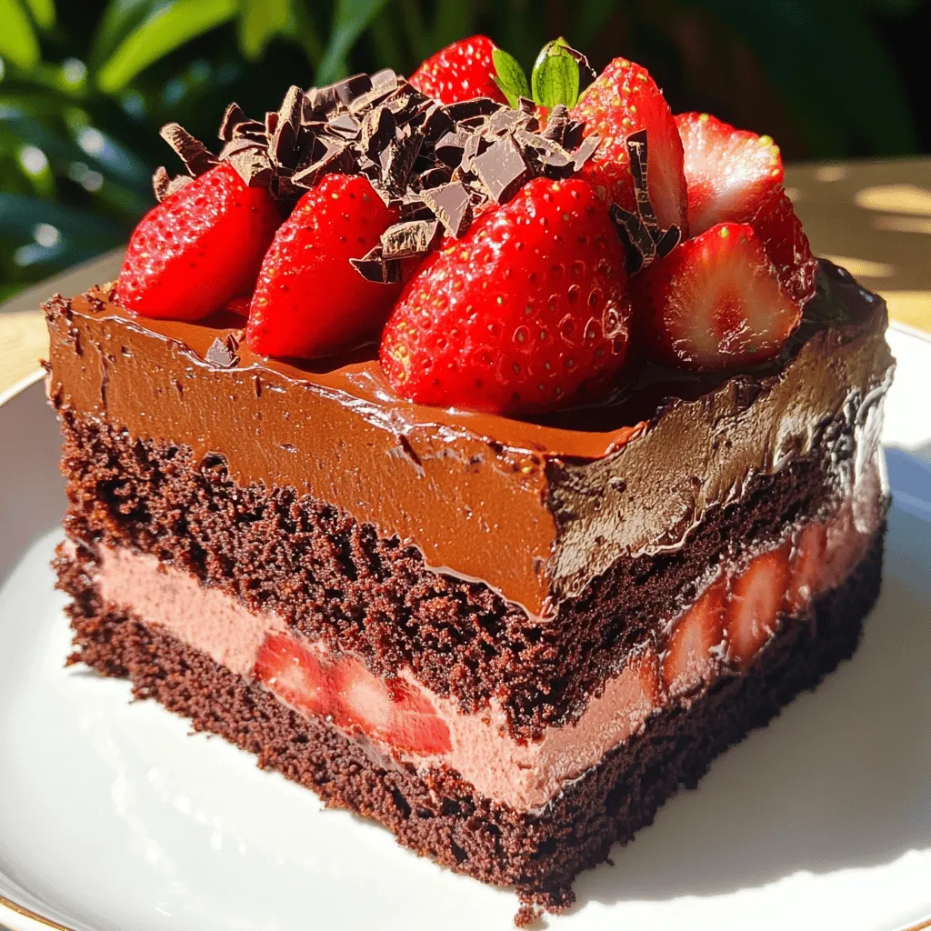 - 1 ¾ cups all-purpose flour - 1 ½ cups granulated sugar - ¾ cup unsweetened cocoa powder - 1 ½ teaspoons baking powder - 1 ½ teaspoons baking soda - 1 teaspoon salt - 2 large eggs - 1 cup whole milk - ½ cup vegetable oil - 2 teaspoons vanilla extract - 1 cup boiling water - 2 cups fresh strawberries, hulled and sliced - ½ cup powdered sugar - 1 tablespoon lemon juice - 1 cup heavy whipping cream - 1 teaspoon vanilla extract - 1 tablespoon gelatin powder - 3 tablespoons cold water When you gather these ingredients, you set the stage for a delicious treat. Each element plays its part. The all-purpose flour gives structure. The cocoa powder adds rich flavor. Eggs help bind everything together, while the boiling water makes the cake extra fluffy. For the strawberry mousse, fresh strawberries bring a bright taste. The powdered sugar sweetens, while lemon juice balances flavors. Heavy cream makes it light and airy. Gelatin helps the mousse hold its shape. You can find the full recipe for the Fluffy Chocolate Cake with Strawberry Mousse on your favorite food sites. Just remember, quality ingredients lead to tasty results. Enjoy the process of making this dessert. It’s rewarding and fun! - Preheat your oven to 350°F (175°C) and prepare two 9-inch round cake pans by greasing and flouring them. - In a large bowl, mix these dry ingredients: 1 ¾ cups all-purpose flour, 1 ½ cups granulated sugar, ¾ cup cocoa powder, 1 ½ teaspoons baking powder, 1 ½ teaspoons baking soda, and 1 teaspoon salt. - Next, add 2 large eggs, 1 cup whole milk, ½ cup vegetable oil, and 2 teaspoons vanilla extract. Mix until the batter is smooth. - Carefully stir in 1 cup of boiling water. The batter will be thin, which is normal. - Divide the batter evenly between the two prepared pans. Bake for 30-35 minutes. Check with a toothpick; it should come out clean. - Allow the cakes to cool in the pans for 10 minutes, then transfer them to a wire rack to cool completely. - In a blender, combine 2 cups of hulled and sliced strawberries, ½ cup powdered sugar, and 1 tablespoon lemon juice. Blend until smooth. - In a small bowl, sprinkle 1 tablespoon of gelatin over 3 tablespoons of cold water. Let it bloom for about 5 minutes. - Gently heat the gelatin mixture until it dissolves. Do not let it boil. - In a mixing bowl, whip 1 cup of heavy cream until soft peaks form. Add 1 teaspoon vanilla extract and continue whipping until stiff peaks form. - Fold the strawberry puree into the whipped cream gently. Pour in the dissolved gelatin and fold until just combined. - Once your chocolate cakes are completely cool, place one layer on a serving plate. - Spread half of the strawberry mousse evenly on top of this layer. - Place the second chocolate cake layer on top. Add the remaining strawberry mousse on top or around the sides as desired. This Fluffy Chocolate Cake with Strawberry Mousse is now ready to chill and serve! Enjoy this sweet treat with family and friends. If you're looking for more details, check out the Full Recipe. To make your chocolate cake fluffy, focus on mixing. Start by creaming the sugar and eggs well. This helps add air. When you mix in the dry ingredients, do not overmix. Just stir until combined. Using boiling water is key. It helps the cocoa powder bloom, releasing rich flavor. When you add the water, your batter will look thin. Don't worry; this is normal. Whipping cream is all about timing. Start with cold cream and whip until soft peaks form. Then, add vanilla extract for flavor. Continue whipping until stiff peaks appear. Folding is an art. When you mix the strawberry puree into the whipped cream, use a gentle motion. Scoop from the bottom and fold over the top. This keeps the mousse light and airy. For the gelatin, sprinkle it over cold water first. Let it sit for a few minutes to bloom. Then, gently heat until it dissolves. Add the gelatin last, folding carefully into the mousse. These tips ensure your Fluffy Chocolate Cake with Strawberry Mousse is a delight to eat. {{image_2}} You can change the flavor of the mousse easily. One fun option is to make chocolate mousse instead of strawberry. Just swap the strawberries for melted chocolate. Mix it in with the whipped cream for a rich treat. You can also use other fruits for the mousse. Raspberries and blueberries work great. Just replace the strawberries with your chosen fruit. Their bright colors and fresh tastes will bring joy to your cake. If you need a gluten-free cake, use gluten-free flour instead of all-purpose flour. Many brands work well and taste great. Just check the package for the right amount to use. For a dairy-free mousse, you can use coconut cream. Chill a can of coconut milk overnight. Scoop the solid part out and whip it like heavy cream. This gives a light and tasty mousse without dairy. To keep your fluffy chocolate cake with strawberry mousse fresh, store it in the fridge. Place the cake in an airtight container. If you don't have one, cover it tightly with plastic wrap. This helps keep the cake moist and tasty. For individual slices, wrap each slice in plastic wrap. Then, store them in a container. This method keeps each slice fresh without drying out. You can enjoy your leftovers for up to three days! Can the cake be frozen? Yes, you can freeze the cake, but it’s best to freeze it before adding the mousse. Wrap each layer tightly in plastic wrap. Then, place them in a freezer bag or container. The cake can last up to three months in the freezer. When you're ready to enjoy it, take the cake out and thaw it in the fridge overnight. For best results, frost the cake with strawberry mousse after thawing. This keeps the mousse light and fluffy. Make sure to follow these tips to enjoy your fluffy chocolate cake with strawberry mousse at its best! The Fluffy Chocolate Cake with Strawberry Mousse stays fresh for about 3 to 4 days in the fridge. Store it in an airtight container. This helps keep the cake moist and the mousse creamy. After a few days, the texture may change, but it still tastes great! Yes, you can make the cake ahead. Bake the chocolate cake a day or two before serving. Just let it cool completely. Wrap the layers tightly in plastic wrap. You can also prepare the strawberry mousse in advance. Just store it in the fridge until you assemble the cake. This makes your day of serving much easier! If you need a gelatin substitute, you can use agar-agar. It is a plant-based thickener. Use 1 tablespoon of agar-agar for each tablespoon of gelatin. Dissolve it in hot liquid, just like gelatin. This way, your mousse remains light and fluffy without any animal products. You've learned how to make a delicious Chocolate Cake with Strawberry Mousse. We covered key ingredients for both the cake and mousse. I shared step-by-step instructions to guide your baking process. Plus, I offered practical tips to achieve the best texture and flavor. You also discovered fun variations and storage methods for your treats. Enjoy experimenting with these recipes, and impress your friends and family with your skills!