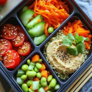To make a healthy bento lunch, you need fresh and vibrant ingredients. Here’s what you will use: - 1 cup cooked quinoa - 1/2 cup cherry tomatoes, halved - 1/2 cup cucumber, diced - 1/2 cup shredded carrots - 1/4 cup edamame, shelled - 1/4 cup bell pepper, diced (any color) - 1/4 cup hummus - 2 tablespoons sesame seeds - 2 tablespoons soy sauce (low sodium) - 1 tablespoon olive oil - Salt and pepper to taste - Fresh cilantro or parsley for garnish Each ingredient brings unique health benefits to your bento box: - Quinoa is a great source of protein and fiber. It helps keep you full. - Cherry tomatoes are rich in antioxidants. They help reduce inflammation. - Cucumber is hydrating and low in calories. It adds crunch and freshness. - Shredded carrots are high in vitamin A. They are great for your eyes. - Edamame is packed with protein and healthy fats. It fuels your body. - Bell peppers are full of vitamin C. They boost your immune system. - Hummus provides healthy fats and protein. It makes the meal creamy. - Sesame seeds add crunch and are rich in calcium. They support bone health. - Soy sauce adds flavor with less sodium than regular sauces. - Olive oil is a healthy fat that supports heart health. It enhances flavor. - Fresh herbs like cilantro or parsley add vitamins and a burst of flavor. You can customize your bento lunch with extra ingredients. Here are some tasty options: - Avocado slices for healthy fats. - Roasted sweet potatoes for added sweetness and vitamins. - Hard-boiled eggs for extra protein. - Nuts or seeds for crunch and healthy fats. - Sliced fruit, like apples or berries, for a sweet touch. Feel free to mix and match based on your taste and what you have on hand. Enjoy creating your own version of the colorful quinoa bento box! For the full recipe, check the earlier section. To start, gather all your ingredients. Use fresh, colorful items for a tasty salad. In a large mixing bowl, add 1 cup of cooked quinoa. Next, toss in 1/2 cup of halved cherry tomatoes. Add 1/2 cup of diced cucumber and 1/2 cup of shredded carrots. Then, include 1/4 cup of shelled edamame and 1/4 cup of diced bell pepper. Drizzle 1 tablespoon of olive oil and 2 tablespoons of low sodium soy sauce on top. Season with salt and pepper. Mix gently to combine everything. Your salad should look vibrant and inviting. When packing your bento box, think about how it looks. Start by placing your quinoa salad on one side. Use the largest section for this. On the other side, add a generous dollop of hummus for dipping. This adds flavor and fun. For extra crunch, sprinkle 2 tablespoons of sesame seeds over the salad. Finally, garnish with fresh cilantro or parsley. This gives a pop of color. Close your bento box and store it in the fridge until it's time to eat. Assembling your meal is quick and easy. First, prepare your quinoa salad as mentioned. Next, take your bento box and place the salad in one compartment. Add the hummus on the opposite side. Make sure to pack it tightly, so it stays fresh. Sprinkle the sesame seeds evenly over the meal. Finally, add your garnish. You can use fresh herbs or even edible flowers for extra flair. Your bento box is now ready to go. Enjoy your colorful and nutritious lunch! To keep your bento lunch fresh, choose the right container. Use a tight-sealing bento box. This helps keep air out and your food fresh. Include ice packs if your lunch has items that spoil easily. For example, yogurt or dips need cool temperatures. Cut fruits and veggies just before packing. This prevents them from browning. Store items separately when possible. For example, keep hummus away from veggies until lunch. Make sure to include different food groups. Aim for proteins, grains, and veggies. For example, in the Colorful Quinoa Bento Box, quinoa offers whole grains, while edamame provides protein. Add healthy fats, like olive oil or seeds. These help you feel full. Include colorful vegetables for vitamins and minerals. A mix of colors means a mix of nutrients. Garnishing makes your lunch look fun and tasty. Use fresh herbs like cilantro or parsley. They add color and flavor. You can also add sesame seeds on top for crunch. Try cutting fruits into fun shapes. Use cookie cutters to make stars or hearts. This makes your lunch more exciting. Arrange items in sections to create a rainbow effect. This not only looks good but also makes eating more enjoyable. For more inspiration, check the Full Recipe for ideas on how to garnish your bento box. {{image_2}} Kids love colorful food. A fun bento can make lunchtime exciting. Try using star-shaped cutters for fruits and veggies. Pack small portions of their favorite foods. Think about mini sandwiches or wraps. You can use whole-grain bread and add thin slices of turkey or cheese. Include sweet treats like grapes or apple slices. A small container of yogurt adds creaminess. Kids will enjoy dipping veggies in hummus. This makes healthy eating fun! For a vegetarian bento, swap out chicken for grilled veggies. Roasted bell peppers or zucchini are great choices. You can also add more beans or lentils for protein. For a vegan option, skip the eggs and replace them with tofu. Marinated tofu adds flavor and texture. Use a mix of grains, like brown rice or farro, in your bento. This gives you a hearty base. Pack a variety of colorful veggies to keep it exciting. Adding protein is key for a balanced bento. Cooked chicken is easy to add. Simply slice it and place it in the box. Tofu is another great choice. You can cube and sauté it with spices. Eggs can be hard-boiled and cut in half. This adds richness to your meal. Protein keeps you full and energized throughout the day. Mixing different proteins can also add variety to your bento. For a mix, try my Colorful Quinoa Bento Box. It’s a great start for your healthy lunch. To keep your bento box fresh, use airtight containers. This helps prevent spills and keeps flavors intact. Always cool your food to room temperature before sealing. This way, moisture does not build up inside. If you use sauces, pack them separately to avoid soggy ingredients. Keep your bento box in the fridge until it's time to eat. When reheating leftovers, use a microwave-safe dish. Place your bento food in a single layer for even heating. Cover it loosely with a damp paper towel. This keeps your food from drying out. Heat in short bursts, checking often. Stir or rearrange the food for even warmth. If you have hummus or fresh veggies, add them after heating. Bento lunches stay good in the fridge for about three days. After that, flavors may fade and safety can be a concern. Always check for signs of spoilage, like changes in smell or color. If you want to keep it longer, consider freezing the quinoa salad. Just remember to thaw it in the fridge overnight before eating. For the full recipe, check out the Colorful Quinoa Bento Box. Bento lunches offer many good points. They are healthy, balanced, and fun. You can mix different foods, which keeps things interesting. Bento boxes help with portion control. This means you eat just the right amount. They also encourage you to try new flavors. Plus, they are easy to pack and take to work or school. Making your bento box look nice is key. Start by using colorful ingredients. Use red cherry tomatoes, green cucumbers, and orange carrots. Arrange the food in sections. Keep similar colors together or create a rainbow effect. Adding garnishes like herbs can brighten up the look. You can also use small cups for dips, like hummus. These tips help make your bento box pop! Yes, you can prepare bento boxes ahead of time. This saves you time during busy days. Make your bento boxes the night before and store them in the fridge. Just keep wet ingredients, like dressings, separate until you eat. This way, your food stays fresh and tasty. - Where can I find more healthy bento lunch recipes? You can find many healthy bento recipes online. Food blogs and cooking sites often share great ideas. Pinterest is another good place to look. You can also check my Full Recipe for a delicious option. - What are some common mistakes to avoid when making a bento box? Avoid overpacking your bento box. Too much food can lead to spills. Make sure to balance flavors and textures. Don't forget to include a protein source. Lastly, skip soggy ingredients. They can ruin your meal. Keeping these tips in mind helps you create the perfect bento! In this blog post, we explored essential ingredients that make a healthy bento lunch. We discussed the nutritional benefits of each ingredient and offered optional add-ons. You learned step-by-step instructions for preparing a colorful quinoa salad and tips to pack it well. We also shared how to keep your food fresh and balanced. Lastly, we covered storage tips and answered common questions. Creating your own bento box can be fun and healthy. Enjoy making meals that look great and taste even better.