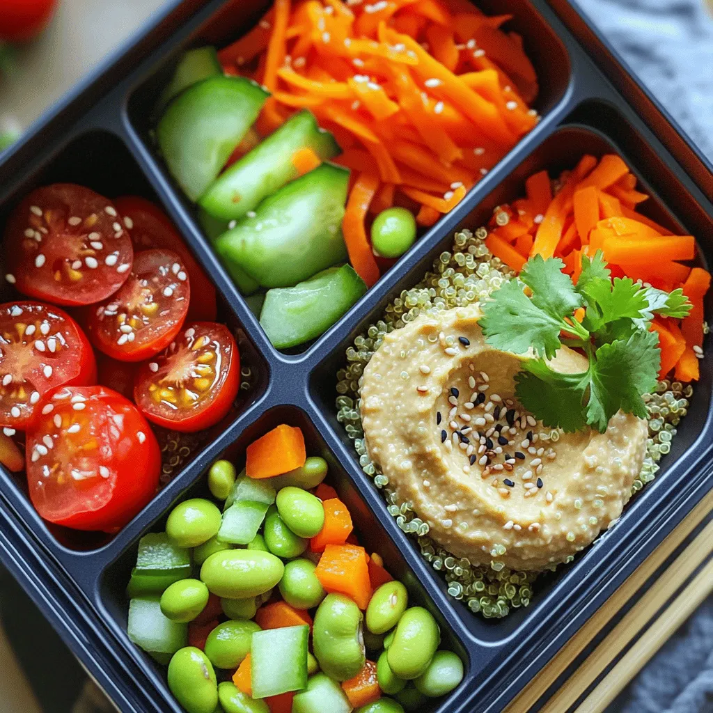 To make a healthy bento lunch, you need fresh and vibrant ingredients. Here’s what you will use: - 1 cup cooked quinoa - 1/2 cup cherry tomatoes, halved - 1/2 cup cucumber, diced - 1/2 cup shredded carrots - 1/4 cup edamame, shelled - 1/4 cup bell pepper, diced (any color) - 1/4 cup hummus - 2 tablespoons sesame seeds - 2 tablespoons soy sauce (low sodium) - 1 tablespoon olive oil - Salt and pepper to taste - Fresh cilantro or parsley for garnish Each ingredient brings unique health benefits to your bento box: - Quinoa is a great source of protein and fiber. It helps keep you full. - Cherry tomatoes are rich in antioxidants. They help reduce inflammation. - Cucumber is hydrating and low in calories. It adds crunch and freshness. - Shredded carrots are high in vitamin A. They are great for your eyes. - Edamame is packed with protein and healthy fats. It fuels your body. - Bell peppers are full of vitamin C. They boost your immune system. - Hummus provides healthy fats and protein. It makes the meal creamy. - Sesame seeds add crunch and are rich in calcium. They support bone health. - Soy sauce adds flavor with less sodium than regular sauces. - Olive oil is a healthy fat that supports heart health. It enhances flavor. - Fresh herbs like cilantro or parsley add vitamins and a burst of flavor. You can customize your bento lunch with extra ingredients. Here are some tasty options: - Avocado slices for healthy fats. - Roasted sweet potatoes for added sweetness and vitamins. - Hard-boiled eggs for extra protein. - Nuts or seeds for crunch and healthy fats. - Sliced fruit, like apples or berries, for a sweet touch. Feel free to mix and match based on your taste and what you have on hand. Enjoy creating your own version of the colorful quinoa bento box! For the full recipe, check the earlier section. To start, gather all your ingredients. Use fresh, colorful items for a tasty salad. In a large mixing bowl, add 1 cup of cooked quinoa. Next, toss in 1/2 cup of halved cherry tomatoes. Add 1/2 cup of diced cucumber and 1/2 cup of shredded carrots. Then, include 1/4 cup of shelled edamame and 1/4 cup of diced bell pepper. Drizzle 1 tablespoon of olive oil and 2 tablespoons of low sodium soy sauce on top. Season with salt and pepper. Mix gently to combine everything. Your salad should look vibrant and inviting. When packing your bento box, think about how it looks. Start by placing your quinoa salad on one side. Use the largest section for this. On the other side, add a generous dollop of hummus for dipping. This adds flavor and fun. For extra crunch, sprinkle 2 tablespoons of sesame seeds over the salad. Finally, garnish with fresh cilantro or parsley. This gives a pop of color. Close your bento box and store it in the fridge until it's time to eat. Assembling your meal is quick and easy. First, prepare your quinoa salad as mentioned. Next, take your bento box and place the salad in one compartment. Add the hummus on the opposite side. Make sure to pack it tightly, so it stays fresh. Sprinkle the sesame seeds evenly over the meal. Finally, add your garnish. You can use fresh herbs or even edible flowers for extra flair. Your bento box is now ready to go. Enjoy your colorful and nutritious lunch! To keep your bento lunch fresh, choose the right container. Use a tight-sealing bento box. This helps keep air out and your food fresh. Include ice packs if your lunch has items that spoil easily. For example, yogurt or dips need cool temperatures. Cut fruits and veggies just before packing. This prevents them from browning. Store items separately when possible. For example, keep hummus away from veggies until lunch. Make sure to include different food groups. Aim for proteins, grains, and veggies. For example, in the Colorful Quinoa Bento Box, quinoa offers whole grains, while edamame provides protein. Add healthy fats, like olive oil or seeds. These help you feel full. Include colorful vegetables for vitamins and minerals. A mix of colors means a mix of nutrients. Garnishing makes your lunch look fun and tasty. Use fresh herbs like cilantro or parsley. They add color and flavor. You can also add sesame seeds on top for crunch. Try cutting fruits into fun shapes. Use cookie cutters to make stars or hearts. This makes your lunch more exciting. Arrange items in sections to create a rainbow effect. This not only looks good but also makes eating more enjoyable. For more inspiration, check the Full Recipe for ideas on how to garnish your bento box. {{image_2}} Kids love colorful food. A fun bento can make lunchtime exciting. Try using star-shaped cutters for fruits and veggies. Pack small portions of their favorite foods. Think about mini sandwiches or wraps. You can use whole-grain bread and add thin slices of turkey or cheese. Include sweet treats like grapes or apple slices. A small container of yogurt adds creaminess. Kids will enjoy dipping veggies in hummus. This makes healthy eating fun! For a vegetarian bento, swap out chicken for grilled veggies. Roasted bell peppers or zucchini are great choices. You can also add more beans or lentils for protein. For a vegan option, skip the eggs and replace them with tofu. Marinated tofu adds flavor and texture. Use a mix of grains, like brown rice or farro, in your bento. This gives you a hearty base. Pack a variety of colorful veggies to keep it exciting. Adding protein is key for a balanced bento. Cooked chicken is easy to add. Simply slice it and place it in the box. Tofu is another great choice. You can cube and sauté it with spices. Eggs can be hard-boiled and cut in half. This adds richness to your meal. Protein keeps you full and energized throughout the day. Mixing different proteins can also add variety to your bento. For a mix, try my Colorful Quinoa Bento Box. It’s a great start for your healthy lunch. To keep your bento box fresh, use airtight containers. This helps prevent spills and keeps flavors intact. Always cool your food to room temperature before sealing. This way, moisture does not build up inside. If you use sauces, pack them separately to avoid soggy ingredients. Keep your bento box in the fridge until it's time to eat. When reheating leftovers, use a microwave-safe dish. Place your bento food in a single layer for even heating. Cover it loosely with a damp paper towel. This keeps your food from drying out. Heat in short bursts, checking often. Stir or rearrange the food for even warmth. If you have hummus or fresh veggies, add them after heating. Bento lunches stay good in the fridge for about three days. After that, flavors may fade and safety can be a concern. Always check for signs of spoilage, like changes in smell or color. If you want to keep it longer, consider freezing the quinoa salad. Just remember to thaw it in the fridge overnight before eating. For the full recipe, check out the Colorful Quinoa Bento Box. Bento lunches offer many good points. They are healthy, balanced, and fun. You can mix different foods, which keeps things interesting. Bento boxes help with portion control. This means you eat just the right amount. They also encourage you to try new flavors. Plus, they are easy to pack and take to work or school. Making your bento box look nice is key. Start by using colorful ingredients. Use red cherry tomatoes, green cucumbers, and orange carrots. Arrange the food in sections. Keep similar colors together or create a rainbow effect. Adding garnishes like herbs can brighten up the look. You can also use small cups for dips, like hummus. These tips help make your bento box pop! Yes, you can prepare bento boxes ahead of time. This saves you time during busy days. Make your bento boxes the night before and store them in the fridge. Just keep wet ingredients, like dressings, separate until you eat. This way, your food stays fresh and tasty. - Where can I find more healthy bento lunch recipes? You can find many healthy bento recipes online. Food blogs and cooking sites often share great ideas. Pinterest is another good place to look. You can also check my Full Recipe for a delicious option. - What are some common mistakes to avoid when making a bento box? Avoid overpacking your bento box. Too much food can lead to spills. Make sure to balance flavors and textures. Don't forget to include a protein source. Lastly, skip soggy ingredients. They can ruin your meal. Keeping these tips in mind helps you create the perfect bento! In this blog post, we explored essential ingredients that make a healthy bento lunch. We discussed the nutritional benefits of each ingredient and offered optional add-ons. You learned step-by-step instructions for preparing a colorful quinoa salad and tips to pack it well. We also shared how to keep your food fresh and balanced. Lastly, we covered storage tips and answered common questions. Creating your own bento box can be fun and healthy. Enjoy making meals that look great and taste even better.