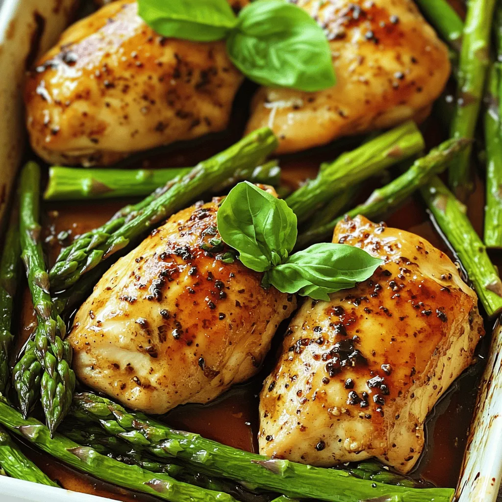 Gather these items for your One Pan Balsamic Chicken and Asparagus: - 4 boneless, skinless chicken breasts - 1 bunch of fresh asparagus, trimmed - 1/4 cup balsamic vinegar - 2 tablespoons honey - 2 tablespoons olive oil - 4 cloves garlic, minced - 1 teaspoon dried oregano - Salt and pepper to taste - Fresh basil leaves for garnish (optional) Using fresh ingredients is key in this dish. Fresh chicken makes it juicy and tender. Fresh asparagus adds a nice crunch and bright color. The balsamic vinegar should smell strong and sweet. Fresh garlic gives a bold, rich flavor. Each fresh item enhances the meal's taste and appeal. You can swap some ingredients if needed. Try chicken thighs instead of breasts for more flavor. If you can't find fresh asparagus, use green beans or broccoli. Maple syrup can replace honey for a different sweetness. For a vegan option, use tofu and a plant-based honey substitute. Feel free to mix and match! Start by making the marinade. In a bowl, mix the balsamic vinegar, honey, olive oil, minced garlic, dried oregano, salt, and pepper. Whisk it all together until it blends well. This marinade gives the chicken a rich, tangy flavor. You can taste it to see if it needs more salt or sweetness. Now, you need to marinate the chicken. Place the chicken breasts in a large baking dish. Pour the marinade over the chicken, making sure each piece gets coated. This step is key for flavor! Let it sit for at least 15 minutes. If you have more time, you can marinate it longer in the fridge for even more taste. When you're ready, preheat your oven to 400°F (200°C). While the oven heats, arrange the trimmed asparagus around the chicken in the same dish. Drizzle any leftover marinade over the asparagus. Bake everything for 20-25 minutes. Check that the chicken reaches an internal temperature of 165°F (75°C). The asparagus should be tender yet still bright. Once done, let it rest for 5 minutes, then serve warm. Enjoy your One Pan Balsamic Chicken and Asparagus! For complete details, refer to the Full Recipe. To keep your chicken juicy, start with fresh, high-quality chicken breasts. Marinate them well in the balsamic mixture. This adds flavor and moisture. Bake the chicken at 400°F (200°C) for 20 to 25 minutes. Use a meat thermometer to check for 165°F (75°C) inside. Let the chicken rest for five minutes after baking. This helps the juices redistribute, making it tender. For perfect asparagus, choose firm, bright green stalks. Trim the ends to remove the tough parts. When you bake it, place it around the chicken, so it cooks evenly. It should be tender but still crisp. Avoid overcooking, or it will become mushy. You want that nice snap when you bite into it. Serve the chicken and asparagus right from the pan for a rustic look. A sprinkle of fresh basil adds color and flavor. Pair this dish with rice or crusty bread to soak up the sauce. You can also serve it with a light salad for a complete meal. This recipe is great for family dinners or easy weeknight meals. Enjoy the vibrant flavors and simple prep! For more details, check out the Full Recipe. {{image_2}} You can add more veggies to this dish. Carrots, bell peppers, or zucchini work well. Just chop them into bite-sized pieces. Add them to the baking dish with the chicken and asparagus. This makes your meal colorful and packed with nutrients. You can also try adding cherry tomatoes for a burst of flavor. If you want to switch proteins, try using salmon or shrimp. Both cook quickly and absorb the balsamic flavor. If using salmon, adjust the cooking time to about 15-20 minutes. For shrimp, just 10-12 minutes is enough. You can also use tofu for a vegetarian option. Make sure to press it to remove extra water before marinating. To boost the flavor, think about adding fresh herbs. Thyme or rosemary can bring a nice touch. You can also sprinkle some red pepper flakes for heat. For a sweet twist, add sliced strawberries or peaches during baking. These fruits caramelize and add a lovely flavor contrast. Check the [Full Recipe] for more tips on making this dish your own. Store any leftover balsamic chicken and asparagus in an airtight container. Allow the dish to cool to room temperature first. This helps keep the flavors fresh. You can store it in the fridge for up to three days. Be sure to keep the chicken and asparagus together for the best taste. When it's time to eat your leftovers, reheat them in the oven. Preheat your oven to 350°F (175°C). Place the chicken and asparagus in an oven-safe dish. Cover with foil to keep moisture in. Heat for about 15-20 minutes or until warmed through. You can also use a microwave if you're in a hurry. Just cover the dish to prevent drying out. If you want to save your dish for later, freezing is a good option. First, let the chicken and asparagus cool completely. Then, place them in a freezer-safe bag or container. Squeeze out as much air as possible to avoid freezer burn. You can freeze it for up to three months. When ready to eat, thaw in the fridge overnight and reheat as mentioned above. For the detailed cooking process, check out the Full Recipe. Yes, you can use other types of vinegar. Red wine vinegar or apple cider vinegar work well. Each option brings its own taste. Experiment with what you have at home for a unique flavor. The chicken is done when it reaches an internal temperature of 165°F (75°C). You can check this with a meat thermometer. The juices should run clear, not pink. Cut into the thickest part to be sure. Yes, you can prep this dish a day in advance. Marinate the chicken and store it in the fridge. Cook the chicken and asparagus right before serving. This keeps them fresh and tasty. For the full recipe, check the earlier sections. This post shared a simple chicken recipe with fresh ingredients. We covered how to prepare, marinate, and bake the dish. I offered tips for juicy chicken and perfect asparagus. We looked at variations, storage tips, and answered common questions. Cooking at home can be fun and rewarding. Use these steps to create a tasty meal. Fresh ingredients make a big difference! Enjoy trying new flavors and techniques. Your kitchen can be a place of joy and creativity.