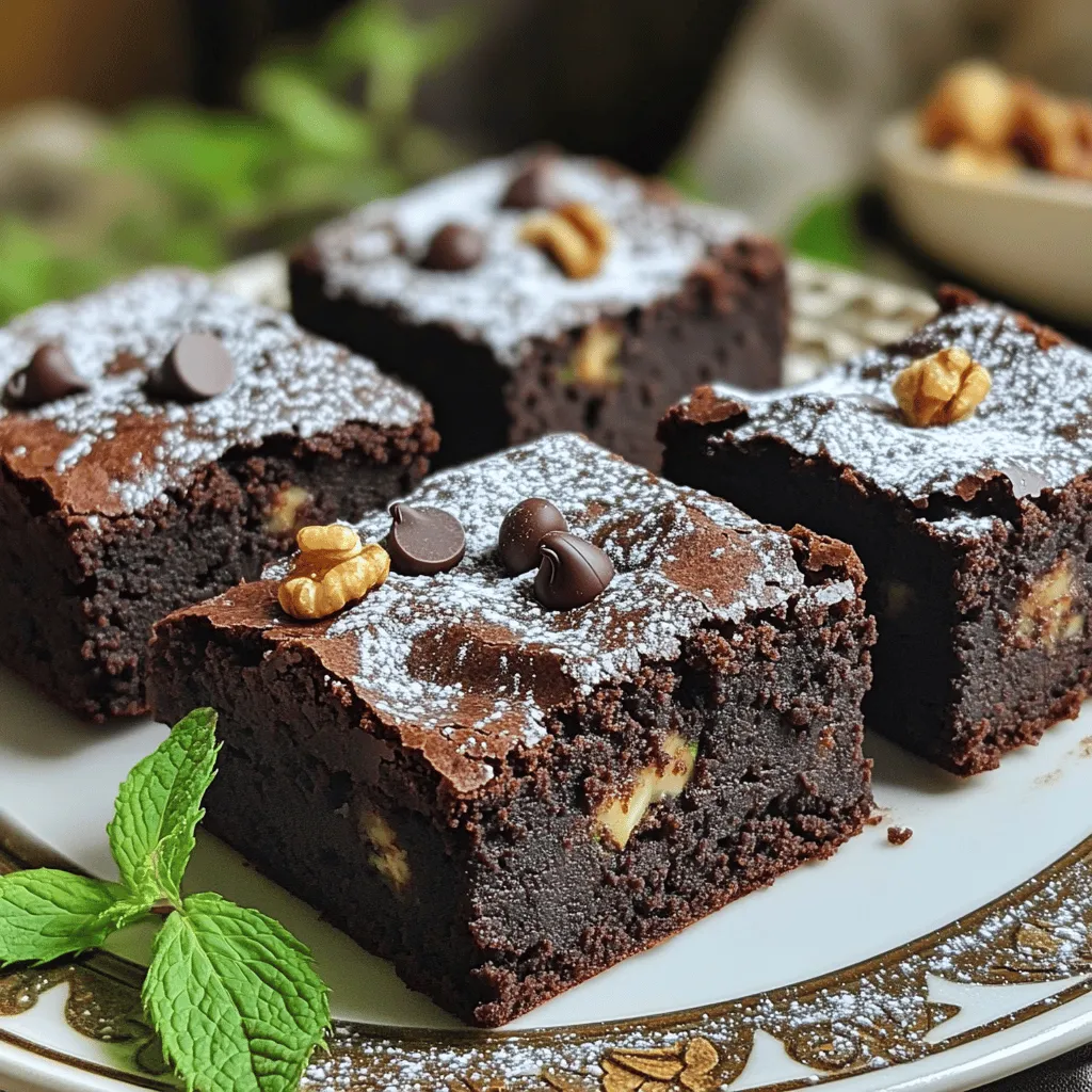 To make these tasty zucchini brownies, you will need the following ingredients: - 2 cups grated zucchini (about 2 medium zucchinis) - 1 cup all-purpose flour - 1/2 cup unsweetened cocoa powder - 1 cup granulated sugar - 1/2 cup brown sugar, packed - 1/2 cup vegetable oil - 2 large eggs - 1 teaspoon vanilla extract - 1/2 teaspoon baking powder - 1/2 teaspoon baking soda - 1/4 teaspoon salt - 1/2 cup semi-sweet chocolate chips (plus extra for topping) - 1/2 cup chopped walnuts (optional) Use a food scale for accuracy. Zucchini can hold water, so press it lightly in a towel to remove excess moisture. This step helps your brownies bake evenly. Ensure your eggs are at room temperature for easier mixing. When measuring flour, spoon it into the cup and level it with a knife. This keeps your brownies from being too dry. Zucchini adds moisture and nutrition. It brings fiber, vitamins, and minerals to your dessert. Each brownie contains less fat than typical recipes. This makes them a healthier choice. Zucchini is low in calories, which helps balance the sugars. Plus, it keeps the brownies soft and fudgy. So, you enjoy a tasty treat without guilt. Start by preheating your oven to 350°F (175°C). This step warms the oven for even baking. Next, take an 8x8-inch baking pan. Grease it lightly and line it with parchment paper. Leave some paper hanging over the edges for easy removal later. In a large bowl, combine the granulated sugar, brown sugar, and vegetable oil. Whisk them together well until they mix smoothly. Then, crack in two large eggs and add one teaspoon of vanilla extract. Whisk again until the mixture is smooth and creamy. In a separate bowl, sift together the dry ingredients. This includes one cup of all-purpose flour, half a cup of cocoa powder, half a teaspoon of baking powder, half a teaspoon of baking soda, and a quarter teaspoon of salt. Sifting helps remove lumps and makes mixing easier. Now, gradually add the dry mix to the wet mixture. Stir gently until just combined. Do not overmix; this keeps the brownies soft. Finally, fold in two cups of grated zucchini and half a cup of semi-sweet chocolate chips. Optionally, add half a cup of chopped walnuts if you like a little crunch. Pour the brownie batter into your prepared baking pan. Use a spatula to spread it evenly. If you want, sprinkle extra chocolate chips on top for a rich finish. Bake the brownies in your preheated oven for 25 to 30 minutes. To check if they're done, insert a toothpick in the center. It should come out with a few moist crumbs, not wet batter. This means they're perfectly baked. Once baked, let the brownies cool in the pan for about 10 minutes. Use the parchment paper to lift them out carefully. Place them on a wire rack to cool completely. This prevents sogginess and helps them set properly. When ready to serve, cut the brownies into squares. For a nice touch, dust them with powdered sugar and add fresh mint leaves on top. Enjoy your healthy treat! For the full recipe, you can refer back to the ingredients list. When making zucchini brownies, some mistakes can spoil the fun. Here are a few to watch out for: - Using too much zucchini: Stick to the 2 cups of grated zucchini. Too much moisture can make your brownies soggy. - Skipping the sifting: Sift your dry ingredients. This step helps mix them well and prevents lumps. - Overmixing the batter: Mix just until combined. Overmixing can make brownies tough instead of soft. - Not greasing the pan: Always grease your pan, or your brownies may stick and break apart. Texture is key for delicious brownies. Here are some tips: - Choose the right flour: All-purpose flour works best here. It gives the perfect chewy texture. - Check baking time: Bake until a toothpick comes out with a few moist crumbs. This ensures a fudgy center. - Let them cool: Allow the brownies to cool completely before cutting. This helps them firm up and hold their shape. - Use room temperature eggs: Room temperature eggs mix better, helping your brownies rise nicely. Want to take your zucchini brownies to the next level? Here are some fun ideas: - Add nuts: Chopped walnuts or pecans give a nice crunch and added flavor. - Spices: A dash of cinnamon or nutmeg can enhance the taste. Start with 1/2 teaspoon. - Chocolate chunks: Swap chocolate chips for chunks. They melt beautifully and create gooey pockets. - Dried fruit: Consider adding raisins or dried cherries for a fruity twist. Just use 1/2 cup. These tips and tricks will help you make the best zucchini brownies ever. For the complete cooking process, check the Full Recipe to get baking! {{image_2}} You can easily make gluten-free zucchini brownies. Just swap the all-purpose flour for a gluten-free blend. Look for a mix that includes xanthan gum for the best texture. The zucchini keeps these brownies moist. This makes them a great choice for those avoiding gluten. To make vegan zucchini brownies, replace the eggs with flax eggs. Mix one tablespoon of flaxseed meal with three tablespoons of water. Let it sit for a few minutes to thicken. Use a plant-based oil instead of vegetable oil. Choose dairy-free chocolate chips for a fully vegan treat. You can play with flavors in your zucchini brownies. For a minty twist, add a teaspoon of mint extract. This gives a refreshing taste. If you love peanut butter, swirl in some creamy peanut butter before baking. You can also add nuts, like almonds or pecans, for extra crunch. All these variations keep the brownies delicious while adding your personal touch. For the full recipe, check out the details above. To keep your zucchini brownies fresh, store them in an airtight container. This helps maintain their moist texture. Place a piece of parchment paper between layers if you stack them. This prevents sticking. You can keep them at room temperature for up to three days. If you want to keep them longer, refrigeration works well too. Just note that chilled brownies may lose some of their softness. Freezing is a great option for long-term storage. First, let the brownies cool completely. Then, cut them into squares. Wrap each square in plastic wrap. After that, place the wrapped brownies in a freezer-safe bag. Be sure to remove as much air as possible. Label the bag with the date. You can freeze them for up to three months. When you’re ready to enjoy them, just thaw them in the fridge overnight. To reheat your brownies, use the oven for the best results. Preheat your oven to 350°F (175°C). Place the brownies on a baking sheet. Cover them with foil to keep them from drying out. Heat for about 10 minutes. If you like a warm, gooey brownie, you can microwave a single piece. Heat it for about 10-15 seconds. Enjoy your tasty treat! For the full recipe, check the link above. Yes, you can use frozen zucchini. Just make sure to thaw and drain it first. Frozen zucchini has a high water content. If not drained, your brownies may turn out too wet. After draining, use it just like fresh zucchini in the recipe. To make your brownies fudgier, try these tips: - Reduce the flour by a few tablespoons. - Add an extra egg yolk for richness. - Use less baking powder for denser texture. - Bake for a shorter time. Start checking for doneness at 20 minutes. You want some moist crumbs on your toothpick for that fudgy feel. The best way to check if brownies are done is to use a toothpick. Insert it into the center of the brownies. If it comes out with a few moist crumbs, they are done. If it comes out clean, they may be overbaked. Remember, they will continue to cook a bit as they cool. Zucchini brownies offer a tasty treat packed with nutrients. We discussed ingredients, measurements, and health benefits. Then, I shared step-by-step instructions for making them. Remember to avoid common mistakes and explore fun variations. Store brownies correctly for fresh flavors later. In the end, zucchini brownies are wholesome and easy to make. Enjoy experimenting with flavors and textures, and savor your delicious, guilt-free dessert!