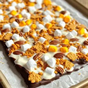 - 2 cups dark chocolate chips - 1 cup white chocolate chips - 1 teaspoon pumpkin spice blend - 1/2 cup brewed espresso or strong coffee, cooled - 1/4 cup crushed graham crackers - 1/4 cup mini marshmallows - 1 tablespoon coconut oil - 1/4 cup chopped pecans (optional) When I make Pumpkin Spice Latte Bark, I focus on quality ingredients. This ensures each bite is rich and tasty. Use dark chocolate chips that are at least 60% cocoa for a deeper flavor. The white chocolate should be creamy and smooth. Include images of each ingredient to help you pick the best ones. Look for glossy chocolate chips and fresh graham crackers. When choosing coffee, opt for a strong brew that you enjoy drinking. Correct measuring is key in baking. Use dry measuring cups for solids and liquid measuring cups for liquids. If you don’t have espresso, strong brewed coffee works well. You can also use non-dairy chocolate chips for a vegan option. If you want a nut-free bark, skip the pecans. - Line the baking sheet with parchment paper. - In a microwave-safe bowl, combine dark chocolate chips and coconut oil. First, you take your baking sheet. Line it with parchment paper. This step helps the bark come off easily later. Next, grab a microwave-safe bowl. Add the dark chocolate chips and coconut oil into the bowl. - Microwave melting technique for dark chocolate. - Creating an even chocolate layer. Now, you need to melt the chocolate. Microwave it in 30-second bursts. After each burst, stir the chocolate. Repeat this until it is smooth. Be careful not to overheat it, or it will burn. Once melted, pour it onto the lined baking sheet. Use a spatula to spread it evenly. Aim for about a 1/4 inch thick layer. - Pouring white chocolate and toppings. - Setting the pumpkin spice latte bark. Next, it's time for the white chocolate. In another bowl, melt the white chocolate chips the same way as before. Then, mix in the brewed espresso and pumpkin spice blend. Pour this white chocolate over the dark layer. Use your spatula again to spread it evenly. Now, sprinkle the crushed graham crackers, mini marshmallows, and chopped pecans on top. Press them down lightly so they stick. Finally, return the baking sheet to the fridge. Let it chill for about 30 minutes or until fully set. After setting, you can break the bark into pieces. Enjoy your treat! For the full recipe, you can check [Full Recipe]. To get a smooth chocolate layer, start by using good quality chocolate chips. Melt the dark chocolate and coconut oil together in the microwave. Stir every 30 seconds until smooth. This helps avoid lumps. For even topping distribution, pour the white chocolate mixture gently over the dark layer. Use a spatula to spread it out evenly. Sprinkle your toppings while the chocolate is still warm. This helps them stick well. One common mistake is overheating chocolate. If you heat it too long, it can seize up. Always use short bursts in the microwave. Stir often for the best results. Another mistake is not cooling the coffee enough. If the coffee is hot, it can cause the white chocolate to melt too much. Make sure it is cooled before mixing with the chocolate. To serve the bark, break it into uneven pieces. This gives it a rustic look. Place it on a nice platter or in a jar for a fun display. Pair your pumpkin spice latte bark with warm drinks. It goes well with coffee or hot cocoa. You can also enjoy it with a scoop of vanilla ice cream for a tasty treat. For the full recipe, check out the steps to create this delightful fall dessert. {{image_2}} You can make pumpkin spice latte bark your own with different flavors. Try adding spices like nutmeg or cinnamon for a warm kick. You can also mix in some vanilla extract for a sweet twist. Want to add some crunch? Toss in nuts like almonds or walnuts. Dried fruits like cranberries or cherries can add a chewy texture. These small changes can make a big impact. If you need a vegan option, switch the chocolate to dairy-free chips. Use coconut milk instead of regular milk in the espresso. This way, everyone can enjoy the bark. Need a gluten-free version? Just skip the graham crackers or use gluten-free ones. You can still have a delicious treat without the gluten. Make your bark festive by adding holiday-themed toppings. You could use red and green sprinkles for Christmas. Try adding crushed peppermint for a fresh flavor. For fall, switch to chai spice or apple pie spice for a new taste. These seasonal spices can add a fun twist to your pumpkin spice latte bark. For the complete recipe, check out the [Full Recipe]. To keep your pumpkin spice latte bark fresh, use an airtight container. This will lock in flavors and keep it tasty. Line the container with parchment paper for extra protection. Avoid storing it in a warm place. Heat can melt the chocolate and ruin the texture. In the fridge, your pumpkin spice latte bark lasts about a week. After that, it may lose flavor and texture. Watch for signs of spoilage. If you see any white spots or it smells off, it’s time to toss it. You can freeze pumpkin spice latte bark for longer storage. Cut it into pieces before freezing. Place the pieces in a single layer on a baking sheet. Once frozen, transfer them to an airtight container. For the best taste, thaw it in the fridge overnight before serving. This keeps the texture smooth and creamy. What is pumpkin spice latte bark? Pumpkin spice latte bark is a sweet treat that blends chocolate and coffee flavors. It has layers of dark and white chocolate, mixed with pumpkin spice. This bark is perfect for fall and brings cozy vibes with every bite. Where can I buy pre-made Pumpkin Spice Latte Bark? You can find pre-made pumpkin spice latte bark at specialty candy shops or local bakeries. Some online retailers also sell it during the fall season. Look for brands that focus on seasonal treats for the best options. What to do if the chocolate won’t melt smoothly? If your chocolate doesn't melt smoothly, try two things. First, check your microwave power. Heat it in shorter intervals. Second, add a tiny bit of coconut oil to help it melt better. This will keep the chocolate creamy. How to fix bark that didn’t set correctly? If your bark didn't set, it may need more chill time. Place it in the fridge for another 15 to 30 minutes. If still soft, it may need more chocolate or a thicker layer. Ensure even layers for better results next time. How to serve pumpkin spice latte bark at gatherings? For gatherings, break the bark into pieces and arrange them on a nice platter. Add small labels if desired. You can also serve it with coffee or warm drinks to enhance the pumpkin spice flavor. Can I make this recipe ahead of time for events? Yes, you can make pumpkin spice latte bark ahead of time. It stays fresh in an airtight container for up to a week. Just make sure it is completely set before storing. This way, you can enjoy more time with your guests. This blog post covered how to make delicious pumpkin spice latte bark. You learned about the right ingredients, measuring techniques, and step-by-step instructions. We also talked about tips to avoid common mistakes and creative variations. Proper storage methods and answers to FAQs help you enjoy your bark longer. Now, you can dive into making this treat. With your new skills, impress your friends or enjoy it yourself. Have fun creating and sharing your pumpkin spice latte bark!