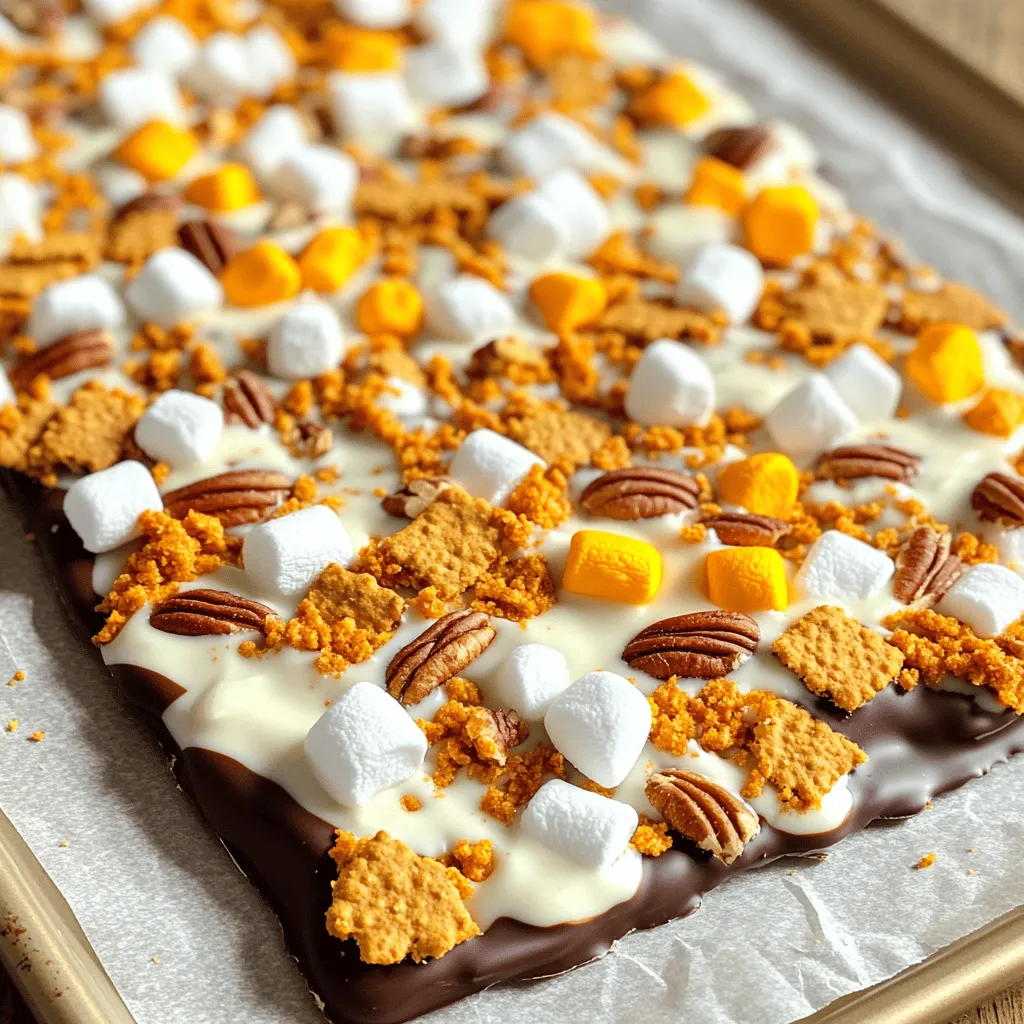 - 2 cups dark chocolate chips - 1 cup white chocolate chips - 1 teaspoon pumpkin spice blend - 1/2 cup brewed espresso or strong coffee, cooled - 1/4 cup crushed graham crackers - 1/4 cup mini marshmallows - 1 tablespoon coconut oil - 1/4 cup chopped pecans (optional) When I make Pumpkin Spice Latte Bark, I focus on quality ingredients. This ensures each bite is rich and tasty. Use dark chocolate chips that are at least 60% cocoa for a deeper flavor. The white chocolate should be creamy and smooth. Include images of each ingredient to help you pick the best ones. Look for glossy chocolate chips and fresh graham crackers. When choosing coffee, opt for a strong brew that you enjoy drinking. Correct measuring is key in baking. Use dry measuring cups for solids and liquid measuring cups for liquids. If you don’t have espresso, strong brewed coffee works well. You can also use non-dairy chocolate chips for a vegan option. If you want a nut-free bark, skip the pecans. - Line the baking sheet with parchment paper. - In a microwave-safe bowl, combine dark chocolate chips and coconut oil. First, you take your baking sheet. Line it with parchment paper. This step helps the bark come off easily later. Next, grab a microwave-safe bowl. Add the dark chocolate chips and coconut oil into the bowl. - Microwave melting technique for dark chocolate. - Creating an even chocolate layer. Now, you need to melt the chocolate. Microwave it in 30-second bursts. After each burst, stir the chocolate. Repeat this until it is smooth. Be careful not to overheat it, or it will burn. Once melted, pour it onto the lined baking sheet. Use a spatula to spread it evenly. Aim for about a 1/4 inch thick layer. - Pouring white chocolate and toppings. - Setting the pumpkin spice latte bark. Next, it's time for the white chocolate. In another bowl, melt the white chocolate chips the same way as before. Then, mix in the brewed espresso and pumpkin spice blend. Pour this white chocolate over the dark layer. Use your spatula again to spread it evenly. Now, sprinkle the crushed graham crackers, mini marshmallows, and chopped pecans on top. Press them down lightly so they stick. Finally, return the baking sheet to the fridge. Let it chill for about 30 minutes or until fully set. After setting, you can break the bark into pieces. Enjoy your treat! For the full recipe, you can check [Full Recipe]. To get a smooth chocolate layer, start by using good quality chocolate chips. Melt the dark chocolate and coconut oil together in the microwave. Stir every 30 seconds until smooth. This helps avoid lumps. For even topping distribution, pour the white chocolate mixture gently over the dark layer. Use a spatula to spread it out evenly. Sprinkle your toppings while the chocolate is still warm. This helps them stick well. One common mistake is overheating chocolate. If you heat it too long, it can seize up. Always use short bursts in the microwave. Stir often for the best results. Another mistake is not cooling the coffee enough. If the coffee is hot, it can cause the white chocolate to melt too much. Make sure it is cooled before mixing with the chocolate. To serve the bark, break it into uneven pieces. This gives it a rustic look. Place it on a nice platter or in a jar for a fun display. Pair your pumpkin spice latte bark with warm drinks. It goes well with coffee or hot cocoa. You can also enjoy it with a scoop of vanilla ice cream for a tasty treat. For the full recipe, check out the steps to create this delightful fall dessert. {{image_2}} You can make pumpkin spice latte bark your own with different flavors. Try adding spices like nutmeg or cinnamon for a warm kick. You can also mix in some vanilla extract for a sweet twist. Want to add some crunch? Toss in nuts like almonds or walnuts. Dried fruits like cranberries or cherries can add a chewy texture. These small changes can make a big impact. If you need a vegan option, switch the chocolate to dairy-free chips. Use coconut milk instead of regular milk in the espresso. This way, everyone can enjoy the bark. Need a gluten-free version? Just skip the graham crackers or use gluten-free ones. You can still have a delicious treat without the gluten. Make your bark festive by adding holiday-themed toppings. You could use red and green sprinkles for Christmas. Try adding crushed peppermint for a fresh flavor. For fall, switch to chai spice or apple pie spice for a new taste. These seasonal spices can add a fun twist to your pumpkin spice latte bark. For the complete recipe, check out the [Full Recipe]. To keep your pumpkin spice latte bark fresh, use an airtight container. This will lock in flavors and keep it tasty. Line the container with parchment paper for extra protection. Avoid storing it in a warm place. Heat can melt the chocolate and ruin the texture. In the fridge, your pumpkin spice latte bark lasts about a week. After that, it may lose flavor and texture. Watch for signs of spoilage. If you see any white spots or it smells off, it’s time to toss it. You can freeze pumpkin spice latte bark for longer storage. Cut it into pieces before freezing. Place the pieces in a single layer on a baking sheet. Once frozen, transfer them to an airtight container. For the best taste, thaw it in the fridge overnight before serving. This keeps the texture smooth and creamy. What is pumpkin spice latte bark? Pumpkin spice latte bark is a sweet treat that blends chocolate and coffee flavors. It has layers of dark and white chocolate, mixed with pumpkin spice. This bark is perfect for fall and brings cozy vibes with every bite. Where can I buy pre-made Pumpkin Spice Latte Bark? You can find pre-made pumpkin spice latte bark at specialty candy shops or local bakeries. Some online retailers also sell it during the fall season. Look for brands that focus on seasonal treats for the best options. What to do if the chocolate won’t melt smoothly? If your chocolate doesn't melt smoothly, try two things. First, check your microwave power. Heat it in shorter intervals. Second, add a tiny bit of coconut oil to help it melt better. This will keep the chocolate creamy. How to fix bark that didn’t set correctly? If your bark didn't set, it may need more chill time. Place it in the fridge for another 15 to 30 minutes. If still soft, it may need more chocolate or a thicker layer. Ensure even layers for better results next time. How to serve pumpkin spice latte bark at gatherings? For gatherings, break the bark into pieces and arrange them on a nice platter. Add small labels if desired. You can also serve it with coffee or warm drinks to enhance the pumpkin spice flavor. Can I make this recipe ahead of time for events? Yes, you can make pumpkin spice latte bark ahead of time. It stays fresh in an airtight container for up to a week. Just make sure it is completely set before storing. This way, you can enjoy more time with your guests. This blog post covered how to make delicious pumpkin spice latte bark. You learned about the right ingredients, measuring techniques, and step-by-step instructions. We also talked about tips to avoid common mistakes and creative variations. Proper storage methods and answers to FAQs help you enjoy your bark longer. Now, you can dive into making this treat. With your new skills, impress your friends or enjoy it yourself. Have fun creating and sharing your pumpkin spice latte bark!