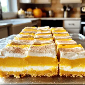 - 1 cup pumpkin puree - 1 cup granulated sugar - ½ cup brown sugar, packed - 1 cup vegetable oil - 4 large eggs - 2 cups all-purpose flour - 1 tsp baking powder - 1 tsp baking soda - 1 tsp ground cinnamon - ½ tsp ground nutmeg - ½ tsp salt - ½ tsp ground ginger The main ingredients for pumpkin bars create a soft, moist texture. The pumpkin puree brings a rich, earthy flavor. The combination of granulated sugar and brown sugar gives sweetness and depth. Vegetable oil keeps the bars moist and tender. Adding eggs helps bind everything together. - 8 oz cream cheese, softened - ½ cup unsalted butter, softened - 2 cups powdered sugar - 1 tsp vanilla extract - 1-2 tbsp milk (as needed for consistency) For the cream cheese frosting, I use cream cheese and butter for a rich taste. The powdered sugar gives it sweetness and helps it stay thick. Vanilla extract adds a lovely aroma. If the frosting is too thick, adding milk makes it just right. - Chopped nuts - Ground cinnamon Adding toppings is a fun way to enhance your bars. Chopped nuts offer a nice crunch and flavor. A sprinkle of ground cinnamon on top enhances the pumpkin flavor and looks pretty. You can find the full recipe to make these delicious pumpkin bars with cream cheese frosting. Enjoy! - Preheat your oven to 350°F (175°C). - Grease and line a 9x13-inch baking pan with parchment paper. - In a large bowl, combine 1 cup of pumpkin puree, 1 cup of granulated sugar, ½ cup of brown sugar, and 1 cup of vegetable oil. Mix until it looks smooth. - Add 4 large eggs, one at a time. Make sure to mix well after each egg. - In another bowl, whisk together 2 cups of all-purpose flour, 1 tsp of baking powder, 1 tsp of baking soda, and your spices: 1 tsp of ground cinnamon, ½ tsp of ground nutmeg, ½ tsp of salt, and ½ tsp of ground ginger. - Gradually add the dry mix to the wet mix. Stir gently until just combined to keep the bars soft. - Pour the batter into the prepared pan and spread it out evenly. - Bake in the preheated oven for about 25-30 minutes. Check if a toothpick comes out clean from the center. - Once baked, take the pan out and let it cool completely on a wire rack. - For the cream cheese frosting, beat 8 oz of softened cream cheese and ½ cup of unsalted butter in a bowl until creamy. Gradually mix in 2 cups of powdered sugar and 1 tsp of vanilla extract. Add milk if the frosting is too thick. - Once the bars have cooled, spread the frosting on top. To make the best pumpkin bars, I recommend using fresh pumpkin puree instead of canned. Fresh pumpkin gives a richer taste. It also adds a nice texture. You can roast the pumpkin, scoop out the flesh, and blend it until smooth. This simple step makes a big difference. Another tip is to opt for high-quality vanilla extract. It enhances the flavor of your bars. The better the vanilla, the better your bars will taste. Look for pure vanilla extract rather than imitation. Your taste buds will thank you! When mixing your batter, do not overmix it. Overmixing can lead to tough bars. Just mix until the ingredients are combined. You want a soft and fluffy texture. Also, ensure the bars are completely cool before frosting. If they are warm, the frosting will melt. This can make a mess. Let the bars sit for at least 30 minutes after baking. This way, you get a perfect creamy layer on top. These pumpkin bars are best served chilled. The coolness pairs well with the sweet frosting. You can keep them in the fridge for a few hours before serving. I love to pair these bars with a warm beverage like chai or coffee. The spices in both the bars and drinks complement each other. It’s a cozy treat for any occasion. For the full recipe, check out the detailed instructions above! {{image_2}} You can easily change the flavor of these pumpkin bars. Consider adding chocolate chips. They give a sweet twist that many love. You can also add nuts for a nice crunch. Chopped walnuts or pecans work well. They add texture and flavor. If you need a gluten-free option, it's simple. Just replace all-purpose flour with gluten-free flour. This swap keeps the bars soft and tasty. Make sure to check the label for a blend that works well in baking. For those who want a dairy-free treat, you can make a few changes. Substitute cream cheese with a dairy-free alternative. Brands like cashew or soy cream cheese are great options. You can still enjoy the rich flavor without dairy. These variations let everyone enjoy these delicious pumpkin bars with cream cheese frosting. Try them out and see what you like best! For the full recipe, check out the detailed instructions above! To keep your pumpkin bars fresh, store them in an airtight container at room temperature for up to 3 days. This way, they stay soft and tasty, making them perfect for snacks or dessert. For longer storage, refrigerate the bars for up to a week. If you want to keep them even longer, you can freeze them. Wrap the bars tightly in plastic wrap or foil. They will stay good in the freezer for up to 3 months. When you are ready to enjoy the frozen bars, thaw them in the refrigerator overnight before serving. This method keeps the bars moist and delicious, ensuring you get the best flavor possible. For the full recipe, check out the earlier section! Yes, fresh pumpkin puree can be used as a substitute. To make fresh puree, roast or steam your pumpkin until soft. Then, scoop out the flesh and blend it until smooth. This gives your bars a vibrant flavor and texture. Using fresh pumpkin adds a unique twist to the classic recipe. They can last up to a week in the refrigerator. Make sure to store them in an airtight container. This keeps them moist and fresh. You can also freeze the bars for longer storage. Just wrap them tightly in plastic wrap and then foil. Add milk, one tablespoon at a time, until the desired consistency is achieved. This will help you spread the frosting easily. If it becomes too thin, just add a little more powdered sugar to thicken it back up. A smooth frosting makes the bars look more appealing. Yes, they can be baked and frosted the day before serving. This can save you time and stress. Just cover them well before refrigerating. When you serve them, they'll still be delicious and fresh. For the full recipe, check out the details above. Pumpkin bars are a tasty treat with rich flavors. You learned about key ingredients like pumpkin puree and cream cheese for frosting. Follow the easy steps to bake and frost your bars perfectly. Remember tips to avoid common mistakes and explore fun variations. Store them well for long-lasting enjoyment. Enjoy your delicious creation, whether it’s a cozy night in or a festive gathering. Dive in, share them with others, and enjoy every bite!