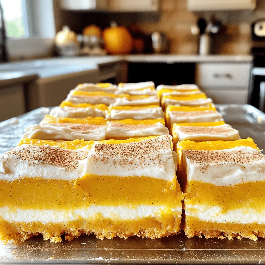 - 1 cup pumpkin puree - 1 cup granulated sugar - ½ cup brown sugar, packed - 1 cup vegetable oil - 4 large eggs - 2 cups all-purpose flour - 1 tsp baking powder - 1 tsp baking soda - 1 tsp ground cinnamon - ½ tsp ground nutmeg - ½ tsp salt - ½ tsp ground ginger The main ingredients for pumpkin bars create a soft, moist texture. The pumpkin puree brings a rich, earthy flavor. The combination of granulated sugar and brown sugar gives sweetness and depth. Vegetable oil keeps the bars moist and tender. Adding eggs helps bind everything together. - 8 oz cream cheese, softened - ½ cup unsalted butter, softened - 2 cups powdered sugar - 1 tsp vanilla extract - 1-2 tbsp milk (as needed for consistency) For the cream cheese frosting, I use cream cheese and butter for a rich taste. The powdered sugar gives it sweetness and helps it stay thick. Vanilla extract adds a lovely aroma. If the frosting is too thick, adding milk makes it just right. - Chopped nuts - Ground cinnamon Adding toppings is a fun way to enhance your bars. Chopped nuts offer a nice crunch and flavor. A sprinkle of ground cinnamon on top enhances the pumpkin flavor and looks pretty. You can find the full recipe to make these delicious pumpkin bars with cream cheese frosting. Enjoy! - Preheat your oven to 350°F (175°C). - Grease and line a 9x13-inch baking pan with parchment paper. - In a large bowl, combine 1 cup of pumpkin puree, 1 cup of granulated sugar, ½ cup of brown sugar, and 1 cup of vegetable oil. Mix until it looks smooth. - Add 4 large eggs, one at a time. Make sure to mix well after each egg. - In another bowl, whisk together 2 cups of all-purpose flour, 1 tsp of baking powder, 1 tsp of baking soda, and your spices: 1 tsp of ground cinnamon, ½ tsp of ground nutmeg, ½ tsp of salt, and ½ tsp of ground ginger. - Gradually add the dry mix to the wet mix. Stir gently until just combined to keep the bars soft. - Pour the batter into the prepared pan and spread it out evenly. - Bake in the preheated oven for about 25-30 minutes. Check if a toothpick comes out clean from the center. - Once baked, take the pan out and let it cool completely on a wire rack. - For the cream cheese frosting, beat 8 oz of softened cream cheese and ½ cup of unsalted butter in a bowl until creamy. Gradually mix in 2 cups of powdered sugar and 1 tsp of vanilla extract. Add milk if the frosting is too thick. - Once the bars have cooled, spread the frosting on top. To make the best pumpkin bars, I recommend using fresh pumpkin puree instead of canned. Fresh pumpkin gives a richer taste. It also adds a nice texture. You can roast the pumpkin, scoop out the flesh, and blend it until smooth. This simple step makes a big difference. Another tip is to opt for high-quality vanilla extract. It enhances the flavor of your bars. The better the vanilla, the better your bars will taste. Look for pure vanilla extract rather than imitation. Your taste buds will thank you! When mixing your batter, do not overmix it. Overmixing can lead to tough bars. Just mix until the ingredients are combined. You want a soft and fluffy texture. Also, ensure the bars are completely cool before frosting. If they are warm, the frosting will melt. This can make a mess. Let the bars sit for at least 30 minutes after baking. This way, you get a perfect creamy layer on top. These pumpkin bars are best served chilled. The coolness pairs well with the sweet frosting. You can keep them in the fridge for a few hours before serving. I love to pair these bars with a warm beverage like chai or coffee. The spices in both the bars and drinks complement each other. It’s a cozy treat for any occasion. For the full recipe, check out the detailed instructions above! {{image_2}} You can easily change the flavor of these pumpkin bars. Consider adding chocolate chips. They give a sweet twist that many love. You can also add nuts for a nice crunch. Chopped walnuts or pecans work well. They add texture and flavor. If you need a gluten-free option, it's simple. Just replace all-purpose flour with gluten-free flour. This swap keeps the bars soft and tasty. Make sure to check the label for a blend that works well in baking. For those who want a dairy-free treat, you can make a few changes. Substitute cream cheese with a dairy-free alternative. Brands like cashew or soy cream cheese are great options. You can still enjoy the rich flavor without dairy. These variations let everyone enjoy these delicious pumpkin bars with cream cheese frosting. Try them out and see what you like best! For the full recipe, check out the detailed instructions above! To keep your pumpkin bars fresh, store them in an airtight container at room temperature for up to 3 days. This way, they stay soft and tasty, making them perfect for snacks or dessert. For longer storage, refrigerate the bars for up to a week. If you want to keep them even longer, you can freeze them. Wrap the bars tightly in plastic wrap or foil. They will stay good in the freezer for up to 3 months. When you are ready to enjoy the frozen bars, thaw them in the refrigerator overnight before serving. This method keeps the bars moist and delicious, ensuring you get the best flavor possible. For the full recipe, check out the earlier section! Yes, fresh pumpkin puree can be used as a substitute. To make fresh puree, roast or steam your pumpkin until soft. Then, scoop out the flesh and blend it until smooth. This gives your bars a vibrant flavor and texture. Using fresh pumpkin adds a unique twist to the classic recipe. They can last up to a week in the refrigerator. Make sure to store them in an airtight container. This keeps them moist and fresh. You can also freeze the bars for longer storage. Just wrap them tightly in plastic wrap and then foil. Add milk, one tablespoon at a time, until the desired consistency is achieved. This will help you spread the frosting easily. If it becomes too thin, just add a little more powdered sugar to thicken it back up. A smooth frosting makes the bars look more appealing. Yes, they can be baked and frosted the day before serving. This can save you time and stress. Just cover them well before refrigerating. When you serve them, they'll still be delicious and fresh. For the full recipe, check out the details above. Pumpkin bars are a tasty treat with rich flavors. You learned about key ingredients like pumpkin puree and cream cheese for frosting. Follow the easy steps to bake and frost your bars perfectly. Remember tips to avoid common mistakes and explore fun variations. Store them well for long-lasting enjoyment. Enjoy your delicious creation, whether it’s a cozy night in or a festive gathering. Dive in, share them with others, and enjoy every bite!