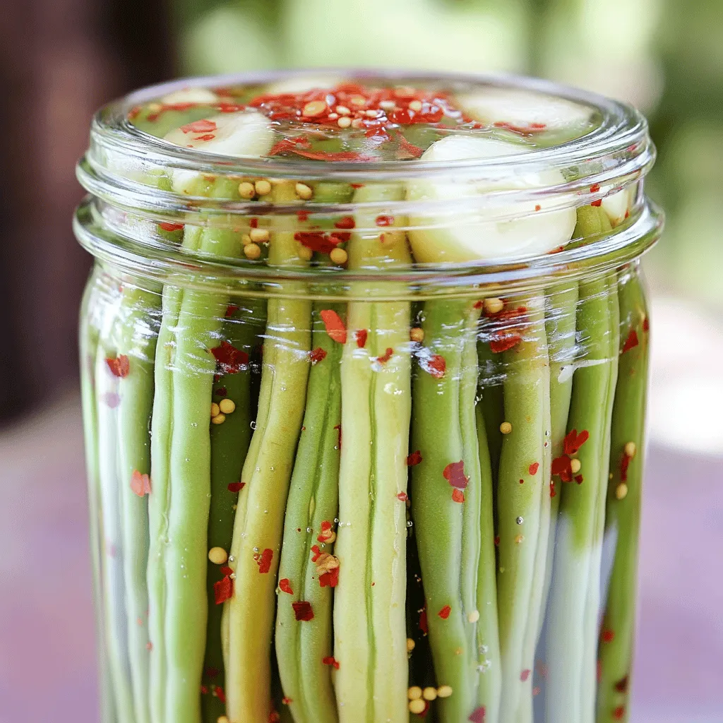 To make quick pickled green beans, you'll need the following items: - 1 pound fresh green beans, trimmed - 1 cup white vinegar - 1 cup water - 1 tablespoon granulated sugar - 1 tablespoon sea salt - 2 cloves garlic, sliced - 1 teaspoon red pepper flakes - 1 teaspoon mustard seeds - ½ teaspoon black peppercorns These ingredients blend together to create a zesty brine that gives the green beans a bright flavor and crunch. You don’t need fancy gadgets for this recipe. Here’s what I recommend: - Medium saucepan - Measuring cups and spoons - Stirring spoon - Clean, sterilized jars with lids - Cutting board and knife Having the right tools makes the process smoother and more fun. Feel free to get creative! Here are some optional ingredients you might try: - Fresh dill for a herby taste - Sliced jalapeños for extra heat - Carrots or radishes for added crunch These options let you personalize your pickles to fit your taste. The full recipe gives you a great starting point. Enjoy making your own quick pickled green beans! To start, rinse your fresh green beans under cold water. This removes dirt and helps keep them crisp. Trim off the ends with a sharp knife. I like to set the trimmed beans aside in a bowl. This makes the next steps easier. In a medium saucepan, mix one cup of white vinegar with one cup of water. Then, add one tablespoon of granulated sugar and one tablespoon of sea salt. Slice two cloves of garlic and toss them in the pot. For some heat, add one teaspoon of red pepper flakes and one teaspoon of mustard seeds. Finally, include half a teaspoon of black peppercorns. Stir the mix well. Place the saucepan over medium heat. Bring it to a simmer while stirring until the sugar and salt dissolve. After this, let the brine cool for about ten minutes. While the brine cools, take clean jars and pack the green beans upright. This helps with style and makes them look nice. Once the brine is cool, pour it over the green beans. Make sure they are fully covered. Seal the jars with lids and place them in the fridge. Let the green beans pickle for at least four hours. For best flavor, wait a full day. For the full recipe, check out the earlier section. To get that perfect crunch in your pickled green beans, choose fresh, firm beans. Look for bright green color and no soft spots. Trim the ends, but keep the beans long. This helps them stay crisp when you pack them in jars. You can also blanch them for one minute in boiling water. This quick step helps to lock in the crunch. After blanching, plunge them into ice water to stop the cooking process. One common mistake is not cooling the brine enough before pouring it over the beans. Hot brine can make the beans soft. Also, do not skip the salt. It helps with flavor and crunch. Make sure to pack the beans tightly in the jars but not too tight. They need some room for the brine to flow around them. Lastly, avoid using old beans. Fresh ones make a big difference in taste and texture. You can boost the flavor of your pickled green beans by adding spices. Try adding a bay leaf or some dill for a fresh twist. If you like heat, toss in more red pepper flakes. For a sweet touch, add a slice of ginger or even some sliced shallots. Experiment with these extras to find your favorite mix. Using the full recipe will help you see how these changes can elevate your dish. {{image_2}} Want some heat? Add more red pepper flakes to the brine. You can also include sliced fresh jalapeños. This will give your green beans a spicy kick. Adjust the spice level to match your taste. I find that a little heat makes every bite exciting. For a sweet twist, add extra sugar. Use honey or maple syrup for a different flavor. You can also mix in some sliced onions to add depth. This blend balances the tartness of vinegar and gives a rich taste. Sweet and sour green beans are a fun snack or side dish. You can infuse your green beans with fresh herbs. Try dill, thyme, or basil for a fresh taste. Add these herbs to the brine before heating. They will bring a lovely aroma and flavor to your pickled beans. This variation is great for those who love herbal notes in their food. These variations let you explore new flavors while keeping that crunchy texture. You can find all the details in the full recipe. To keep your pickled green beans fresh, store them in the fridge. Make sure they stay in a clean, sealed jar. The beans should stay covered with the brine. This helps keep them crunchy. Always use a clean utensil to take beans out. This stops germs from getting in. Quick pickled green beans can last for about two weeks in the fridge. After that, their taste and texture may change. For the best flavor, try to eat them within a week. If you want to keep them longer, consider canning them. Canned beans can last for months when stored in a cool, dark place. Check for a few signs before eating your pickled green beans. If you see mold or the brine changes color, it's time to toss them. A bad smell can also be a sign of spoilage. If the beans are mushy or have an off taste, do not eat them. Always trust your senses. Quick pickled green beans last for about two weeks in the refrigerator. Store them in a tightly sealed jar. The brine helps keep them fresh. After a week, they taste even better as the flavors meld. If you notice any off smells, it’s best to toss them out. Yes, you can reuse the brine for other pickling. However, it’s best to use it only once. The flavor will change with each use, but it can work well for other vegetables. Just make sure to strain out any bits of garlic or spices before reusing. Quick pickled green beans add a nice crunch to many dishes. They work great in salads, tacos, or grain bowls. You can also serve them as a side or snack. Their tangy flavor complements grilled meats and fish. Try them on a charcuterie board for added color and zest! Quick pickled green beans are simple and fun to make. You learned the basics, from essential ingredients to helpful tips for crunch. We discussed variations to suit your taste, and storage tips to keep them fresh. Remember, avoid common mistakes to ensure great flavor and texture. Enjoy exploring new flavors and dishes that pair well with your pickled beans. You now have the know-how to create delicious snacks or sides anytime. Get started today, and happy pickling!