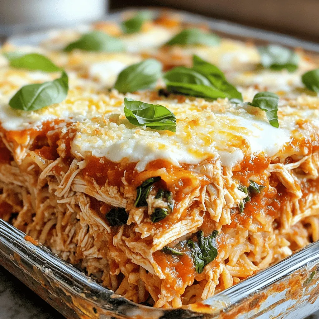 This dish features several key ingredients that bring flavor and nutrition. Here’s what you need for the High Protein Chicken Parmesan Casserole: - 2 cups cooked, shredded chicken breast - 1 cup whole wheat pasta (such as penne or fusilli) - 2 cups marinara sauce (low-sugar) - 1 cup ricotta cheese - 1 cup shredded mozzarella cheese - 1/2 cup grated Parmesan cheese - 2 cups fresh spinach, chopped - 2 teaspoons Italian seasoning - 1 teaspoon garlic powder - Salt and pepper to taste - Fresh basil leaves for garnish (optional) These ingredients create a tasty and filling meal that is also high in protein. Each ingredient in this casserole adds to your health. - Shredded chicken breast: This is a great source of lean protein. Protein helps build and repair muscles. - Whole wheat pasta: It has more fiber than white pasta. Fiber aids digestion and keeps you full. - Low-sugar marinara sauce: This adds flavor without too much sugar. It is also rich in vitamins. - Ricotta cheese: It adds protein and calcium, which is good for bones. - Mozzarella cheese: This cheese is lower in fat than others. It melts well and adds taste. - Parmesan cheese: It adds a savory flavor and provides calcium. - Fresh spinach: Spinach is packed with vitamins and minerals. It supports overall health. - Italian seasoning and garlic powder: These herbs enhance flavor. They also have health benefits like boosting immunity. - Salt and pepper: These spices enhance taste. Use them in moderation. If you have specific dietary needs, you can easily swap some ingredients. - For gluten-free: Use gluten-free pasta instead of whole wheat pasta. - For dairy-free: Swap ricotta and mozzarella for plant-based cheese. - For a low-carb option: Replace pasta with zucchini noodles or cauliflower rice. - For added veggies: Include bell peppers, mushrooms, or broccoli for more nutrition. These alternatives keep the dish tasty while catering to different diets. You can find the [Full Recipe](#) for all the details on preparing this dish. First, gather all your ingredients. You will need cooked, shredded chicken, whole wheat pasta, and marinara sauce. Also, grab ricotta, mozzarella, Parmesan cheese, and spinach. Don't forget the Italian seasoning, garlic powder, salt, and pepper. 1. Preheat your oven to 375°F (190°C). 2. Cook the whole wheat pasta as directed on the package. You want it al dente. After cooking, drain the pasta and set it aside. 3. In a large bowl, mix the shredded chicken, pasta, marinara sauce, ricotta cheese, and chopped spinach. Add Italian seasoning, garlic powder, salt, and pepper. Stir everything well. 4. Transfer the chicken mixture into a greased 9x13 inch casserole dish. Spread it out evenly. 5. Now, sprinkle the shredded mozzarella and grated Parmesan cheese over the top. 6. Cover the dish with aluminum foil and bake for 25 minutes. 7. After 25 minutes, take off the foil. Bake for another 10-15 minutes until the cheese looks bubbly and golden. 8. Once finished, let it sit for about 5 minutes. This helps it set. When layering, start with the chicken mixture at the bottom. This keeps everything moist. Make sure your cheeses are even across the top. You can add more cheese if you love it cheesy! If you want extra flavor, try adding herbs or spices between layers. Enjoy your cooking! To boost protein in your casserole, try adding beans or lentils. These add texture and flavor. You can also use Greek yogurt instead of ricotta. It has more protein and keeps the dish creamy. Consider using chicken thighs instead of breast; they have higher protein and flavor. For a great cheese melt, use fresh mozzarella. It melts better than pre-shredded cheese. Mix the mozzarella with some Parmesan for a nice crust. When baking, cover the casserole for the first half. This keeps the moisture in. Uncover it later to let the cheese bubble and brown. If you need gluten-free, swap whole wheat pasta with rice or chickpea pasta. For a dairy-free option, use nut-based cheese or leave out the cheese. You can also use cashew cream for a creamy texture. Just remember to check labels for hidden dairy or gluten. {{image_2}} You can swap chicken for turkey breast. Turkey is lean and full of protein. You can also use shredded rotisserie chicken for a quick option. If you want more flavor, try using grilled chicken thighs. They add great taste and keep it juicy. To make this casserole vegetarian, replace chicken with cooked lentils. Lentils are high in protein and fiber. You can also use chickpeas for a nutty flavor. Add extra veggies like zucchini and bell peppers to boost nutrition and taste. For a spicy kick, add red pepper flakes to the sauce. You can also use spicy marinara for a bolder flavor. If you prefer herbs, mix in fresh herbs like thyme or rosemary. These herbs will enhance the taste and aroma of the dish. For a tangy twist, squeeze some lemon juice before serving. These variations make the high protein chicken parmesan casserole fun and flexible. You can enjoy it your way! For the full recipe, check out the section above. To store leftovers, let the casserole cool. Place it in an airtight container. You can also cover it tightly with plastic wrap or aluminum foil. This way, the flavors stay fresh. Store it in the fridge for up to three days. If you want to freeze your casserole, use a freezer-safe container. Wrap the dish tightly in plastic wrap first, then in foil. This helps prevent freezer burn. You can freeze it for up to three months. To reheat, let it thaw overnight in the fridge. Preheat your oven to 350°F (175°C). Bake it covered for about 25 minutes. Check if it’s heated through before serving. The casserole can last in the fridge for about three days. If you freeze it, it stays good for about three months. Always check for signs of spoilage before eating. If it smells off or looks strange, it’s best to throw it away. Enjoy the full recipe to make sure you have a delicious dish ready to go! Each serving of High Protein Chicken Parmesan Casserole has about 30 grams of protein. This comes from the chicken, ricotta, and mozzarella cheese. Chicken breast is high in protein, making it a great choice for this dish. The whole wheat pasta also adds some protein, though it is lower than the chicken and cheese. Yes, you can use different types of pasta in this casserole. Whole wheat pasta is best for added fiber. You can try gluten-free pasta if you wish. Other options include spiralized zucchini or spaghetti squash for a low-carb choice. Just make sure the pasta is cooked al dente to hold up in the casserole. To lower the calories, you can use less cheese or low-fat cheese. You can also swap the ricotta cheese with cottage cheese for fewer calories. Another option is to add more veggies to replace some pasta. For example, use extra spinach or add bell peppers and mushrooms. You can serve this casserole with a simple green salad. A side of steamed broccoli or roasted vegetables pairs well too. Garlic bread is a tasty option for a carb boost. A light vinaigrette can enhance the salad, balancing the rich flavors of the casserole. For more ideas, check out the Full Recipe! This blog post covered how to make a High Protein Chicken Parmesan Casserole. We explored its ingredients, health benefits, alternative options, and detailed cooking steps. I shared tips on enhancing protein and achieving the perfect cheese melt. We also looked at variations and proper storage methods. In summary, this dish is versatile, nutritious, and delicious. You can make it fit your needs while still keeping it flavorful and satisfying. Enjoy creating this dish for your meals!