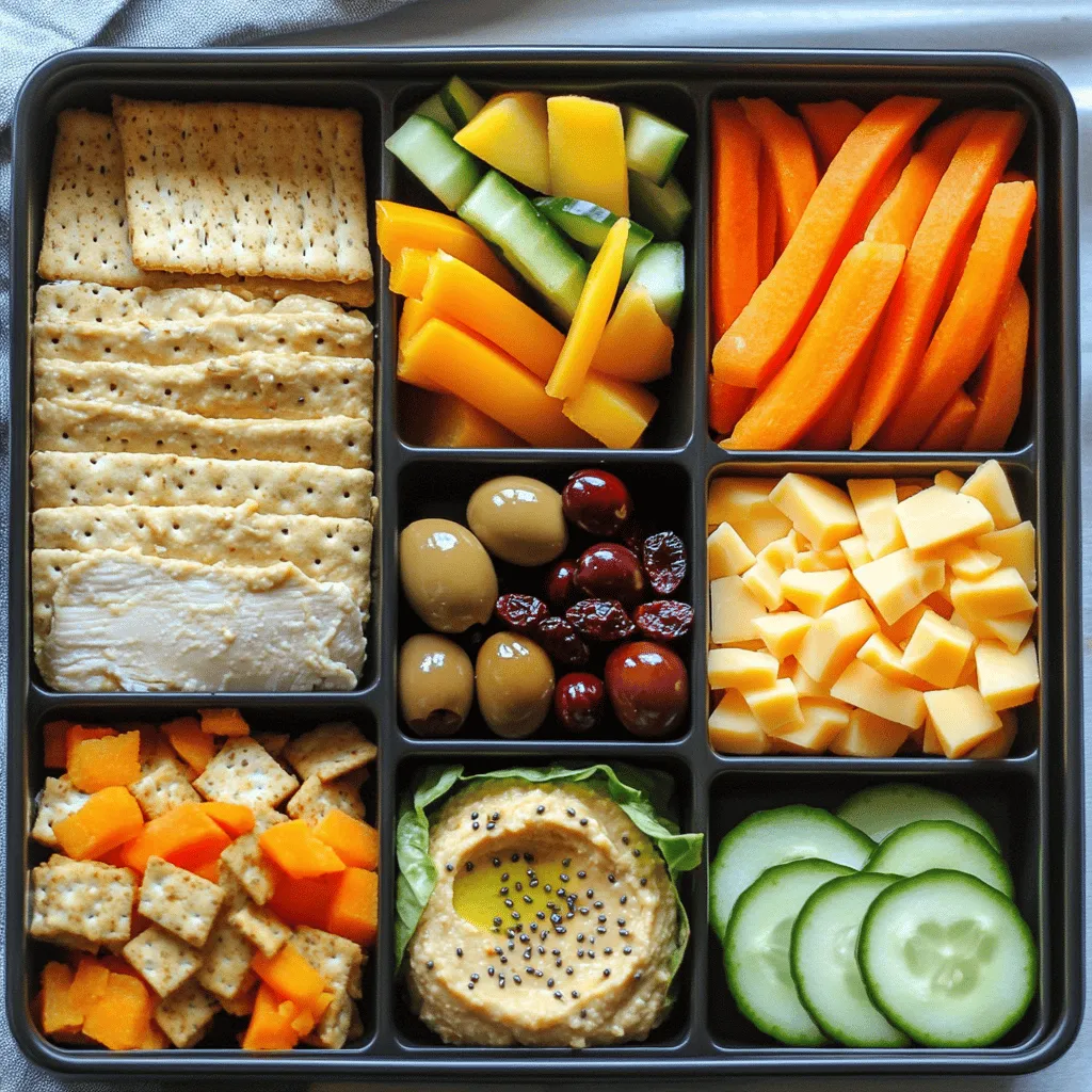 - 1 cup hummus (store-bought or homemade) - 1 cup mixed seasonal vegetables (carrot sticks, cucumber slices, bell pepper strips) - 1 cup sliced roasted chicken breast or turkey - 1 cup cheese (cubed cheddar, gouda, or a cheese of choice) - 1 cup whole grain crackers (or your favorite type) - ¼ cup olives (green or black, pitted) - ¼ cup dried fruit (such as apricots, apples, or cranberries) - 1 tablespoon chia seeds (for added crunch on veggies, optional) You can mix and match these ingredients. I often use seasonal veggies for freshness. Hummus serves as a great dip and adds flavor. You can choose a protein like chicken or turkey for a filling lunch. Cheese adds creaminess and pairs well with crackers. Whole grain crackers give a nice crunch and energy. Adding olives brings a burst of flavor. Dried fruit adds sweetness and texture. Chia seeds give a fun crunch to veggies. These options make your Adult Lunchable Bento Box tasty and fun! For the full recipe, refer to the [Full Recipe]. Start by gathering your bento box or meal prep containers. I recommend a 3-compartment bento box. This design lets you keep your food separate and fresh. It also makes meal prep simple and fun. Choose a container that seals well to avoid spills. Portion out mixed seasonal vegetables into one compartment. I like to use bright carrot sticks, crunchy cucumber slices, and colorful bell pepper strips. These choices add taste and visual appeal. To keep your veggies fresh and crunchy, store them in a cool place until you pack your lunch. You can even wrap them in a damp paper towel to retain moisture. In the second compartment, arrange sliced roasted chicken breast or turkey. If you prefer a vegetarian option, marinated chickpeas or edamame work well. Both options add protein and flavor. For a quick meal, make sure to slice the meat thinly. This helps with eating and keeps your bento box neat. In the third compartment, add cubed cheese. Cheddar and gouda pair nicely with the chicken or turkey. For a fun twist, try a cheese with a bold flavor. To keep cheese fresh in meal prep, pack it separately from other items. This prevents it from getting soggy or losing its texture. Fill a small section with whole grain crackers. Choose your favorite type, like seed-based crackers for extra crunch or whole wheat for fiber. To manage portion control, keep a small handful in the box. This way, you enjoy a satisfying snack without overdoing it. Add a handful of olives and a small portion of dried fruit, like apricots or cranberries, for visual appeal. Arrange them nicely for a fun look. If you want, use mini containers for dips like hummus or yogurt dressing. This adds flavor and makes your meal even more enjoyable. Follow these steps for the perfect Adult Lunchable Bento Box Meal Prep! You can find the full recipe for more ideas. To make meal prep quick, focus on batch cooking. Prepare all ingredients in one go. Set aside 15 minutes at the start of your week. Choose a day when you have a little extra time, like Sunday. This helps you gather all your supplies. Chop veggies and cook proteins ahead of time. Store them in airtight containers. This way, everything stays fresh and ready. When making your bento box, use a 3-compartment container. It allows for better organization of flavors and textures. You can even mix and match ingredients for variety. This keeps your meals exciting. To wow your eyes and taste, make your bento box colorful. Use different veggies to create a rainbow effect. Arrange them in neat rows or fun shapes. This can make even simple foods look gourmet. Colorful meals are more inviting and fun to eat. For a finishing touch, add small dips in mini containers. You can try honey mustard or a yogurt dressing. This adds flavor and makes your bento box pop. Always remember, a good presentation makes your meal more enjoyable. Dips can change the whole taste of your meal. Include hummus, guacamole, or tzatziki. These add creaminess and depth to your bento box. Don’t forget spices! Sprinkle some on your veggies or proteins. Try garlic powder or paprika for extra flavor. These small additions can elevate your meal. They make each bite more exciting. For the full recipe, check out Adult Lunchable Bento Box Meal Prep. {{image_2}} You can easily adapt the adult Lunchable bento box for different diets. For vegetarians and vegans, swap the chicken with marinated chickpeas or edamame. Both options pack in protein and flavor. If you need gluten-free options, choose rice cakes or gluten-free crackers. These alternatives keep your meal tasty and satisfying. Mixing flavors adds fun to your bento box. Try pairing hummus with sliced bell peppers for a crunchy snack. If you want something unique, add a sprinkle of smoked paprika to your veggies. This adds a nice touch. For an international twist, use fresh herbs like basil or cilantro. They brighten up your meal while giving it character. Using seasonal fruits and vegetables makes your bento box fresh and exciting. In spring, add strawberries or snap peas. Summer is perfect for cherry tomatoes and cucumbers. In fall, think apples and roasted squash. Winter brings hearty veggies like carrots and Brussels sprouts. Adjust your recipe throughout the year to keep it interesting. To keep your Adult Lunchable Bento Box fresh, store it in a sealed container. Use a bento box with compartments to separate the food. This helps maintain texture and flavor. The ideal temperature for your refrigerator is 32°F to 40°F (0°C to 4°C). This range slows spoilage and keeps ingredients crisp. Yes, you can freeze bento boxes, but not all ingredients freeze well. For best results, freeze only the proteins and some veggies. Avoid freezing creamy dips like hummus or cheese, as they can change texture. When ready to eat, thaw the box in the fridge overnight. This keeps food safe and tasty. Each ingredient in your bento box has its own shelf life: - Hummus: 4 to 7 days in the fridge. - Vegetables: 3 to 5 days, depending on the type. - Chicken or turkey: 3 to 4 days after cooking. - Cheese: 1 week after opening, if stored properly. - Crackers: Check the package for the best-by date. Watch for signs of spoilage like off smells or discoloration. When in doubt, throw it out! You can use several other spreads. Some popular options include: - Guacamole: Creamy and full of healthy fats. - Bean dip: This is protein-rich and flavorful. - Nut butter: Almond or cashew butter adds a sweet twist. - Yogurt dip: A tangy choice that pairs well with veggies. These alternatives cater to different dietary needs, making your bento box fun and varied. Absolutely! Fresh fruits add color and flavor. Here are a few ideas: - Apple slices: Crunchy and sweet, they pair well with cheese. - Grapes: Easy to grab and eat, plus they’re hydrating. - Berries: Strawberries or blueberries offer antioxidants and taste great. - Mandarin oranges: These are juicy and refreshing. Including fruits boosts your vitamins and can satisfy sweet cravings. To keep your veggies fresh, follow these tips: - Use airtight containers: This reduces moisture buildup. - Pat veggies dry: Remove excess water before packing. - Separate wet and dry items: Keep dips and moist items apart. - Add a paper towel: Place one in the container to absorb moisture. These simple steps help maintain crunch and freshness. You can keep your bento box in the fridge for up to four days. Here are some general guidelines for food safety: - Check the ingredients: Cooked proteins last about three to four days. - Fresh veggies: They can stay fresh for five days if stored correctly. - Dairy products: Cheese should also stay good for the same time frame. Always check for any signs of spoilage before eating. In this blog post, we covered how to create a healthy Adult Lunchable Bento Box. We discussed main ingredients like hummus, seasonal veggies, and protein options. I shared tips for assembling your bento box, including snacks and presentation ideas. You learned about storage practices to keep your lunch fresh. As you prepare your bento box, remember to enjoy experimenting with flavors and ingredients. This way, your meals will always be fun and delicious. With these ideas, you can make lunchtime exciting and healthy.